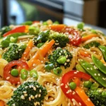 - 200g rice noodles - 2 tablespoons vegetable oil - 1 red bell pepper, sliced - 1 cup broccoli florets - 1 carrot, julienned - 1 cup snap peas - 2 green onions, sliced - 3 cloves garlic, minced - 1 tablespoon ginger, minced - 3 tablespoons soy sauce - 1 tablespoon sesame oil - 1 tablespoon maple syrup - Salt and pepper to taste - Sesame seeds for garnish Gathering these fresh ingredients is your first step. The rice noodles are the base of this dish. They cook quickly and soak up flavors well. The veggies add color and crunch. I love using red bell peppers, broccoli, carrots, and snap peas. They are not only tasty but also packed with nutrients. The garlic and ginger give a lovely aroma. Soy sauce adds saltiness, while sesame oil brings a nutty taste. Maple syrup sweetens the dish just a bit. You can adjust the salt and pepper to your liking. Finally, sesame seeds sprinkle nicely on top for a fun touch. This mix of flavors makes for a quick and easy meal. You will find that this recipe is not only simple but also delicious. For the full recipe, check out the cooking instructions. Enjoy the vibrant colors and tastes of your veggie stir fry noodles! First, cook the rice noodles as the package says. Usually, it takes about 5 to 7 minutes. You want them soft but not mushy. Once done, drain the noodles in a colander. Rinse them with cold water to stop the cooking. Set them aside for later. Next, heat the vegetable oil in a large pan or wok over medium-high heat. Add the minced garlic and ginger, and stir for about 30 seconds. You want them to smell great. Then, toss in the sliced red bell pepper, broccoli florets, julienned carrot, and snap peas. Stir-fry these veggies for 4 to 5 minutes. They should be tender but still crisp. This keeps them colorful and tasty. Now, pour in the soy sauce, sesame oil, and maple syrup. Stir well to coat the veggies. Add the cooked rice noodles to the pan. Toss everything together gently. Make sure the noodles mix well with the sauce and veggies. Season with salt and pepper to your taste. Once hot, remove the pan from the heat. Garnish with sliced green onions and sesame seeds. Enjoy your Easy Veggie Stir Fry Noodles! For more details, check the Full Recipe. To cook noodles just right, follow these steps: - Use plenty of water. A big pot helps noodles cook evenly. - Bring water to a rolling boil first. This keeps noodles from sticking. - Follow package time closely. Overcooking makes them mushy. - Rinse noodles in cold water after cooking. This stops the cooking process. By using these tips, your noodles will be tasty and firm. Choosing the right veggies makes your stir fry shine. Here are my favorites: - Bell peppers: They add color and sweetness. - Broccoli: This veggie gives a nice crunch. - Carrots: Julienne them for a pop of color. - Snap peas: They offer a fresh, sweet bite. - Green onions: They add a sharp flavor boost. Feel free to mix and match! Use what you love or have on hand. Seasonings can take your dish from good to great. Here’s how to boost flavor: - Soy sauce: It adds a salty, umami taste. - Sesame oil: Just a dash gives a nutty aroma. - Fresh garlic and ginger: They bring warmth and depth. - Maple syrup: A touch balances out saltiness. Try different combinations to find your perfect flavor. These tips will help you create a dish that tastes amazing every time. For a complete guide, check out the Full Recipe. {{image_2}} You can add protein to your veggie stir fry for a heartier meal. Tofu is a great choice. Use firm or extra-firm tofu for the best texture. Cut it into cubes and pan-fry until golden before you add the veggies. Chicken is another option. Slice it thinly for quick cooking. Add it to the pan after the garlic and ginger. Cook until it’s no longer pink. Shrimp cooks fast and adds a nice flavor. Toss in peeled shrimp when the veggies are almost done. Cook until they turn pink and opaque. If you need gluten-free noodles, choose rice noodles like in the recipe. They are easy to find and cook quickly. You can also use gluten-free soy sauce. Look for tamari, which is a good substitute. Another option is to try zucchini noodles. Spiralize fresh zucchini for a light, veggie-packed twist. They cook quickly and soak up the sauce well. The base recipe is already vegan-friendly! To keep it that way, ensure your soy sauce is free from animal products. For added richness, try adding a splash of coconut milk. It adds creaminess and a hint of sweetness. You can also throw in some nuts like cashews for crunch. For the full recipe, check the earlier section. Enjoy your cooking! After you enjoy your Easy Veggie Stir Fry Noodles, let them cool down. Place the leftovers in an airtight container. This keeps them fresh longer. Store the container in the fridge. You can keep them for up to three days. Make sure to label the container with the date. This way, you know when to eat them. When you're ready to eat your leftovers, reheating is easy. You can use a microwave or a pan. If using a microwave, place the noodles in a bowl. Add a splash of water to keep them moist. Heat for 1-2 minutes, stirring halfway. If using a pan, heat a small amount of oil. Add the noodles and stir until hot. This method helps keep the noodles from getting dry. You can freeze your Easy Veggie Stir Fry Noodles, but keep in mind they may lose some texture. Let the noodles cool completely before freezing. Place them in a freezer-safe bag or container. Remove as much air as possible to prevent freezer burn. They can be stored for up to three months. When you're ready to eat them, thaw overnight in the fridge. Reheat as mentioned above for the best result. Yes, you can! I love using different noodles for variety. You can try egg noodles, udon, or even soba noodles. Each type adds a unique taste and texture. Just cook them according to the package instructions. Keep in mind that cooking times may vary, so check to avoid mushy noodles. To add some heat, you can use red pepper flakes or sliced fresh chili. Adding sriracha or chili paste gives great flavor too. Start with a small amount and taste as you go. You can always add more if you want it spicier! If you need a substitute for soy sauce, try tamari for a gluten-free option. Coconut aminos work well too if you want a sweeter taste. You can also mix balsamic vinegar with a bit of water for a quick fix. Each option will change the flavor slightly, but they all work great in this dish. For the full recipe, check out Easy Veggie Stir Fry Noodles! This post covered a simple and tasty stir-fry recipe using rice noodles and fresh veggies. You learned about key ingredients, how to cook them, and tips for getting it just right. Don’t forget you can mix in proteins or try gluten-free options. Storage tips help you enjoy leftovers later. Make this dish your own by adjusting flavors or using different noodles. With these steps, you can create a delicious meal any time. Enjoy experimenting in your kitchen!