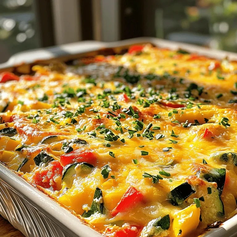 To make a veggie loaded breakfast casserole, you need: - 6 large eggs - 1 cup milk (or a dairy-free alternative) - 1 cup diced bell peppers (red, green, and yellow) - 1 cup diced zucchini - ½ cup chopped spinach - ½ cup diced red onion - 1 cup shredded cheese (cheddar or mozzarella) - 1 teaspoon garlic powder - 1 teaspoon onion powder - Salt and pepper to taste - 1 cup cooked and cooled quinoa (optional for extra protein) - Fresh herbs for garnish (like parsley or chives) You can switch up the veggies to suit your taste. Try using: - Cherry tomatoes for a burst of sweetness - Broccoli for added crunch - Mushrooms for an earthy flavor - Kale instead of spinach for more nutrients You can also change the cheese. Use feta for a tangy kick or a dairy-free cheese for a vegan version. If you don’t have quinoa, you can leave it out or replace it with cooked rice or lentils. Using a variety of vegetables brings many health benefits. Bell peppers are high in vitamin C and can boost your immune system. Zucchini is low in calories and helps with digestion. Spinach offers iron and is great for your blood health. Red onions add antioxidants, which help fight inflammation. These veggies not only make your casserole colorful but also provide essential nutrients. Enjoy the flavors and the health perks all in one hearty dish! For the full recipe, check out the details above. Start by gathering your ingredients. You need eggs, milk, veggies, cheese, and spices. Preheat your oven to 375°F (190°C). Grease a 9x13 inch baking dish with cooking spray or olive oil. In a large bowl, whisk the eggs and milk together until frothy. Add garlic powder, onion powder, salt, and pepper. Mix everything well to combine the flavors. Next, layer the veggies in the baking dish. Place the diced bell peppers, zucchini, red onion, and spinach evenly. If you want extra protein, sprinkle cooked quinoa over the vegetables. Pour the egg mixture over the veggie layers. Make sure it covers everything. Finally, sprinkle shredded cheese on top. Imagine your baking dish filled with bright colors. The red, green, and yellow bell peppers look vibrant. The green spinach and zucchini add freshness. When you pour the egg mixture, it seeps into every space. The cheese on top will melt and turn golden as it bakes. This dish becomes a feast for both the eyes and the stomach. Each layer adds flavor and texture. Bake the casserole in the oven for 30-35 minutes. Keep an eye on it. Look for a lightly golden top. To check if it's done, insert a toothpick into the center. It should come out clean. Let the casserole cool for about 5 minutes after baking. This helps it set before slicing. Serve warm, and don't forget to garnish with fresh herbs. For the complete recipe, check the Full Recipe. Enjoy your tasty and hearty Veggie Loaded Breakfast Casserole! You can mix and match veggies to make it your own. Try using broccoli, carrots, or mushrooms. You can also add kale or even cherry tomatoes. Just chop them small so they cook well. This dish lets your creativity shine. To save time, you can prep this dish in advance. Just chop all your veggies and store them in the fridge. You can whisk the eggs and milk the night before. When you’re ready to cook, just combine everything and bake. This way, you have a quick and healthy meal ready. Add herbs like basil or thyme for fresh taste. A pinch of chili flakes can give a nice kick. For more protein, consider adding cooked sausage or beans. You can also use different cheeses, like feta or goat cheese, for a unique flavor. Each tweak adds more nutrition and makes your casserole even better. {{image_2}} You can make this casserole gluten-free quite easily. The main ingredients are already gluten-free. Make sure to use gluten-free cheese and check that all your spices are safe. You can enjoy this dish without worry. Vegetarians can enjoy this dish as is. For a vegan version, swap the eggs and milk for plant-based options. Use silken tofu and almond milk instead. Add nutritional yeast for a cheesy flavor. This way, everyone can savor this tasty treat. If you want extra protein, add cooked quinoa to the mix. It blends well with the veggies. For meat lovers, consider adding cooked sausage or bacon. These options will make your casserole heartier and more filling. You can find the full recipe for more details on how to incorporate these ingredients. After enjoying your veggie loaded breakfast casserole, let it cool to room temperature. Once cooled, cut it into squares. Place the pieces in an airtight container. Make sure to separate layers with parchment paper to avoid sticking. Store the container in the fridge. It will stay fresh for up to three days. If you want to keep the casserole longer, freezing is a great option. Cut the casserole into individual portions. Wrap each piece tightly in plastic wrap. Then, place the wrapped portions in a freezer-safe bag. Label the bag with the date. You can freeze it for up to three months. When you’re ready to eat, just thaw in the fridge overnight. To reheat your breakfast casserole, preheat the oven to 350°F (175°C). Place the squares in a baking dish. Cover with foil to keep moisture in. Heat for about 20 minutes. If you prefer the microwave, use a microwave-safe plate. Heat each piece for 1-2 minutes. Check if it's warm all the way through. This way, you keep the flavors and texture just right. Enjoy your delicious meal again! It takes about 30 to 35 minutes to cook. You want to bake it at 375°F (190°C). Check if the eggs are set and the top is golden. A toothpick should come out clean when you poke the center. This timing helps all the flavors meld well together. Yes, you can prepare this casserole ahead of time. You can assemble it the night before and store it in the fridge. Just cover it tightly with foil or plastic wrap. In the morning, bake it straight from the fridge. You may need to add a few extra minutes to the cooking time. You can serve this casserole with many sides. A fresh fruit salad pairs nicely. You might also enjoy some whole grain toast or muffins. For a drink, consider fresh orange juice or a warm cup of coffee. This way, you create a hearty breakfast spread. For the full recipe, check out the detailed instructions above. This blog post covered how to make a veggie-loaded breakfast casserole. We explored important ingredients, step-by-step instructions, and tasty tips. You learned how to customize your dish and store leftovers well. In closing, cooking can be fun and simple. Enjoy experimenting with different veggies and flavors. Make this casserole your own, and share it with friends and family! You’ll create a meal everyone will love.