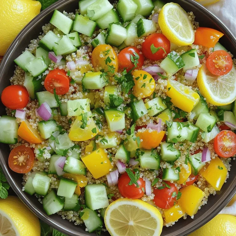 To make a delicious Lemon Herb Quinoa Salad, you need a few key items: - 1 cup quinoa, rinsed - 2 cups vegetable broth or water - 1 large cucumber, diced - 1 cup cherry tomatoes, halved - 1 bell pepper (any color), diced - 1/4 red onion, finely chopped - 1/4 cup fresh parsley, chopped - 1/4 cup fresh mint, chopped - Juice of 2 lemons - 3 tablespoons olive oil - Salt and pepper to taste - 1/2 teaspoon garlic powder (optional) These ingredients create a fresh and vibrant taste. Quinoa adds protein, while vegetables give color and crunch. You can boost your salad with some optional ingredients: - Avocado, diced - Feta cheese, crumbled - Chickpeas, rinsed and drained - Nuts or seeds, like almonds or sunflower seeds These additions bring extra flavors and textures. They make the salad more filling and fun to eat. To prepare your Lemon Herb Quinoa Salad, you will need: - A medium saucepan for cooking quinoa - A large mixing bowl for the salad - A whisk for mixing the dressing - A cutting board and knife for chopping veggies Having the right tools makes cooking easier. This way, you can focus on making a tasty dish. For the full recipe, refer to the section provided above. To cook quinoa, start with rinsing 1 cup of quinoa under cold water. This step removes any bitter taste. In a medium saucepan, combine the rinsed quinoa with 2 cups of vegetable broth or water. Bring this mixture to a boil over high heat. Once it boils, lower the heat to a simmer. Cover the pot and let it cook for about 15 minutes. You’ll know it’s done when the liquid is absorbed, and the quinoa is fluffy. After cooking, let it sit covered for 5 more minutes. Then, fluff it with a fork and set it aside to cool. While the quinoa cools, you can prepare the fresh vegetables. Take a large cucumber and dice it. Halve 1 cup of cherry tomatoes. Dice 1 bell pepper, any color you like. Finely chop 1/4 of a red onion. These veggies add color and crunch to the salad. Place them all in a large mixing bowl. Their freshness really makes this salad special. Now it’s time to bring everything together. Add the cooled quinoa to your bowl of vegetables. In a small bowl, whisk the juice of 2 lemons with 3 tablespoons of olive oil. If you like, add 1/2 teaspoon of garlic powder for more flavor. Season with salt and pepper to taste. Pour this dressing over the quinoa and veggies. Toss gently to combine. Finally, fold in 1/4 cup each of chopped parsley and mint. These herbs add a bright, fresh taste. Taste your salad and adjust the seasoning if needed. You can find the full recipe for this Lemon Herb Quinoa Salad in the article. To make quinoa fluffy, rinse it well before cooking. This removes extra starch. Use two cups of liquid for every cup of quinoa. Bring it to a boil, then lower the heat to simmer. Cover it and let it cook for about 15 minutes. After cooking, let it sit covered for five more minutes. Finally, fluff it with a fork. This method gives you light and airy quinoa for your salad. You can change the dressing to add more flavor. Try adding a teaspoon of Dijon mustard for a tangy kick. You could also use balsamic vinegar instead of lemon juice for a sweeter taste. For a spicy touch, add a pinch of red pepper flakes. Mix and match these ideas to find your favorite! I love serving this salad chilled or at room temperature. It looks great in a big bowl or individual cups. You can add lemon slices on top for a bright look. If you're hosting, pair it with grilled chicken or fish. It’s also perfect as a side dish at picnics. For a quick lunch, pack it in a jar for easy transport. This salad is fresh and full of flavor, making it a hit at any meal! For the full recipe, check the recipe section above. {{image_2}} You can easily boost the protein in your Lemon Herb Quinoa Salad. Adding chicken, chickpeas, or tofu makes it heartier. Grilled chicken works well; just slice it and toss it in. For a vegetarian option, try chickpeas. They add nice texture and flavor. Simply rinse and drain canned chickpeas, then mix them in. Tofu is another great option. Use firm tofu, cube it, and pan-fry until golden. This adds a delicious crunch. This salad is perfect for any season! In summer, add fresh corn or diced avocado. Both bring a creamy texture and sweetness. You can even include fruits like diced mango or strawberries for a fun twist. In winter, think about adding roasted vegetables. Try sweet potatoes, Brussels sprouts, or beets. They give warmth and depth to your salad. Adjust your herbs too. In winter, use sage or thyme for a cozy flavor. Dietary needs can change, and this salad is flexible. If you're gluten-free, quinoa is a great choice! However, if quinoa doesn't suit you, try brown rice or millet. For a lighter option, you could use cauliflower rice. If you're avoiding oil, substitute with avocado or Tahini for creaminess. Need a nut-free option? Just leave out the nuts or seeds if you add them. You can still enjoy a fresh, tasty salad! For the full recipe, check out the detailed instructions and enjoy this healthy dish! To keep your Lemon Herb Quinoa Salad fresh, place it in an airtight container. Make sure to seal it tightly. Store it in the fridge. It will stay good for up to five days. The flavors will blend more as it sits. This makes it taste even better! You can freeze quinoa salad, but it may change texture. To freeze, scoop the salad into freezer-safe bags. Remove as much air as possible. Label the bags with the date. When you're ready to eat, thaw it in the fridge overnight. Enjoy it within three months for the best taste. For the best taste, serve your quinoa salad chilled or at room temperature. If it was in the fridge, take it out and let it sit for a bit. This will help the flavors pop! You can also add a splash of lemon juice before serving to brighten it up. Lemon Herb Quinoa Salad is packed with nutrients. Quinoa offers protein, fiber, and essential amino acids. Each serving has about: - 220 calories - 8 grams of protein - 4 grams of fat - 38 grams of carbs - 5 grams of fiber The fresh veggies boost vitamins and minerals, making it a healthy choice. Yes, you can prepare Lemon Herb Quinoa Salad ahead. It stays fresh in the fridge for up to three days. Just store it in an airtight container. The flavors deepen as it sits, which is a bonus! If you lack parsley or mint, try these herbs: - Cilantro - Basil - Dill - Chives Each adds a unique taste. Feel free to mix and match based on what you like best! For the full recipe and more tips, check the [Full Recipe]. In this blog post, we explored how to create a delicious lemon herb quinoa salad. We covered essential and optional ingredients that can boost flavor. I also shared tips for cooking quinoa perfectly and preparing fresh veggies. You learned different ways to enhance the dish, like adding protein or modifying for seasons. Remember to store leftovers well and reheat properly for best taste. Enjoy making this salad your own with easy swaps and additions!