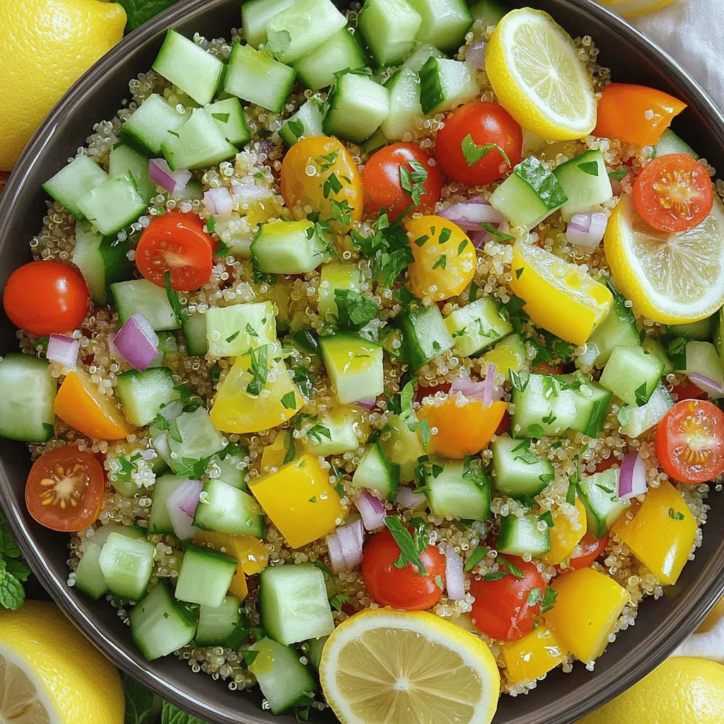 To make a delicious Lemon Herb Quinoa Salad, you need a few key items: - 1 cup quinoa, rinsed - 2 cups vegetable broth or water - 1 large cucumber, diced - 1 cup cherry tomatoes, halved - 1 bell pepper (any color), diced - 1/4 red onion, finely chopped - 1/4 cup fresh parsley, chopped - 1/4 cup fresh mint, chopped - Juice of 2 lemons - 3 tablespoons olive oil - Salt and pepper to taste - 1/2 teaspoon garlic powder (optional) These ingredients create a fresh and vibrant taste. Quinoa adds protein, while vegetables give color and crunch. You can boost your salad with some optional ingredients: - Avocado, diced - Feta cheese, crumbled - Chickpeas, rinsed and drained - Nuts or seeds, like almonds or sunflower seeds These additions bring extra flavors and textures. They make the salad more filling and fun to eat. To prepare your Lemon Herb Quinoa Salad, you will need: - A medium saucepan for cooking quinoa - A large mixing bowl for the salad - A whisk for mixing the dressing - A cutting board and knife for chopping veggies Having the right tools makes cooking easier. This way, you can focus on making a tasty dish. For the full recipe, refer to the section provided above. To cook quinoa, start with rinsing 1 cup of quinoa under cold water. This step removes any bitter taste. In a medium saucepan, combine the rinsed quinoa with 2 cups of vegetable broth or water. Bring this mixture to a boil over high heat. Once it boils, lower the heat to a simmer. Cover the pot and let it cook for about 15 minutes. You’ll know it’s done when the liquid is absorbed, and the quinoa is fluffy. After cooking, let it sit covered for 5 more minutes. Then, fluff it with a fork and set it aside to cool. While the quinoa cools, you can prepare the fresh vegetables. Take a large cucumber and dice it. Halve 1 cup of cherry tomatoes. Dice 1 bell pepper, any color you like. Finely chop 1/4 of a red onion. These veggies add color and crunch to the salad. Place them all in a large mixing bowl. Their freshness really makes this salad special. Now it’s time to bring everything together. Add the cooled quinoa to your bowl of vegetables. In a small bowl, whisk the juice of 2 lemons with 3 tablespoons of olive oil. If you like, add 1/2 teaspoon of garlic powder for more flavor. Season with salt and pepper to taste. Pour this dressing over the quinoa and veggies. Toss gently to combine. Finally, fold in 1/4 cup each of chopped parsley and mint. These herbs add a bright, fresh taste. Taste your salad and adjust the seasoning if needed. You can find the full recipe for this Lemon Herb Quinoa Salad in the article. To make quinoa fluffy, rinse it well before cooking. This removes extra starch. Use two cups of liquid for every cup of quinoa. Bring it to a boil, then lower the heat to simmer. Cover it and let it cook for about 15 minutes. After cooking, let it sit covered for five more minutes. Finally, fluff it with a fork. This method gives you light and airy quinoa for your salad. You can change the dressing to add more flavor. Try adding a teaspoon of Dijon mustard for a tangy kick. You could also use balsamic vinegar instead of lemon juice for a sweeter taste. For a spicy touch, add a pinch of red pepper flakes. Mix and match these ideas to find your favorite! I love serving this salad chilled or at room temperature. It looks great in a big bowl or individual cups. You can add lemon slices on top for a bright look. If you're hosting, pair it with grilled chicken or fish. It’s also perfect as a side dish at picnics. For a quick lunch, pack it in a jar for easy transport. This salad is fresh and full of flavor, making it a hit at any meal! For the full recipe, check the recipe section above. {{image_2}} You can easily boost the protein in your Lemon Herb Quinoa Salad. Adding chicken, chickpeas, or tofu makes it heartier. Grilled chicken works well; just slice it and toss it in. For a vegetarian option, try chickpeas. They add nice texture and flavor. Simply rinse and drain canned chickpeas, then mix them in. Tofu is another great option. Use firm tofu, cube it, and pan-fry until golden. This adds a delicious crunch. This salad is perfect for any season! In summer, add fresh corn or diced avocado. Both bring a creamy texture and sweetness. You can even include fruits like diced mango or strawberries for a fun twist. In winter, think about adding roasted vegetables. Try sweet potatoes, Brussels sprouts, or beets. They give warmth and depth to your salad. Adjust your herbs too. In winter, use sage or thyme for a cozy flavor. Dietary needs can change, and this salad is flexible. If you're gluten-free, quinoa is a great choice! However, if quinoa doesn't suit you, try brown rice or millet. For a lighter option, you could use cauliflower rice. If you're avoiding oil, substitute with avocado or Tahini for creaminess. Need a nut-free option? Just leave out the nuts or seeds if you add them. You can still enjoy a fresh, tasty salad! For the full recipe, check out the detailed instructions and enjoy this healthy dish! To keep your Lemon Herb Quinoa Salad fresh, place it in an airtight container. Make sure to seal it tightly. Store it in the fridge. It will stay good for up to five days. The flavors will blend more as it sits. This makes it taste even better! You can freeze quinoa salad, but it may change texture. To freeze, scoop the salad into freezer-safe bags. Remove as much air as possible. Label the bags with the date. When you're ready to eat, thaw it in the fridge overnight. Enjoy it within three months for the best taste. For the best taste, serve your quinoa salad chilled or at room temperature. If it was in the fridge, take it out and let it sit for a bit. This will help the flavors pop! You can also add a splash of lemon juice before serving to brighten it up. Lemon Herb Quinoa Salad is packed with nutrients. Quinoa offers protein, fiber, and essential amino acids. Each serving has about: - 220 calories - 8 grams of protein - 4 grams of fat - 38 grams of carbs - 5 grams of fiber The fresh veggies boost vitamins and minerals, making it a healthy choice. Yes, you can prepare Lemon Herb Quinoa Salad ahead. It stays fresh in the fridge for up to three days. Just store it in an airtight container. The flavors deepen as it sits, which is a bonus! If you lack parsley or mint, try these herbs: - Cilantro - Basil - Dill - Chives Each adds a unique taste. Feel free to mix and match based on what you like best! For the full recipe and more tips, check the [Full Recipe]. In this blog post, we explored how to create a delicious lemon herb quinoa salad. We covered essential and optional ingredients that can boost flavor. I also shared tips for cooking quinoa perfectly and preparing fresh veggies. You learned different ways to enhance the dish, like adding protein or modifying for seasons. Remember to store leftovers well and reheat properly for best taste. Enjoy making this salad your own with easy swaps and additions!