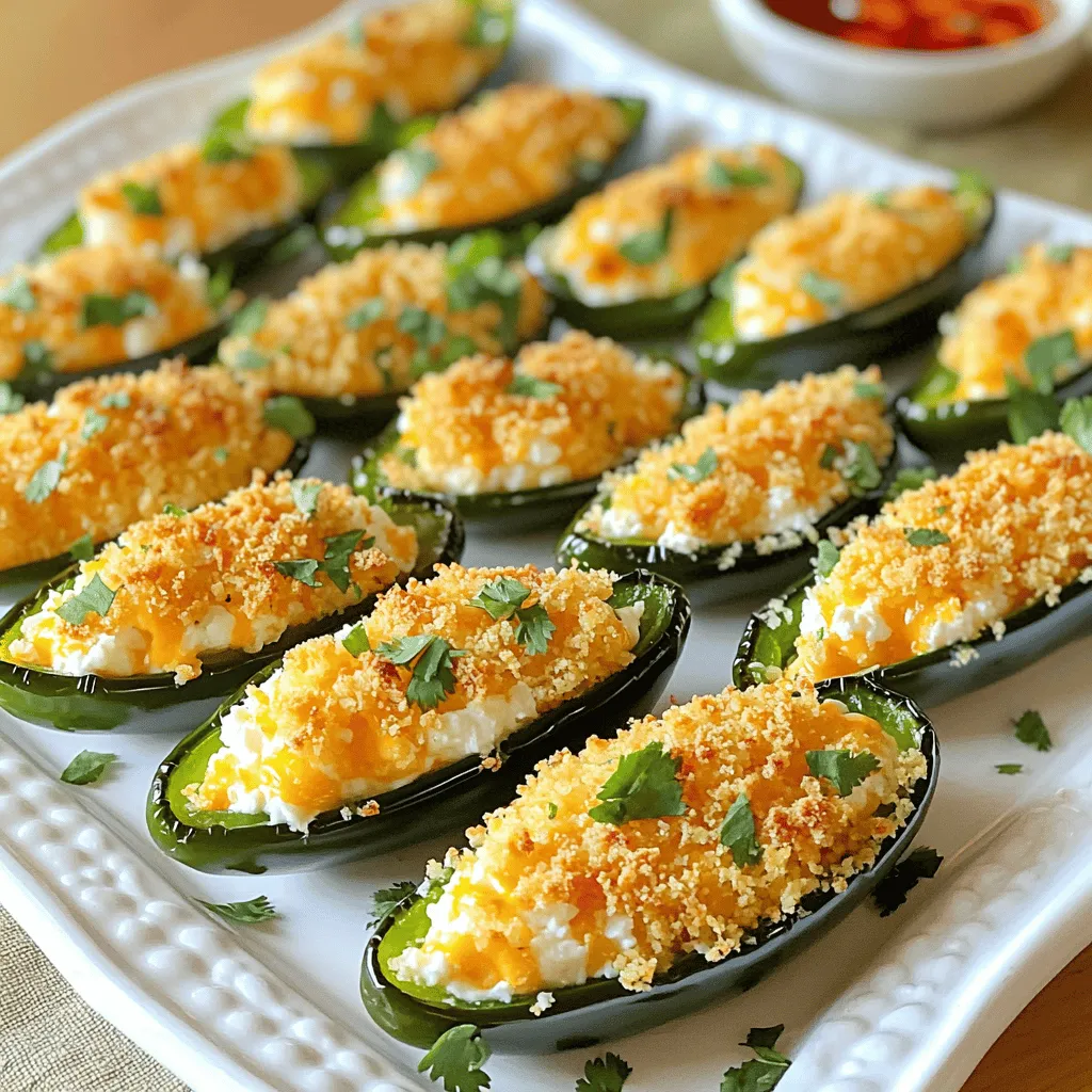 To make baked jalapeño poppers, you need a few key ingredients. Each item adds its own flavor and texture. Here’s what you will need: - 12 fresh jalapeños, halved and seeded - 1 cup cream cheese, softened - 1 cup shredded cheddar cheese - 1/2 cup crumbled feta cheese - 2 tablespoons fresh cilantro, finely chopped - 1 teaspoon garlic powder - 1 teaspoon onion powder - 1/4 teaspoon smoked paprika - Salt and black pepper, to taste - 1/2 cup panko breadcrumbs - 2 tablespoons olive oil These ingredients create a cheesy, spicy filling that excites your taste buds. The cream cheese keeps it creamy, while the cheddar adds sharpness. Feta brings a nice tang. Spices like garlic powder and smoked paprika round out the flavors. The panko breadcrumbs give a crunchy topping. This mix makes each bite a burst of joy. You can find the full recipe for more details. Enjoy crafting this delicious snack! Preheating the oven First, start by preheating your oven to 375°F (190°C). This step helps ensure even cooking. Preparing the jalapeños Next, take 12 fresh jalapeños. Slice them in half and remove the seeds. This step reduces the heat and makes them easier to fill. Mixing the filling In a medium bowl, mix together: - 1 cup cream cheese, softened - 1 cup shredded cheddar cheese - 1/2 cup crumbled feta cheese - 2 tablespoons fresh cilantro, finely chopped - 1 teaspoon garlic powder - 1 teaspoon onion powder - 1/4 teaspoon smoked paprika - Salt and black pepper to taste Stir until everything is blended well. This filling adds a creamy, cheesy flavor. Filling the jalapeños Use a spoon to fill each jalapeño half with the cheese mixture. Make sure to pack it in generously. This step is key for a rich taste. Coating with breadcrumbs In a separate bowl, mix 1/2 cup panko breadcrumbs with 2 tablespoons of olive oil. This makes the topping crispy. Evenly sprinkle this mixture over the filled jalapeños. Baking time and temperature Place the filled jalapeño poppers on a lined baking sheet. Bake them in your preheated oven for about 20-25 minutes. Watch for the tops to turn golden brown and the cheese to bubble. Cooling and serving After baking, take them out of the oven. Let them cool for a few minutes. This makes them easier to handle. Serve them on a platter, and feel free to garnish with extra cilantro or a drizzle of sriracha for a pop of color and spice. For the complete recipe, check the Full Recipe section. - Choosing the right jalapeños: Pick firm, bright green jalapeños. They should be smooth and not wrinkled. Size matters too; choose medium-sized ones for a good balance of heat and stuffing. - Adjusting spice levels: If you want less heat, remove all the seeds and membranes. For more heat, leave some seeds in. You can also mix in a dash of hot sauce in the cheese filling for an extra kick. - Ensuring even cooking: Spread the poppers out on the baking sheet. This way, they will cook evenly. Rotate the pan halfway through baking for consistent crispiness on each side. - Presentation ideas: Serve your poppers on a large platter. Garnish with fresh cilantro and a few lime wedges. It makes the dish look colorful and inviting. - Dipping sauces to complement: Try serving them with ranch dressing or sour cream. You could also use a spicy aioli or guacamole for a fun twist. - Pairing with beverages: A cold beer or a refreshing margarita pairs well with these poppers. The cool drinks balance the spice and enhance the flavor. For the full recipe, check the instructions above. Enjoy these tips to elevate your jalapeño poppers! {{image_2}} You can customize your jalapeño poppers in many fun ways. For meat lovers, try adding cooked bacon or sausage to the cheese mix. This adds a savory touch that pairs well with the heat of the jalapeños. If you're vegan, swap cream cheese for a plant-based cream cheese. You can also use nutritional yeast for a cheesy flavor without dairy. For a twist, mix different cheeses. Use pepper jack for extra spice, or blend mozzarella for a gooey texture. Each filling option gives you a new taste experience. You don't have to bake jalapeño poppers in the oven. You can air-fry them for a crispy finish. Preheat your air fryer to 375°F (190°C). Place the filled jalapeños in the basket in a single layer. Cook for about 12-15 minutes until they are golden and bubbly. Grilling is another great option. Preheat your grill to medium heat. Place the jalapeños on a grill-safe tray or directly on the grates. Grill for about 10-12 minutes, turning occasionally. This adds a smoky flavor that enhances the overall dish. For more detailed instructions, check the Full Recipe. After enjoying your baked jalapeño poppers, store any leftovers in the fridge. Place them in an airtight container. They will stay fresh for about three days. If you want to keep them for longer, freezing is a great option. Wrap each popper in plastic wrap. Then, put them in a freezer bag. They can last up to three months in the freezer. Just remember to label the bag with the date. Reheating baked jalapeño poppers is easy. The best way is to use the oven. Preheat it to 350°F (175°C). Place the poppers on a baking sheet. Bake for about 10-15 minutes. This method keeps them crispy. If you're short on time, you can use the microwave. However, they may not stay as crispy. Heat them in 30-second intervals until warm. Enjoy your poppers with their fresh flavor and texture! How to make jalapeño poppers less spicy? To lower the heat, you can remove the seeds and membranes. You can also soak the jalapeños in cold water for about 30 minutes. This can help reduce spiciness. Also, you can choose milder peppers like banana peppers. Can I use different types of cheese? Yes, you can! Feel free to mix and match cheese. Cream cheese is a must for smoothness. You can add mozzarella for a gooey texture or pepper jack for some extra kick. What are the best ways to serve baked jalapeño poppers? Serve them hot on a nice platter. A drizzle of sriracha adds color and spice. Pair with ranch or blue cheese dip for extra flavor. These poppers also go great with cold drinks like beer or iced tea. Caloric content per serving Each serving has about 250 calories. This can vary based on the amount of cheese and toppings you use. Healthier ingredient swaps You can swap cream cheese for Greek yogurt to cut calories. Use low-fat cheese to reduce fat content. For a vegan option, try cashew cheese or tofu-based spreads. In this post, we explored making baked jalapeño poppers. We listed the key ingredients and shared clear step-by-step instructions. You learned tips for choosing jalapeños and adjusting spice levels. We also offered serving ideas and variations, from meat-filled options to air-fryer techniques. Lastly, I provided storage and reheating tips, ensuring your poppers stay fresh. Baked jalapeño poppers are a fun and tasty treat. With these easy steps, you’ll impress family and friends. Now, gather the ingredients and enjoy making your poppers!