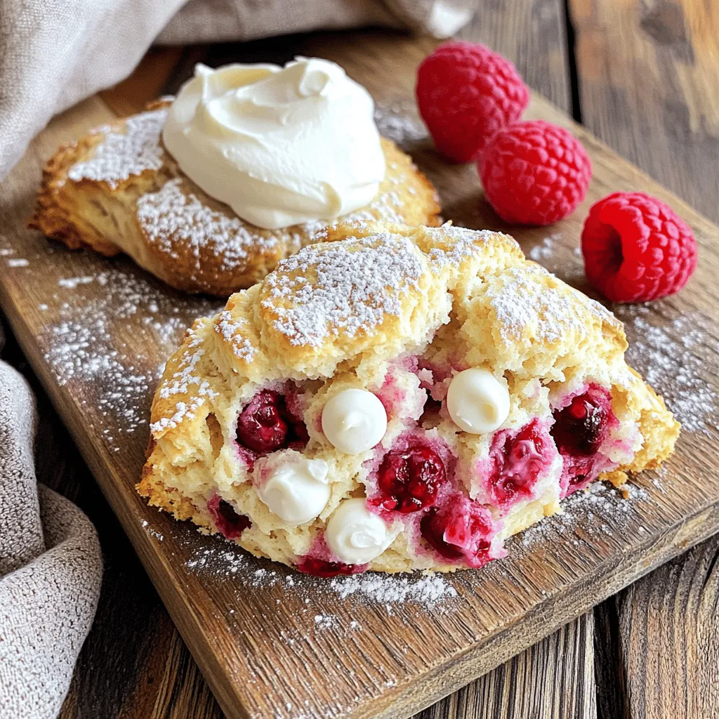 To make these delicious scones, gather the following ingredients: - 2 cups all-purpose flour - 1/3 cup granulated sugar - 1 tablespoon baking powder - 1/4 teaspoon salt - 1/2 cup unsalted butter, chilled and cubed - 1/2 cup heavy cream - 1 large egg - 1 teaspoon vanilla extract - 1 cup fresh raspberries - 1/2 cup white chocolate chips You can customize your scones with some fun add-ins. Here are a few ideas: - 1/2 cup chopped nuts, like pecans or walnuts - 1/2 teaspoon cinnamon for a warm spice note - Zest from 1 lemon or orange for a citrus twist - A handful of dark chocolate chips for a richer flavor Using fresh, high-quality ingredients makes a big difference. For the best results, choose: - Flour: Go for a good brand of all-purpose flour. This helps with texture. - Butter: Use unsalted butter. It gives you control over the salt in your recipe. - Raspberries: Fresh raspberries are key. Look for plump, firm berries. - Chocolate: Choose high-quality white chocolate chips. They melt well and taste great. These choices enhance the flavor and texture of your scones. For an easy guide, check out the Full Recipe for more details. 1. Preheat your oven to 400°F (200°C). Line a baking sheet with parchment paper. 2. In a large bowl, whisk together the flour, sugar, baking powder, and salt. 3. Add the chilled butter to the dry mix. Use your fingers or a pastry cutter to blend until the mix looks like coarse crumbs. 4. In another bowl, whisk the cream, egg, and vanilla together. 5. Pour the cream mix into the flour mix. Stir gently until just combined. Do not overmix! 6. Fold in the fresh raspberries and white chocolate chips. Make sure they are evenly spread. 7. Turn the dough onto a floured surface. Knead gently a few times until it comes together. 8. Pat the dough into a circle about 1 inch thick. Cut it into 8 wedges with a sharp knife or pizza cutter. 9. Place the wedges on the baking sheet, leaving space between each. 10. Bake for 15-20 minutes until golden brown on top. 11. Remove from the oven. Let them cool slightly on a wire rack before serving. - Step 1: Make sure your oven is fully preheated. This helps the scones rise well. - Step 3: Keep the butter cold. This gives the scones a nice flaky texture. - Step 5: Mixing too much makes the scones tough. Mix until you see no dry flour. - Step 6: Gently fold, so you keep the raspberries whole. This adds a juicy burst of flavor. - Overmixing the dough: This results in tough scones. Mix just until combined. - Skipping the chilling: Cold ingredients help create a better texture. Don’t skip the cold butter! - Not measuring ingredients: Use exact measurements for the best results. Baking is a science. - Ignoring baking time: Check your scones at 15 minutes. They should be golden, not burnt. For the complete recipe, check out the Full Recipe section above. To make the best raspberry white chocolate scones, follow a few simple steps. First, keep your butter very cold. This helps create a fluffy texture. I suggest cubing the butter and chilling it before use. Second, mix the dry and wet ingredients gently. Overmixing makes scones tough, and we want them light and airy. Lastly, shape your dough carefully. Pat it down without pressing too hard to keep air pockets inside. Serve these scones warm for the best taste. You can dust them with powdered sugar for a sweet touch. Pair them with clotted cream for richness. If you like, add fresh raspberries on the side for extra flavor. These scones also shine at brunch or tea time, making them perfect for any gathering. Raspberry white chocolate scones go well with many drinks. A nice cup of Earl Grey tea complements their sweetness. You can also enjoy them with a light lemonade or even coffee. For spreads, try a tart raspberry jam to balance the sweetness. Each pairing enhances the flavors of the scones, making each bite delightful. For the full recipe, visit the [Full Recipe]. {{image_2}} You can play with the flavors of your scones. Instead of raspberries, try blueberries or strawberries for a fresh twist. You may also swap white chocolate for dark chocolate or milk chocolate. Each option gives a new taste. If you like nuts, add chopped almonds or pecans to the mix. These small changes can make a big difference. If you need gluten-free scones, use a gluten-free flour blend. Many blends work well in baking. Look for one that has xanthan gum. This will help the scones hold their shape. You can also use almond flour or coconut flour, but adjust the liquid in the recipe. These flours add a different flavor and texture. You can change the flavors with the seasons. In fall, add chopped apples and cinnamon for a warm taste. Winter calls for cranberry and orange zest. In spring, use lemon zest and poppy seeds for a bright, fresh flavor. Summer is perfect for peaches or cherries. Each season brings new fruits to enjoy in your scones. For the complete recipe, check the Full Recipe section. To keep your Raspberry White Chocolate Scones fresh, store them in an airtight container. This helps maintain their soft texture and delightful flavor. Place a piece of parchment paper between layers to prevent sticking. You can keep them at room temperature for up to two days. If you want to store them longer, the fridge is a good option, but it may dry them out a bit. When you're ready to enjoy your scones again, reheating is easy. Preheat your oven to 350°F (175°C). Place the scones on a baking sheet. Warm them for about 5-7 minutes. This will bring back their fresh-baked taste. You can also microwave them for about 10-15 seconds, but this might make them a bit soft. Freezing is a great way to save scones for later. Allow the scones to cool completely. Then, wrap each scone in plastic wrap. Place them in a freezer bag or container. They will stay fresh for up to three months. When you want to eat them, thaw overnight in the fridge. Then, reheat as mentioned above. This way, you can enjoy these tasty treats anytime! For the complete recipe, check out the Full Recipe. You can tell scones are done when they turn golden brown. The tops should feel firm to the touch. A toothpick inserted into the center should come out clean. If it has dough on it, bake them a bit longer. These signs help ensure your Raspberry White Chocolate Scones are baked just right! Yes, you can make the dough ahead of time! Chill the dough for up to 24 hours in the fridge. Wrap it tightly in plastic wrap. When you’re ready to bake, simply cut the dough into wedges and bake as directed. This saves time and lets you enjoy fresh scones at your convenience. If you need a substitute for white chocolate, try using dark chocolate chips or milk chocolate chips. You can also use dried fruit like cherries or apricots for a different flavor. Each option adds a unique twist to the scone. Experiment and find what you like best! For the complete recipe and specific steps, check the Full Recipe. We explored how to make perfect scones from scratch. We covered key ingredients, detailed instructions, and helpful tips. I shared common mistakes to avoid and fun variations to try. Storing and reheating tips ensure you enjoy fresh scones longer. Baking scones is easy and rewarding. With practice, your scones will impress everyone. Get creative and enjoy this tasty treat!