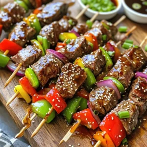 - 1 lb sirloin steak, cut into 1-inch cubes - 1/3 cup soy sauce - 1/4 cup honey The main ingredients bring a big flavor to your skewers. Sirloin steak is juicy and tender. Soy sauce adds saltiness and umami. Honey brings a touch of sweetness. Together, they create a great base for your teriyaki sauce. - 2 tablespoons sesame oil - 3 cloves garlic, minced - 1 inch ginger, grated - 1 tablespoon cornstarch (optional, for thicker sauce) The marinade ingredients enhance the beef's flavor. Sesame oil gives a nutty taste. Garlic adds depth, while ginger provides a fresh kick. If you want a thicker sauce, use cornstarch. It helps the sauce cling to the meat for more flavor. - 1 red bell pepper, cut into chunks - 1 green bell pepper, cut into chunks - 1 small red onion, cut into wedges - 2 tablespoons sesame seeds - Bamboo skewers, soaked in water for 30 minutes The vegetables add color and crunch. Red and green bell peppers are sweet and vibrant. Red onion brings a slight bite. Toasted sesame seeds add a nice finish. Soak bamboo skewers to prevent burning on the grill. You can find the full recipe for these delicious teriyaki steak skewers in the recipe section. To start, gather your ingredients. You need soy sauce, honey, sesame oil, minced garlic, and grated ginger. In a medium bowl, whisk these ingredients together. Make sure they mix well. If you want a thicker sauce, add cornstarch. Let it sit for a few minutes to thicken slightly. This will be the base for your teriyaki flavor. Next, take your sirloin steak, cut into 1-inch cubes. Place the cubes in a large plastic bag or bowl. Pour half of the teriyaki marinade over the steak. Save the other half for later. Seal the bag or cover the bowl. Refrigerate for at least 30 minutes. For the best taste, marinate for up to 2 hours. It’s time to get hands-on! Drain the soaked bamboo skewers. Start threading the marinated steak onto the skewers. Alternate the meat with chunks of red bell pepper, green bell pepper, and red onion. This adds color and flavor. Make sure not to overcrowd the skewers; leave some space for even cooking. Preheat your grill or grill pan to medium-high heat. Once it’s hot, place the skewers on the grill. Cook for about 8-10 minutes. Turn them occasionally to ensure even grilling. Baste with the reserved marinade for extra flavor. When the steak reaches your desired doneness, sprinkle sesame seeds over the skewers. Toast them for the last couple of minutes. After grilling, let the skewers rest for a few minutes before serving. For the full recipe, check out the detailed steps! For the best taste, marinate your steak for at least 30 minutes. If you have more time, go for two hours. This allows the flavors to soak in well. Use a resealable bag or bowl to keep the steak covered. Make sure to reserve some marinade to baste while grilling. This keeps the meat juicy and adds flavor. A grill is perfect for these skewers. If you don't have one, a grill pan works well too. Preheat your grill to medium-high heat. This gives you nice grill marks and a good sear on the meat. If using a grill pan, make sure it’s hot before placing the skewers on it. This helps the steak cook evenly. When serving, place the skewers on a wooden platter. It looks rustic and appealing. Garnish with chopped scallions and extra sesame seeds. This adds color and crunch. You can serve small dishes of the reserved teriyaki sauce for dipping. It’s a fun way for everyone to enjoy the flavors! {{image_2}} You can swap out the steak for other proteins. Chicken works great in this recipe. Just cut it into cubes like the steak. Marinate it the same way. Tofu is a fantastic choice too. Use firm tofu and press it to remove excess water. Salmon adds a rich flavor. Cut it into thick pieces and use the same marinade. Feel free to get creative with the veggies. Zucchini, mushrooms, or cherry tomatoes are tasty options. You can also use seasonal vegetables. Asparagus or bell peppers add color and crunch. Mix and match your favorites. The key is to choose what you love. You can spice up the teriyaki sauce easily. Add a pinch of red pepper flakes for heat. If you like a smoky flavor, try adding smoked paprika. You can also swap honey for maple syrup for a different sweetness. Experiment with garlic or ginger in different amounts. Each tweak gives a new twist to the dish. Check out the full recipe for the base and be creative! To store leftovers, first let the skewers cool. Place the skewers in an airtight container. This keeps them fresh for up to three days. If you use plastic wrap, make sure it is tight. This prevents air from getting in. You can also separate the meat and veggies for better storage. You can freeze both cooked and uncooked skewers. For cooked skewers, let them cool completely. Wrap them in plastic wrap, then place them in a freezer bag. Label the bag with the date. They can last up to three months in the freezer. If you freeze uncooked skewers, marinate the meat first. Place everything in a freezer bag and seal it tightly. You can cook them straight from the freezer. Just add a few extra minutes to cooking time. To reheat skewers, the best method is using a grill or stovetop. Heat your grill to medium heat. Place the skewers on the grill for about five minutes. Turn them often to heat evenly. You can also use a microwave. Place them on a microwave-safe plate and cover with a damp paper towel. Heat for one minute, then check. If they are not warm enough, heat in 30-second bursts. Avoid overcooking to keep the flavor rich. You should marinate steak for at least 30 minutes. This time allows the flavors to soak in. For even better taste, marinate for up to 2 hours. It helps tenderize the meat and enhances the flavor. If you have more time, go for the longer marination. It makes a big difference. Yes, you can make teriyaki steak skewers in the oven. Preheat your oven to 400°F (200°C). Place the skewers on a baking sheet lined with foil. Bake for about 15-20 minutes, turning halfway through. Baste with leftover marinade during cooking. This way, you still get that juicy and tasty finish even without a grill. Teriyaki steak skewers go well with many sides. Try serving them with: - Steamed rice - Fried rice - Grilled vegetables - A fresh salad These sides balance the rich flavors of the skewers. They also add color and texture to your meal. For the complete recipe with all details, check out the Full Recipe. It includes every step you need to make these tasty teriyaki steak skewers. You've learned how to make delicious teriyaki steak skewers. We covered the key ingredients like sirloin, soy sauce, and honey. You also learned to prepare a flavorful marinade with garlic and ginger. Assembling and grilling the skewers is simple, yet satisfying. Remember, you can switch proteins and veggies to suit your taste. Don’t forget about storage tips for leftovers to keep them fresh. Enjoy making these skewers for your next meal, and impress everyone with your cooking skills!