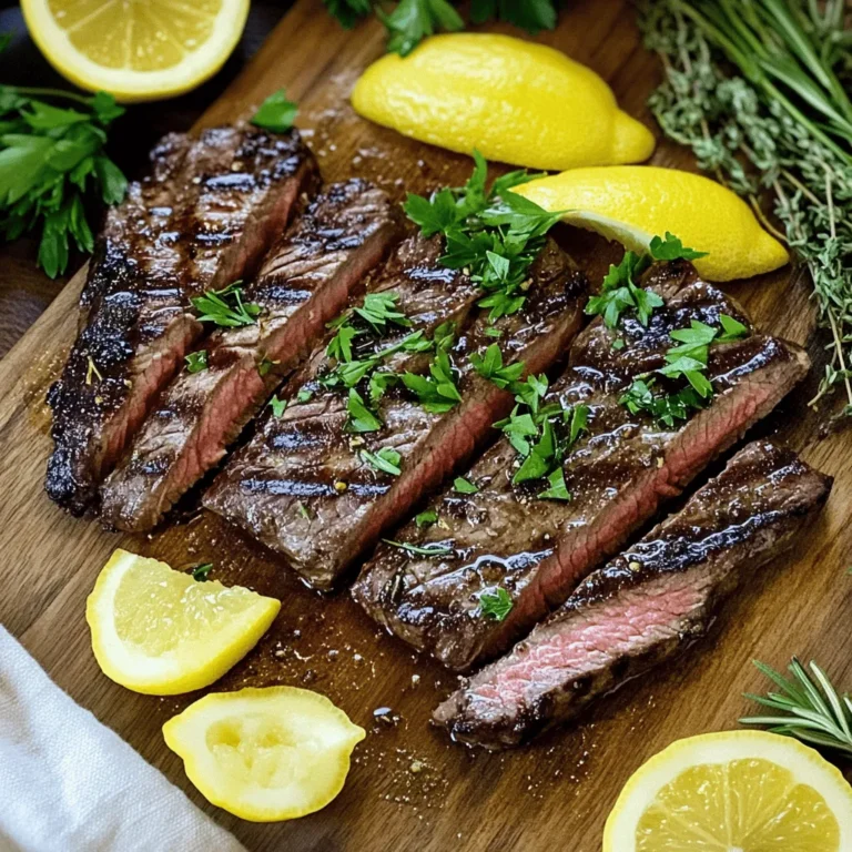 - Ribeye steaks - Olive oil - Fresh herbs - Lemon juice and zest - Garlic - Salt and pepper For a great Lemon Herb Grilled Steak, you need simple, fresh ingredients. Start with ribeye steaks. They are juicy and flavorful. Olive oil adds richness to the dish. Fresh herbs like rosemary, thyme, and oregano bring bright flavors. Lemon juice and zest give a tangy kick. Garlic adds depth. Finally, salt and pepper enhance all these flavors. - Other cuts of steak - Marinade flavor enhancers - Additions for garnish You can use other cuts of steak if you prefer. Flank or sirloin also works well. Marinade flavor enhancers like soy sauce or honey can add a twist. Fresh herbs make great garnishes. Try sprigs of parsley or slices of lemon for a nice touch. These options can elevate your dish even more. To make the marinade, grab a medium bowl. In this bowl, combine the olive oil, lemon zest, lemon juice, minced garlic, chopped rosemary, thyme, oregano, salt, and pepper. Whisk these ingredients together until they blend well. The olive oil gives richness. The lemon adds zest and bright flavor. Fresh herbs bring a nice aroma. This mix creates a tasty marinade that will soak into the steak. Place your ribeye steaks in a resealable plastic bag or a shallow dish. Pour the marinade over the steaks, ensuring they are well coated. Seal the bag or cover the dish. Let the steaks marinate in the fridge for at least 1 hour. For even better flavor, let them marinate for up to 4 hours. Refrigeration helps keep the meat safe while it absorbs those delicious flavors. Before grilling, preheat your grill to medium-high heat, about 400°F (200°C). This step is key for a good sear. After marinating, take the steaks out and let any excess marinade drip off. Discard the leftover marinade. Place the steaks on the grill. Cook for about 4-5 minutes on one side until you see a nice crust. Flip the steaks and grill for another 4-5 minutes for medium-rare or until they reach your preferred doneness. After grilling, let the steaks rest for 5 minutes. This step allows the juices to settle, making each bite tender and juicy. To get the best grill marks, heat your grill to medium-high. This makes a crusty exterior. Place the steak on the grill at a 45-degree angle. Cook for about 4 to 5 minutes without moving it. This allows the grill to sear the meat. After that, flip the steak and repeat. You can also rotate the steak halfway through cooking for perfect crosshatch marks. Using fresh herbs adds a lot of flavor. Try adding basil or cilantro to the marinade. You can also mix in a teaspoon of smoked paprika for a hint of smokiness. If you want to try a different marinade, mix soy sauce, honey, and ginger for an Asian twist. Let your creativity shine with flavors you love. Pair your Lemon Herb Grilled Steak with fresh sides. Roasted vegetables or a crisp salad work well. A baked potato adds heartiness. For drinks, a glass of red wine like Cabernet Sauvignon complements the steak's richness. These choices enhance the meal and make it more enjoyable. For further details, check out the Full Recipe. {{image_2}} You can use other cuts of steak for this recipe. Ribeye is rich and tender, but try these options too: - Sirloin: Less fatty and lean, but still tasty. - Flank: Great for marinating, it’s flavorful and works well for grilling. - T-bone: A classic choice with great texture and taste. - Skirt: Thin and perfect for quick cooking; it absorbs flavors well. Choose any of these cuts based on your taste and budget. If you want a plant-based meal, try these options: - Portobello mushrooms: Marinate and grill these big mushrooms for a meaty texture. - Tofu: Use firm tofu, press it to remove excess water, then marinate and grill. - Tempeh: This fermented soy product has a nutty flavor and grills nicely. - Cauliflower steaks: Cut cauliflower into thick slices, marinate, and grill until tender. These alternatives provide great flavor and fit well with the marinade. You can change the recipe with seasonal ingredients. In spring, add fresh asparagus or artichokes. Summer calls for zucchini or bell peppers. In fall, try pumpkin or butternut squash. Winter is great for hearty greens like kale or Brussels sprouts. Use these seasonal veggies to add color and nutrition to your dish. Grilling brings out their natural sweetness. To keep your Lemon Herb Grilled Steak fresh, store it right. Place leftover steak in an airtight container. Ensure the steak cools to room temperature first. Then, refrigerate it within two hours to prevent bacteria growth. It stays fresh for up to three days in the fridge. When ready to eat, check for any off smells or changes in color. When reheating, aim to keep the steak juicy. You can use an oven, stovetop, or microwave. For the oven, set it to 250°F (120°C). Place the steak on a baking sheet and cover it with foil. Heat for about 20 minutes. This method helps maintain flavor and texture. On the stovetop, heat a skillet over low heat. Add a tiny bit of oil, then warm the steak for a few minutes on each side. If you use the microwave, cover the steak with a damp paper towel. Heat in short bursts, checking often to avoid overcooking. If you want to keep the steak longer, freezing is a great option. Wrap each steak tightly in plastic wrap. Then, place it in a freezer bag or airtight container. This method helps avoid freezer burn. The steak can stay frozen for up to three months. When you're ready to cook, thaw it in the fridge overnight. Avoid thawing at room temperature to keep it safe. Once thawed, cook it right away for the best taste. For more details, check the Full Recipe. To check if your steak is done, use a meat thermometer. - For rare, the internal temperature should be 125°F (52°C). - For medium-rare, aim for 135°F (57°C). - For medium, look for 145°F (63°C). - For medium-well, target 150°F (65°C). - For well-done, go for 160°F (71°C). Insert the thermometer into the thickest part of the steak. This will help you avoid cutting into the meat too soon. Remember, the steak continues to cook after you take it off the grill. Yes, you can swap herbs based on your taste. - Basil adds a sweet flavor. - Cilantro gives a fresh touch. - Sage offers an earthy taste. Mixing different herbs can create unique flavors. Just remember to balance the herbs with lemon juice and olive oil for the best results. Pair your Lemon Herb Grilled Steak with sides that enhance its flavors. - Grilled vegetables like zucchini and bell peppers add color and nutrition. - A fresh salad with mixed greens and vinaigrette keeps it light. - Garlic mashed potatoes create a creamy contrast. For drinks, a glass of red wine like Cabernet Sauvignon complements the steak beautifully. Enjoy your meal! You now know how to create a delicious Lemon Herb Grilled Steak. We covered the essential ingredients, preparation, and grilling techniques. You learned tips for perfect grill marks and flavor enhancements to make your steak stand out. I also shared storage tips and options for variations, ensuring everyone can enjoy this dish. Remember, the key is in the marination and grilling methods. With practice, you'll impress your friends and family. Enjoy your cooking journey!