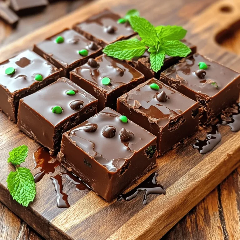 To make mint chocolate chip fudge, gather these simple ingredients: - 2 cups semi-sweet chocolate chips - 1 cup sweetened condensed milk - 1/4 cup unsalted butter - 1 teaspoon peppermint extract - 1/2 cup mini chocolate chips - 1/4 cup finely chopped fresh mint leaves (or 1 tablespoon dried mint) - Pinch of salt - Green food coloring (optional) Each ingredient plays a key role in creating this delightful treat. The semi-sweet chocolate chips provide the main flavor and richness. The sweetened condensed milk adds creaminess and sweetness. Butter helps to create a smooth texture. Peppermint extract gives that fresh mint kick, while mini chocolate chips add fun texture. Fresh mint leaves enhance the minty flavor, making each bite refreshing. A pinch of salt balances the sweetness, and green food coloring makes it festive. When you have everything ready, you can create a treat that everyone will love. Don't forget to check the Full Recipe for detailed steps! - Step 1: Prepare the Pan Line an 8x8 inch baking pan with parchment paper. Leave some paper hanging over the sides. This helps you lift the fudge out later. Lightly spray the parchment with cooking spray. - Step 2: Melt the Base In a medium saucepan, combine 2 cups of semi-sweet chocolate chips, 1 cup of sweetened condensed milk, and 1/4 cup of unsalted butter. Place it over low heat. Stir until everything melts and the mix is smooth. - Step 3: Flavoring After melting, take the pan off the heat. Stir in 1 teaspoon of peppermint extract and a pinch of salt. If you want some color, add a few drops of green food coloring. Mix it well until it blends. - Step 4: Add Mint and Chips Gently fold in 1/2 cup of mini chocolate chips and 1/4 cup of finely chopped fresh mint leaves. You can also use 1 tablespoon of dried mint. Make sure everything mixes evenly. - Step 5: Set the Fudge Pour the fudge mixture into the prepared pan. Use a spatula to spread it evenly. Lightly tap the pan on the counter. This helps remove any air bubbles trapped inside. - Step 6: Chill Cover the pan with plastic wrap. Place it in the fridge for at least 2 hours. The fudge needs to be completely firm before you cut it. - Step 7: Cut and Serve Once your fudge is firm, lift it out using the parchment paper. Place it on a cutting board. Cut it into squares or rectangles. These steps will help you create a delicious mint chocolate chip fudge. Follow the Full Recipe for exact measurements and details. Enjoy this easy and tasty treat! - Temperature Control During Melting Keep the heat low when melting chocolate. High heat can burn it. Stir often to mix well. This helps the chocolate blend smoothly with butter and milk. - Ensuring Smooth Consistency Use sweetened condensed milk for a creamy base. If the mixture seems grainy, keep stirring. This will help achieve a silky texture. - Best Practices for Chilling and Cutting Chill the fudge for at least two hours. This makes it firm and easy to cut. Use a hot knife to slice the fudge into squares. This way, each piece looks neat. - Overheating the Chocolate Don’t rush the melting process. Overheating can ruin the flavor and texture. Always melt chocolate slowly and carefully. - Not Allowing Enough Chilling Time Chilling is key for great fudge. If you don’t chill long enough, it will be too soft. Always wait until it sets completely in the fridge. {{image_2}} You can switch up the flavor of your fudge in fun ways. For a minty treat, stick with peppermint extract. If you want something unique, try vanilla extract. Vanilla will give your fudge a warm and creamy taste. It pairs well with the rich chocolate. You can also change the type of chocolate you use. Semi-sweet chocolate gives a classic taste. If you prefer a richer flavor, use dark chocolate. This will create a more intense fudge. On the other hand, white chocolate can add a sweet and creamy twist. It’s perfect for those who enjoy a sweeter dessert. Make your fudge even more special with add-ins. You can add nuts, like walnuts or pecans, for a crunchy bite. Chopped candies, like M&M's or Reese's Pieces, can add fun colors and flavors. These extras make each piece unique. For a festive touch, use colored sprinkles or toppings. You can sprinkle them on top before the fudge sets. This adds a bright look and a bit of crunch. You can also drizzle some melted chocolate over the top for extra flair. These fun touches make your mint chocolate chip fudge truly irresistible. For the full recipe, check out the step-by-step instructions in the earlier section. - Room Temperature Storage: You can keep your fudge at room temperature. Make sure to place it in an airtight container. This helps keep it fresh and tasty. It is best to store it in a cool, dry place. Avoid direct sunlight. Fudge will stay good for about a week this way. - Refrigeration and Freezing Methods: For longer storage, refrigerate your fudge. Wrap it tightly in plastic wrap, then place it in a container. This keeps moisture out. If you want to store it even longer, freeze it. Cut it into pieces and wrap each piece well. Place them in a freezer bag. Frozen fudge can last for up to three months. - How Long Will It Last?: Mint chocolate chip fudge can last about a week at room temperature. In the fridge, it can last two to three weeks. If you freeze it, it can last up to three months. But for the best taste, I recommend eating it within a few weeks. - Signs of Spoilage: Check for changes in smell or texture. If your fudge becomes dry or hard, it may be old. If you see any mold, discard it right away. Fresh fudge should be soft and chewy, with a strong mint flavor. Can I use milk chocolate instead of semi-sweet? Yes, you can use milk chocolate. It will make your fudge sweeter. However, the mint flavor may not stand out as much. Semi-sweet chocolate gives a nice balance to the mint. How can I make my fudge firmer? To make your fudge firmer, chill it for longer. You can also add more chocolate chips. Ensure you follow the recipe closely for the right texture. Is it possible to use mint extract instead of fresh mint? Yes, you can use mint extract instead of fresh mint. Just use less than what the recipe calls for. Start with a teaspoon and taste as you mix. Extract can be more potent than fresh herbs. What’s the best way to cut fudge? The best way to cut fudge is to use a sharp knife. Warm the knife under hot water for clean cuts. Wipe the knife dry between cuts for neat squares. Can I double the recipe? Yes, you can double the recipe. Just make sure to use a larger pan. Adjust the chilling time as needed, since thicker fudge may take longer to set. How do I melt chocolate without burning it? To melt chocolate without burning, use low heat. Stir often to avoid hot spots. You can also use a double boiler for even heat. This method prevents the chocolate from burning easily. For the full recipe, check the Step-by-Step Instructions section. To make your mint chocolate chip fudge, gather these simple ingredients: - 2 cups semi-sweet chocolate chips - 1 cup sweetened condensed milk - 1/4 cup unsalted butter - 1 teaspoon peppermint extract - 1/2 cup mini chocolate chips - 1/4 cup finely chopped fresh mint leaves (or 1 tablespoon dried mint) - Pinch of salt - Green food coloring (optional) These ingredients create a rich and creamy fudge. The key here is the balance of chocolate and mint. The chocolate chips give a deep, sweet flavor, while the mint adds a fresh note. The sweetened condensed milk makes the fudge smooth and creamy. If you want a pop of color, the green food coloring is a fun touch. When choosing mint, fresh mint gives a bright taste. Dried mint works too if fresh is not available. The mini chocolate chips add extra texture, making every bite even more delightful. This combination of flavors and textures creates a perfect sweet treat. As you prepare, remember to measure everything accurately. This ensures your fudge turns out just right. Enjoy the process, and get ready for a tasty dessert! You now have all the steps to make mint chocolate chip fudge. We covered ingredients, preparation, and helpful tips. I shared variations to keep your fudge exciting and storage advice to keep it fresh. Remember to control temperatures while melting chocolate and allow enough chilling time. This fudge is a simple way to satisfy cravings and impress your friends. Get creative with flavors and enjoy your tasty treat!