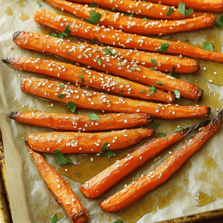 To make honey garlic roasted carrots, you will need: - 1 pound fresh carrots, peeled and cut into sticks or rounds - 3 tablespoons honey - 2 tablespoons olive oil - 3 cloves garlic, minced - 1 teaspoon fresh thyme leaves (or ½ teaspoon dried thyme) - Salt and pepper to taste - 1 tablespoon sesame seeds (optional, for garnish) - Chopped fresh parsley (for garnish) These ingredients work together to create a sweet and savory dish. The honey gives a lovely glaze, while garlic adds depth. You can easily adapt this recipe. Here are some ideas for substitutions: - Honey: Use maple syrup for a vegan option. - Olive oil: Substitute with avocado oil for a different flavor. - Garlic: Garlic powder can replace fresh garlic in a pinch. - Thyme: Try rosemary or oregano if you don’t have thyme. These swaps maintain the core flavors and keep the dish delicious. Precision matters in cooking. Here are some tips to ensure accurate measurements: - Use a kitchen scale for the carrots to get one pound exactly. - For honey, use a liquid measuring cup for accuracy. - When measuring dry ingredients like thyme, level off the measuring spoon with a knife. - Keep a set of measuring spoons handy for small amounts like salt and pepper. Accurate measurements lead to consistent and tasty results. For the full recipe, refer to the previous section. To make honey garlic roasted carrots, start with fresh carrots. Peel them and cut them into sticks or rounds. This helps them cook evenly. Next, mix honey, olive oil, minced garlic, and thyme in a bowl. Whisk these ingredients together. The mixture should be smooth and fragrant. Once mixed, add the carrots to the bowl. Toss them until they are well coated. This step is key to making them flavorful. Now, preheat your oven to 425°F (220°C). This high heat helps caramelize the carrots. While the oven heats, line a baking sheet with parchment paper. This makes cleanup a breeze. Spread the coated carrots on the baking sheet in a single layer. Make sure they have space in between. Crowding them can lead to steaming instead of roasting. Roast the carrots in the oven for 25 to 30 minutes. Halfway through, stir them gently. This ensures even cooking and browning. You want them tender and golden brown when done. After roasting, let them cool slightly before serving. For an extra touch, sprinkle sesame seeds and chopped parsley on top. For the full recipe, check the earlier sections. To make your honey garlic roasted carrots taste amazing, try these tips: - Use fresh carrots: Fresh carrots taste better than older ones. Look for bright, firm carrots. - Add a splash of acid: A bit of lemon juice or vinegar can brighten the flavor. - Experiment with herbs: Fresh herbs like parsley or dill can add extra taste. - Try different honeys: Different types of honey can change the flavor. Experiment with wildflower or clover honey. - Add heat: A pinch of red pepper flakes adds a nice kick. Roasting vegetables can be tricky. Avoid these common mistakes: - Crowding the pan: If you pile carrots too close, they will steam, not roast. Give them space. - Not preheating the oven: Always preheat your oven to ensure even cooking. - Skipping the oil: Oil helps to caramelize the carrots, giving them a nice golden color. - Not stirring: Stir your carrots halfway through roasting. This helps them cook evenly. - Ignoring the time: Keep an eye on the time. Overcooking makes carrots mushy. Caramelization adds depth and sweetness to your carrots. Follow these steps: - Use high heat: Roast at 425°F (220°C) for best results. - Choose the right oil: Use olive oil or avocado oil for high smoke points. - Cut evenly: Make sure all carrot pieces are the same size. This ensures even cooking. - Don't cover the pan: Covering traps steam, which prevents caramelization. - Watch for color: Carrots are done when they turn golden brown. This usually takes about 25-30 minutes. For the full recipe, check out the Sweet & Savory Honey Garlic Roasted Carrots section. Enjoy your cooking! {{image_2}} You can use many veggies for this dish. Try parsnips for a sweet twist. Sweet potatoes add a nice texture and flavor. Brussels sprouts work well, too. The honey and garlic mix will enhance any vegetable you choose. Just remember to cut them into similar sizes. This step helps them cook evenly. Herbs bring out the best in your carrots. Add rosemary for a strong taste. Oregano adds warmth, while basil gives it a fresh kick. You can also try a sprinkle of cayenne pepper for heat. If you like nuts, toss in some chopped walnuts or almonds for crunch. Blend flavors to create your perfect combo! Honey garlic roasted carrots fit many meals. They pair great with grilled chicken or roasted fish. You can serve them with rice or quinoa for a hearty dish. For a special touch, add them to a salad. They complement greens like spinach or arugula. You can even enjoy them as a tasty snack. For the full recipe, check out the complete guide! After enjoying your honey garlic roasted carrots, let them cool first. Place leftovers in an airtight container. Keep them in the fridge. They stay fresh for about 3 to 5 days. If you use glass containers, they save space and are eco-friendly. Make sure to label the container with the date. This helps you track how long they have been stored. When it's time to reheat, use the oven if you can. Preheat it to 350°F (175°C). Spread the carrots on a baking sheet. Heat them for about 10 minutes. This keeps them crispy and full of flavor. You can also use the microwave. Place them in a microwave-safe dish. Cover it with a lid or a damp paper towel. Heat for 1 to 2 minutes. Stir halfway to ensure even heating. You can freeze honey garlic roasted carrots too. Start by cooling them completely. Spread them on a baking sheet. Freeze for 1 to 2 hours until firm. Then, transfer the frozen carrots to a freezer-safe bag. Remove as much air as you can before sealing. They can last for up to 3 months in the freezer. When you're ready to eat, thaw them in the fridge overnight. Reheat as mentioned above. Enjoy the same great taste! Roast the carrots for about 25 to 30 minutes. This timing gives them a nice golden color. You want them tender but not mushy. Stir them halfway through for even cooking. Yes, you can make these carrots ahead. Prepare them, then store them in the fridge for up to three days. Reheat them in the oven for a few minutes before serving. This keeps the flavors fresh and the texture nice. Carrots are great for your eyes. They have vitamin A, which helps with vision. They also have fiber, which is good for digestion. Garlic is known for its strong health benefits. It can boost your immune system and help lower blood pressure. Together, they make a tasty and healthy side dish. For the full recipe, check out the Sweet & Savory Honey Garlic Roasted Carrots! In this blog post, we explored honey garlic roasted carrots, from ingredients to cooking tips. You learned how to choose the right vegetables, substitute for diets, and get perfect caramelization. Following my step-by-step guide leads to tasty results. Remember, roasting brings out natural sweetness. Storage tips help keep leftovers fresh. Don’t hesitate to experiment with flavors! Enjoy your delicious dish and share it with others. Happy cooking!