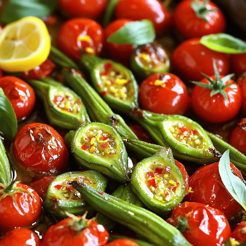 - Fresh okra - Cherry tomatoes - Olive oil - Spices and seasonings - Lemon zest - Fresh basil To make this dish, you need fresh ingredients. Start with 1 pound of fresh okra. Trim and halve them for even cooking. Next, grab 2 cups of cherry tomatoes. Halve these as well to help them roast nicely. You will also need 3 tablespoons of olive oil. This oil helps the veggies get crispy and adds great flavor. For spices, use 1 teaspoon of smoked paprika, 1 teaspoon of garlic powder, and ½ teaspoon of onion powder. Add ½ teaspoon of crushed red pepper flakes if you like some heat. Season with salt and pepper to taste. Don't forget the zest of 1 lemon. It adds a bright taste at the end. Lastly, have some fresh basil on hand. This herb adds color and a fresh touch to your dish. For the complete recipe, check out the [Full Recipe]. - Preheat the oven Start by preheating your oven to 425°F (220°C). This high heat helps the vegetables roast perfectly. - Prepare the vegetables Take 1 pound of fresh okra, trim the ends, and cut it in half. Next, halve 2 cups of cherry tomatoes. This mix gives great flavor and color. - Seasoning combinations In a large bowl, add the okra and tomatoes. Drizzle with 3 tablespoons of olive oil. Then, sprinkle in 1 teaspoon of smoked paprika, 1 teaspoon of garlic powder, ½ teaspoon of onion powder, and red pepper flakes to taste. Don’t forget salt and pepper! Toss until everything is well coated. - Spreading on the baking sheet Line a baking sheet with parchment paper. Spread the seasoned vegetables in a single layer. This helps them roast evenly. - Roasting details Place the baking sheet in the preheated oven. Roast for about 25-30 minutes. The okra should be tender and slightly crispy, while the tomatoes blister beautifully. - Final touches Once done, take the tray out of the oven. Sprinkle the zest of 1 lemon over the hot veggies. This adds a fresh zing. Toss gently and let it cool for a minute. Serve warm, topped with fresh basil leaves for extra flavor and color. For the full recipe, check out the Zesty Roasted Okra & Tomato Medley. To make your roasted okra and tomatoes burst with flavor, start with spices. I love using smoked paprika, garlic powder, and onion powder. These spices add depth and warmth to each bite. Olive oil is key too. It helps the spices stick and enhances the dish's richness. Don't forget red pepper flakes! They add heat. You can adjust the amount to suit your taste. Temperature matters when roasting. Set your oven to 425°F (220°C) for the best results. Use a sturdy baking sheet for even cooking. A parchment-lined sheet helps prevent sticking and makes cleanup easy. Check the doneness of your vegetables. Okra should be tender with crispy edges, while tomatoes should be blistered and juicy. Fresh herbs brighten the dish. I recommend using basil for a lovely touch. A squeeze of lemon juice adds a zesty kick. For serving, pile the roasted vegetables on a plate and sprinkle with lemon zest. This makes for a beautiful presentation. You can enjoy them as a side dish or toss them into a salad for extra flair. For the full recipe, check out the Zesty Roasted Okra & Tomato Medley. {{image_2}} You can change up the veggies in this dish. Try using zucchini, bell peppers, or eggplant. Each adds a unique taste and texture. If you want a creamy touch, add cheese like feta or goat cheese. It pairs well with the roasted flavors. For a twist, consider swapping spices. Instead of smoked paprika, use Italian seasoning or curry powder for a new flavor profile. You can also add a splash of balsamic vinegar for extra depth. If you want a smoky flavor, grill the okra and tomatoes instead of roasting. Just toss them on the grill for about 10-15 minutes. The char adds a nice touch. You can also use an air fryer. Set it to 400°F and cook for about 15 minutes. This method gives you a crispy finish without much oil. Another option is sautéing on the stovetop. Heat some olive oil in a pan. Add the okra and tomatoes, cooking them for about 10 minutes, stirring often. This keeps the veggies tender while still flavorful. Roasted okra and tomatoes go great with proteins. Serve it alongside grilled chicken or fish for a complete meal. You can also use this dish in salads or wraps. Add some grains like quinoa or brown rice for a hearty option. This medley of flavors and textures makes it a versatile side dish. You can enjoy it in many ways, making every meal special. For the full recipe, check out Zesty Roasted Okra & Tomato Medley. To keep your roasted okra and tomatoes fresh, start by cooling down any leftovers. This step is key. Allow the dish to sit for about 30 minutes at room temperature before storing. Next, place the cooled vegetables in an airtight container. This helps keep moisture in and prevents them from drying out. In the fridge, your roasted okra and tomatoes can last for about three to four days. For the best taste, eat them within this time. When you’re ready to enjoy your leftovers, the best way to reheat them is in the oven. Set it to 350°F (175°C) and heat for about 10-15 minutes. This helps restore their crispy texture. If you plan to keep the dish longer, freezing is a great option. Pack the cooled vegetables in a freezer-safe container. They can last for up to three months in the freezer. When you want to eat them, thaw them in the fridge overnight before reheating. Enjoy the flavors and textures just like they were fresh out of the oven! Can I use frozen okra? Yes, you can use frozen okra. However, fresh okra gives the best flavor. If you use frozen okra, thaw it first. Pat it dry to remove excess moisture before roasting. What can I substitute for cherry tomatoes? If you don’t have cherry tomatoes, use regular tomatoes. Cut them into small pieces. You can also use grape tomatoes or sun-dried tomatoes. Each option adds a unique flavor. How do I know when the okra is cooked properly? Okra is done cooking when it is tender and slightly crispy. You want it to have a nice texture. The tomatoes should be blistered and softened. Check around the 25-minute mark. Can I make this vegan? Yes, this dish is already vegan! It contains no animal products. Enjoy it as is or add your favorite vegan protein for a heartier meal. How do I add protein to this dish? You can add protein by mixing in chickpeas or black beans. Grilled chicken or shrimp also works well. Just add them to the mix before roasting. What are some gluten-free options? This recipe is gluten-free! All the ingredients are safe for those avoiding gluten. Enjoy this dish with no worries. Nutritional value of okra and tomatoes Okra is low in calories and rich in vitamins. It contains fiber, vitamin C, and folate. Tomatoes are also nutritious, packed with vitamins A and K. Together, they make a healthy pair. Health advantages of roasting vegetables Roasting enhances the natural flavors of vegetables. It also helps retain nutrients. This cooking method makes veggies more enjoyable and encourages healthy eating. Possible allergens in the recipe This recipe is generally safe. However, check for any allergies to spices or olive oil. If you have specific allergies, adjust the ingredients as needed. Roasting fresh okra and cherry tomatoes brings out their great flavors. I shared essential ingredients, step-by-step tips, and variations to enhance your dish. Remember, choosing the right spices and olive oil is key for taste. Explore cooking methods like grilling or sautéing for new twists. Proper storage keeps leftovers fresh. With this guide, you can enjoy delicious, healthy meals any day. Embrace your creativity in the kitchen, and enjoy the process!