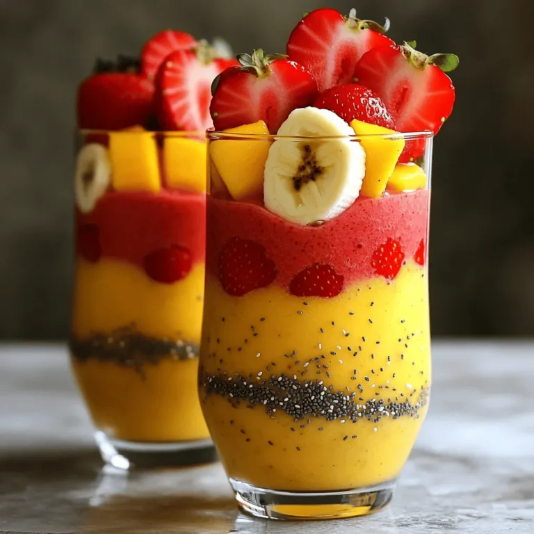 - 1 cup fresh strawberries, hulled and sliced - 1 ripe mango, peeled and diced - 1 banana, sliced Fruits are the stars of this smoothie. Strawberries give a sweet and tart flavor. Mango adds creaminess and tropical vibes. Bananas bring natural sweetness and smooth texture. Each fruit offers vitamins and minerals. Together, they create a bright and colorful drink. - 1 cup Greek yogurt (vanilla or plain) - 1 cup coconut milk (or any milk of your choice) Dairy or non-dairy adds creaminess to the smoothie. Greek yogurt packs protein and calcium, while coconut milk adds a fun tropical flair. You can use any milk you like, such as almond or oat milk. Each choice gives a different taste and texture. - 1 tablespoon honey (optional, for extra sweetness) - 1 tablespoon chia seeds (for added nutrition) To boost flavor, consider adding honey. This will make the smoothie extra sweet. Chia seeds add fiber and omega-3 fatty acids. They also help thicken the smoothie. These small seeds pack a big nutrient punch! Use them to make your drink even healthier. For the full recipe, check out the Strawberry Mango Bliss Smoothie section! - First, wash and hull the strawberries. - Next, peel and dice the mango. - Then, slice the banana into rounds. These steps are important. Clean fruits make a tastier drink. Peeling the mango helps it blend smoothly. Slicing the banana allows for even mixing. - Now, combine the strawberries, mango, and banana in the blender. - Pour in the Greek yogurt and coconut milk. This is where the magic happens! The fruits blend together to create a bright, fruity base. The yogurt adds creaminess, while the milk makes it smooth. - Add chia seeds for a nutrient boost. - Taste the smoothie and adjust sweetness and thickness as needed. Chia seeds are small but mighty. They add fiber and omega-3s. If the smoothie is too thick, add more milk. You can sweeten it with honey, if you like. For the full recipe, check out the detailed instructions above! To make your smoothie creamy, blend the fruits first. Start with the strawberries, mango, and banana. Blend them until smooth. This helps create a nice base. After that, add Greek yogurt and coconut milk. If you want it colder, add a handful of ice. Blend again until everything is mixed well. Too much ice can make it watery, so adjust to your taste. You can switch the yogurt for almond or soy yogurt if you prefer. Coconut milk can be replaced with almond milk or oat milk. These options keep the smoothie tasty and creamy. For extra flavor, add a scoop of vanilla protein powder. You could also toss in a handful of spinach. This adds nutrition without changing the taste much. For a pretty presentation, pour the smoothie into clear glasses. You can garnish with fresh strawberry slices on top. A sprinkle of chia seeds adds texture and looks nice too. Serve with colorful straws for fun. You can even add a slice of mango on the rim of the glass. This makes your drink look fancy and inviting. For the complete recipe, check out the Full Recipe section. {{image_2}} You can mix your smoothie with other fruits. Adding berries like blueberries or raspberries boosts flavor. These fruits add sweetness and extra nutrients. You can also try tropical fruits. Pineapple and kiwi work well with strawberries and mango. They create a fun, vibrant taste. If you need a dairy-free option, use almond or oat milk instead of coconut milk. This keeps the flavors light and fresh. You can also swap Greek yogurt for a plant-based yogurt. For those who want less sugar, use a ripe banana instead of honey. This keeps your smoothie sweet without added sugar. Using seasonal fruits can enhance your smoothie. In summer, add peaches for a juicy flavor. In fall, try pumpkin puree for a warm, cozy taste. You can mix spices like cinnamon or nutmeg to match the season. This gives you a new flavor profile with each change of the year. To keep your smoothie fresh, use suitable containers. Glass jars or BPA-free plastic bottles work well. Seal them tightly to prevent air from entering. Store the smoothie in the fridge for up to 24 hours. The flavor tastes best when fresh, but it can still be good the next day. You can freeze your smoothie, which is great for later. Use ice cube trays to freeze small portions. Once frozen, pop the cubes into a freezer bag. This way, you save space. When you want a smoothie, thaw the cubes in the fridge overnight or blend them into a new smoothie. Make-ahead smoothie packs save time. Prepare all your fruits and ingredients, then place them in freezer bags. Label the bags with the date. When you are ready to blend, just dump the pack into the blender. This method speeds up your morning routine and keeps your smoothie fresh. A strawberry mango smoothie is packed with nutrients. Strawberries are rich in vitamin C, which boosts your immune system. They also contain fiber, which helps with digestion. Mangoes provide vitamin A, good for your skin and eyes. Together, these fruits are low in calories and high in antioxidants. - Strawberries: - High in vitamin C - Contains fiber - Mangoes: - Rich in vitamin A - Packed with antioxidants This smoothie also has Greek yogurt, which adds protein and probiotics. Chia seeds offer omega-3 fatty acids and extra fiber. You get a tasty drink that supports health and wellness. You can prepare this smoothie in advance. To do this, you can chop and store the fruits in the fridge. Keep them in an airtight container for freshness. You can blend the smoothie the night before and store it in the fridge. - Tips for prepping in advance: - Chop fruits ahead of time - Store in airtight containers For best results, drink the smoothie within 24 hours. It tastes best fresh, but you can keep it longer if needed. Making this smoothie vegan is simple. Substitute Greek yogurt with almond or coconut yogurt. You can also swap honey for maple syrup or agave. This keeps the smoothie sweet and plant-based. - Substitutions for dairy ingredients: - Use plant-based yogurt - Replace honey with maple syrup These changes will still provide a creamy and delicious drink. You won’t miss the dairy at all! For smoothies, a powerful blender works best. Look for a model with sharp, strong blades. A high-speed blender can crush ice and blend fruits smoothly. - Recommendations for blenders: - Use a high-speed blender - Ensure blades are sharp Quality matters. A good blender can make a big difference in the texture of your smoothie. Choose one that fits your needs and budget! This guide covered how to make a delicious strawberry mango smoothie. We explored key ingredients, step-by-step instructions, and helpful tips. You learned about variations for your diet and smart storage options. Smoothies can be easy and fun to make. With fresh fruits and nutritious add-ins, you can enjoy a tasty treat. Just remember, you can customize it to match your taste. Now, let your blender do the work and enjoy your refreshing smoothie!