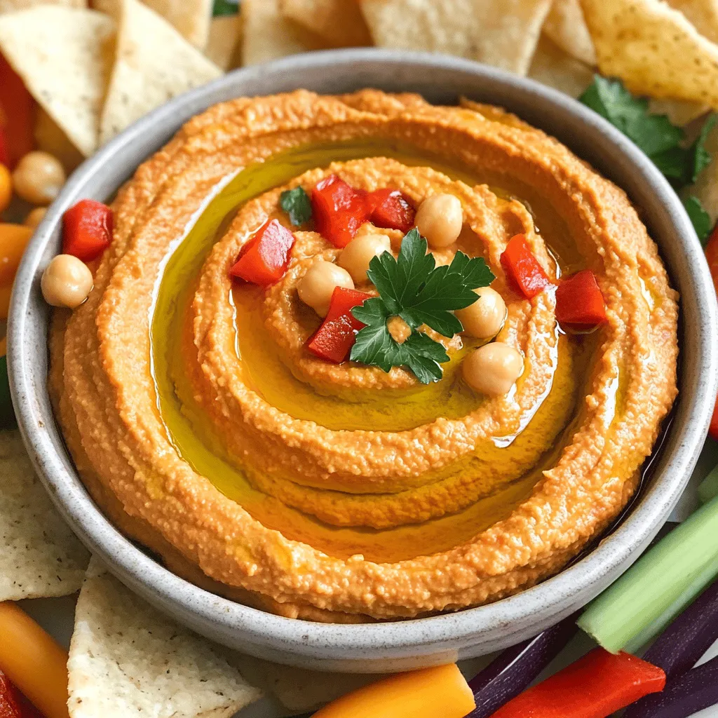 - 1 cup canned chickpeas, rinsed and drained - 1 large red bell pepper - 2 tablespoons tahini - 3 tablespoons olive oil - 2 tablespoons fresh lemon juice - 2 cloves garlic, minced - 1 teaspoon ground cumin - Salt and black pepper to taste - 2 tablespoons water (adjust for consistency) - Fresh parsley, chopped (for garnish) - Pita chips or fresh vegetables (for serving) To make the best roasted red pepper hummus, you need a few simple ingredients. The chickpeas form the base. They are creamy and full of protein. A large red bell pepper adds a sweet taste and vibrant color. Tahini, made from sesame seeds, gives a rich, nutty flavor. You will also need olive oil to make it smooth. Fresh lemon juice adds a tart kick. Garlic brings a strong taste that pairs well. Ground cumin adds warmth. Don't forget salt and black pepper to enhance all the flavors. You can adjust the hummus's texture with water. This helps it become creamy or thick, depending on your liking. For a lovely finish, use chopped parsley to garnish. Serve with pita chips or fresh vegetables for dipping. You can find the full recipe in the earlier section. 1. Preheat your oven to 450°F (230°C). 2. Cut the large red bell pepper in half. Remove the seeds and stems. 3. Place the pepper halves skin-side up on a baking sheet. 4. Roast them in the oven for about 20-25 minutes. The skin should blister and blacken. 5. Once done, remove the peppers and let them cool for about 10 minutes. 6. Peel off the skin and chop the flesh. This adds a sweet and smoky taste to your hummus. 1. In a food processor, combine: - 1 cup canned chickpeas, rinsed and drained - Chopped roasted red pepper - 2 tablespoons tahini - 3 tablespoons olive oil - 2 tablespoons fresh lemon juice - 2 cloves garlic, minced - 1 teaspoon ground cumin 2. Blend the mixture until smooth. 3. If the hummus is too thick, add water a tablespoon at a time. Adjust until you reach your desired consistency. 4. Season with salt and black pepper. Taste and adjust as needed. 1. Transfer the smooth hummus to a serving bowl. 2. Drizzle with additional olive oil for richness. 3. Garnish with chopped fresh parsley for a pop of color. This recipe is easy and a delight for your taste buds. You’ll find it perfect for parties or a healthy snack. Enjoy with pita chips or fresh veggies. For the full recipe, check out [Full Recipe]. To get the right hummus texture, adjust the water. Start with two tablespoons, then add more if needed. Blend well. The longer you blend, the smoother your hummus will be. This step is key to a creamy result. Boost the taste by adding spices or herbs. Try smoked paprika for warmth or fresh basil for a twist. Fresh lemon juice adds zing. It brightens the flavors and makes the hummus pop. Serve your hummus in a shallow bowl. Create a swirl on top with a spoon. Drizzle olive oil in the center for shine. Arrange pita chips and fresh veggies around the bowl. This makes your dish look colorful and inviting. For the full recipe, check the link above. {{image_2}} You can make this hummus even more fun. Try adding some heat with spicy roasted red pepper hummus. Just toss in a pinch of cayenne or some chopped jalapeños for that extra kick. If you love herbs, mix in fresh basil or cilantro. These add a bright flavor that makes your hummus pop. Want to keep it vegan? This recipe is already vegan-friendly! If you like, you can swap the tahini for sunflower seed butter. This change keeps the taste yummy. For those who need gluten-free options, pair your hummus with veggie sticks or gluten-free crackers. They will make a great snack! Sometimes, you just need hummus fast! When you're in a rush, grab a store-bought option. Look for brands that use real ingredients and no added preservatives. Some of the best brands are Sabra and Cedarlane. They have great roasted red pepper hummus that can save you time while still tasting good. To keep your hummus fresh, use an airtight container. Glass jars work great. Make sure the lid seals tightly. It helps to keep air out. For added freshness, drizzle a little olive oil on top. This layer forms a barrier against air. Homemade hummus lasts about a week in the fridge. Store it at a temperature below 40°F (4°C). If you want to keep it longer, you can freeze it. Hummus can stay good in the freezer for up to three months. To thaw frozen hummus, move it to the fridge overnight. If you're in a hurry, you can use the microwave. Heat it in small bursts, stirring in between. Don't overheat, as it can change the texture. Enjoy your hummus with pita chips or fresh veggies just like in the Full Recipe! If you don’t have tahini, use peanut butter or sunflower seed butter. You can also blend soaked cashews or almonds for a nutty taste. These options give your hummus a creamy texture. Each will add a unique flavor twist to the dish. Homemade hummus lasts about 5 to 7 days in the fridge. Store it in an airtight container. Check for signs of spoilage, like a sour smell or mold on top. If it smells fresh, it’s still good to eat. Yes, you can make roasted red pepper hummus a day in advance. Just store it in the fridge. Let it sit at room temperature for about 30 minutes before serving. This helps the flavors blend better. This blog post covered how to make delicious hummus with roasted red pepper. You learned about the main ingredients, step-by-step instructions, and helpful tips. We also explored fun variations and storage tips. Remember, perfecting your hummus takes practice, so don’t hesitate to experiment. Enjoy your tasty snack with pita or fresh veggies. With these methods, you can create hummus that shines at any gathering!