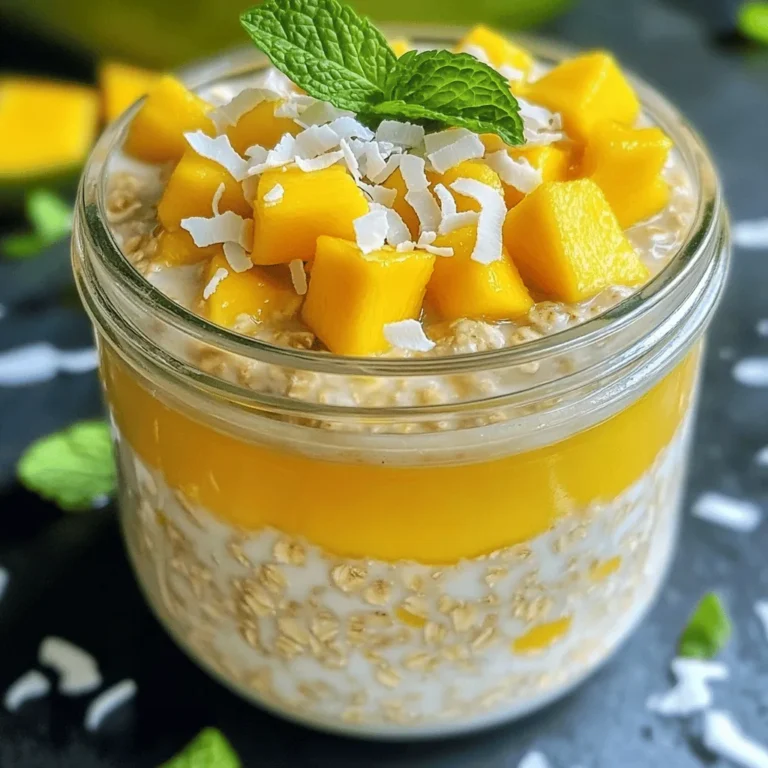 To make Mango Coconut Overnight Oats, you will need simple and fresh ingredients. Here’s what you should gather: - 1 cup rolled oats - 1 cup coconut milk (canned or from a carton) - 1 ripe mango, diced - 1 tablespoon chia seeds - 2 tablespoons shredded coconut (unsweetened) - 1 tablespoon maple syrup (or honey) - 1/2 teaspoon vanilla extract - A pinch of salt - Fresh mint leaves for garnish (optional) These ingredients come together to create a creamy, dreamy breakfast that feels like a treat. The oats provide fiber and keep you full. Mango adds natural sweetness and flavor. Coconut milk gives it a rich, creamy texture. Chia seeds pack in nutrients and help thicken the oats. The vanilla extract and salt enhance all the flavors, making each bite delicious. You can find the full recipe for more detailed steps to prepare this tasty and healthy meal. - Combine all ingredients in a bowl or jar: - 1 cup rolled oats - 1 cup coconut milk (canned or from a carton) - 1 tablespoon chia seeds - 2 tablespoons shredded coconut (unsweetened) - 1 tablespoon maple syrup (or honey) - 1/2 teaspoon vanilla extract - A pinch of salt Start by pouring the rolled oats into your bowl or jar. Next, add the coconut milk, chia seeds, shredded coconut, maple syrup, vanilla extract, and a pinch of salt. - Stir well to integrate flavors: Mix all the ingredients thoroughly. You want every part to blend nicely. This ensures a yummy taste in each bite. - Fold in half of the diced mango: Take the diced mango and gently fold it into the oat mixture. This helps the mango flavor spread throughout. - Save remaining mango for topping: Set aside the other half of the mango. You will use this to top your oats later. - Transfer mixture to jars or bowl: Pour the oat mixture into jars or keep it in your bowl. Make sure it is evenly spread out. - Cover and refrigerate overnight (or for 4 hours): Put a lid on the jars or cover the bowl with plastic wrap. Place it in the fridge for at least four hours or overnight. This soaking time makes the oats soft and creamy. In the morning, your Mango Coconut Overnight Oats will be ready to enjoy! For the full recipe, refer to the earlier section. To get the perfect texture, adjust the coconut milk. If you like it thicker, add less milk. If you want it creamier, pour in more coconut milk. Always stir the oats before you eat. This mixes the flavors well and makes each bite tasty. You can boost the flavor by adding spices like cinnamon or nutmeg. These spices make your oats more exciting. Try different sweeteners too. Maple syrup is great, but honey or agave can work well too. Find what you love best! Prep multiple servings at once to save time. This way, you can enjoy delicious oats all week. Use airtight containers to keep them fresh. This helps the oats stay tasty and safe. If you make extra, you’ll always have a quick meal ready. For the full recipe, check out the earlier section. {{image_2}} Mango coconut overnight oats are simple and fun to change up. You can play with flavors and textures. Here are some tasty variations. - Add pineapple or banana for a fruitier version. Mixing these fruits gives a bright taste. - Use almond or soy milk as substitutes. This can change the flavor and make it creamy. - Incorporate nuts like almonds or pecans. Nuts add crunch and healthy fats. - For seeds, add hemp or pumpkin seeds. They boost nutrition and give more texture. - Use flavored yogurt for creaminess. This can make your oats rich and sweet. - Limit or increase maple syrup based on preference. Taste as you go to find your sweet spot. These twists can make each bowl unique. You can mix and match to fit your mood or the season. For the full recipe, check above. Enjoy creating your perfect mango coconut overnight oats! Store your mango coconut overnight oats in airtight containers. This keeps them fresh and tasty. I suggest eating them within 3-4 days for the best quality. The flavors stay bright, and the oats remain creamy. Can overnight oats be frozen? Yes, you can freeze them! Just make sure to use freezer-safe containers. When you want to enjoy them, take them out and place them in the fridge. Let them thaw overnight. You can also warm them in the microwave if you like them warm. For meal prep, use small jars for each serving. This makes it easy to grab one in the morning. You can enjoy a healthy breakfast without any fuss. Plus, it helps you stick to your healthy eating plan. The jars are great for on-the-go meals, keeping your mornings smooth and tasty. Yes, you can! Almond, soy, or oat milk work well. They all add a nice flavor. Just keep the same amount as coconut milk in the recipe. Each milk will change the taste a bit, but it’s still tasty. You can keep overnight oats in the fridge for three to four days. For the best taste and texture, eat them within this time. The oats may get soft, but they will still be good. Yes, this recipe is gluten-free if you use rolled oats labeled gluten-free. Make sure to check the label. Some oats may contain gluten from cross-contamination. Choosing certified gluten-free oats keeps it safe for those with gluten sensitivity. You can easily add protein powder! Mix in one scoop when you combine the other ingredients. This will boost the protein without changing the texture too much. Just stir it well to ensure it blends in nicely. Mango and coconut both provide great nutrients. Mango is high in vitamins A and C. They help keep your skin healthy. Coconut contains healthy fats and fiber. This helps with digestion and keeps you full longer. Together, they make this breakfast tasty and nutritious! This blog post covers how to make mango coconut overnight oats. We shared the ingredient list, easy steps for preparation, and tips for flavor and consistency. You can also explore fun variations and storage options to fit your needs. Making these oats can change your breakfast routine. You get a tasty, quick meal rich in nutrients. I hope you try this recipe and enjoy the benefits it brings. Happy prepping!