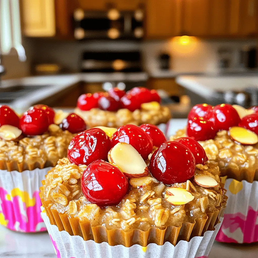 - 2 cups rolled oats - 1 cup fresh or frozen cherries, pitted and halved - 2 tablespoons almond butter - 1 teaspoon baking powder - 1 teaspoon ground cinnamon - 1/2 teaspoon salt - 2 tablespoons honey or maple syrup - 2 cups almond milk (or any milk of choice) - 1 teaspoon vanilla extract - 1/4 cup chopped almonds When I make Cherry Almond Oatmeal Cups, I focus on quality ingredients. The rolled oats serve as a hearty base. They provide fiber and keep you full longer. I love using fresh or frozen cherries because they add sweetness and a pop of color. Almond butter gives a creamy texture and a nutty flavor. For the dry mix, I add baking powder for a little lift. Ground cinnamon brings warmth to the flavor, while salt balances the sweetness. The wet ingredients are just as important. Honey or maple syrup sweetens the mix naturally. I prefer almond milk for a nutty taste, but you can use any milk you like. Vanilla extract adds depth, and chopped almonds give a nice crunch. This combination makes each bite a tasty and nutritious experience. You can find the full recipe above to guide your cooking. - Preheat the oven to 350°F (175°C). - Line a muffin tin with silicone or paper liners. - In a large bowl, mix the rolled oats, baking powder, ground cinnamon, and salt. - In another bowl, blend the almond butter, honey or maple syrup, almond milk, and vanilla extract. - Pour the wet mixture into the dry ingredients and stir until mixed well. - Gently fold in the cherries and chopped almonds. - Spoon the mixture into the muffin tin, filling each cup three-quarters full. - Bake for 20-25 minutes, until the tops are golden brown. - Cool in the pan for 5 minutes, then transfer to a wire rack. These Cherry Almond Oatmeal Cups are not just tasty; they are a nutritious snack. Check the Full Recipe for more details! - Use fresh vs. frozen cherries: Fresh cherries offer a bright flavor. They can provide a nice texture. Frozen cherries are easy to find and save time. They work well too, just let them thaw first. - Adjust sweetness to taste: Not everyone likes their snacks sweet. Start with honey or maple syrup. Taste the mixture and add more if needed. This way, you can make it just right for you. - Enjoy warm or chilled: These oatmeal cups taste great hot from the oven. You can also chill them for a refreshing snack later. - Pair with yogurt or nuts: For extra protein, top your oatmeal cups with yogurt. You can also sprinkle nuts on top for a nice crunch. - Muffin tin and liners: A muffin tin is key for this recipe. Use silicone or paper liners to make cleanup easy. - Mixing bowls and spatula: You need bowls to mix the ingredients. A spatula helps combine everything well. Check out the Full Recipe for all the details! {{image_2}} You can change the nut butter in this recipe. Almond butter works great, but you can also use peanut or cashew butter. Each nut butter gives a different flavor and texture. If you want to swap the cherries, try other fruits like blueberries or diced apples. This keeps the recipe fresh and fun. To make these oatmeal cups gluten-free, use certified gluten-free oats. This tiny change means everyone can enjoy them. For vegan options, replace honey with maple syrup. Also, use plant-based milk like oat or soy milk. Your cups will still taste amazing without any animal products. Want to add a little magic? Toss in some chocolate chips. They melt and create sweet pockets in your oatmeal cups. You can also add spices like nutmeg or cardamom for warmth. If you love crunch, mix in more nuts or seeds. Sunflower seeds or walnuts work well. These small changes make the recipe yours. Enjoy experimenting! To keep your Cherry Almond Oatmeal Cups fresh, store them in the fridge. Place them in an airtight container. This helps prevent them from drying out. You can easily stack them in the container. If you want to freeze them, wrap each cup tightly in plastic wrap. Then, put them in a freezer-safe bag. This keeps them safe from freezer burn. In the fridge, these oatmeal cups last about one week. After this time, they may lose some taste. If you freeze them, they can last for up to three months. However, be aware that the texture may change after freezing. They might not be as fluffy once thawed. To reheat your oatmeal cups, use the microwave or the oven. For the microwave, heat them for about 30 seconds. This works well for one or two cups. If you have more, use the oven. Preheat it to 350°F (175°C) and warm the cups for about 10 minutes. This method keeps them nice and soft. Avoid overheating them as it can make them dry. Enjoy your tasty and nutritious snack warm! You can find the full recipe above. Cherry Almond Oatmeal Cups last about one week in the fridge. Store them in an airtight container. They taste best when fresh, but the flavor stays good for a week. Over time, the texture may change slightly. They may become a bit softer, but they remain tasty. Yes, you can make these oatmeal cups ahead of time. They are perfect for meal prep. Bake a batch and store them in the fridge. You can enjoy them for breakfast or snacks throughout the week. Just reheat them in the microwave for a quick treat. You can use quick oats, but the texture will change. Quick oats absorb more liquid. This makes the cups softer and less chewy. If you prefer a firmer texture, use rolled oats as the recipe calls for. Many toppings work well with these oatmeal cups. Here are some great ideas: - Fresh fruits like bananas or berries - Nut butters such as peanut or cashew - Seeds like chia or flaxseeds - Coconut flakes for added flavor - A sprinkle of cinnamon for warmth These toppings add variety and nutrition to your snacks. Enjoy experimenting with your favorite mix-ins! You can find the full recipe to get started on making these delicious Cherry Almond Oatmeal Cups. This blog post covered a tasty recipe for Cherry Almond Oatmeal Cups. We explored the main, dry, and wet ingredients needed. You learned step-by-step instructions to make the cups, along with helpful tips to optimize the recipe. We also shared variations for different diets and storage tips to keep them fresh. In the end, these oatmeal cups make for a healthy, simple snack or breakfast. I hope you enjoy experimenting with this recipe and making it your own!