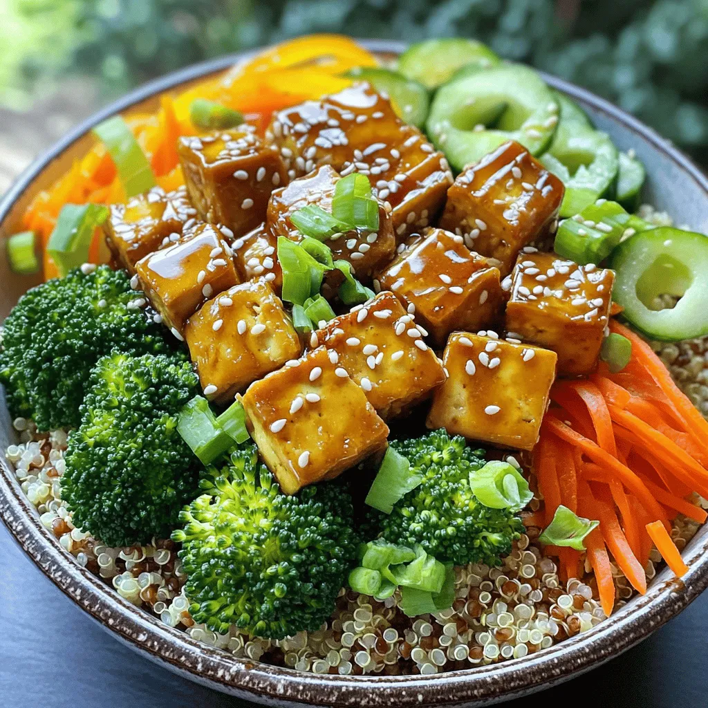 - 1 block (14 oz) firm tofu, drained and pressed - 1 cup cooked brown rice or quinoa - 1 cup broccoli florets - 1 cup shredded carrots - 1 bell pepper, sliced (any color) - 2 green onions, sliced - 1 tablespoon sesame oil - 1 tablespoon olive oil - 1/4 cup soy sauce (or tamari for gluten-free) - 2 tablespoons maple syrup - 1 tablespoon rice vinegar - 1 teaspoon minced garlic - 1 teaspoon grated ginger - 1 tablespoon sesame seeds for garnish Each serving of the Teriyaki Tofu Buddha Bowl is packed with nutrients. You get about 400 calories, 20 grams of protein, 50 grams of carbs, and 15 grams of fats. This bowl is a great balance of macronutrients. The ingredients offer many health benefits. Tofu serves as a fantastic source of plant protein. Brown rice or quinoa adds fiber and essential minerals. Broccoli is rich in vitamins C and K, while carrots provide beta-carotene. Bell peppers can boost your immune system as well. Green onions add flavor and nutrients without many calories. Eating this bowl can support a healthy diet and keep you energized. The blend of flavors and textures makes every bite enjoyable. It's not just a meal; it’s a feast for your body and spirit. For the full recipe, check the details above. First, press the tofu to remove excess water. Wrap it in a clean towel and place a heavy object on top for about 15 minutes. This helps the tofu absorb flavors better. After pressing, cut the tofu into small cubes. Next, make the teriyaki marinade. In a bowl, mix together: - 1/4 cup soy sauce (or tamari for gluten-free) - 2 tablespoons maple syrup - 1 tablespoon rice vinegar - 1 teaspoon minced garlic - 1 teaspoon grated ginger Gently add the tofu cubes to the marinade and stir to coat. Let the tofu soak in the flavors for at least 15 minutes. While the tofu marinates, cook your grains. You can use either brown rice or quinoa. Follow the package instructions for cooking. For perfect grains, use a 2:1 ratio of water to grains. Here’s a tip: After cooking, let the grains sit covered for 5 minutes. This helps them fluff up nicely. Heat a large skillet or wok over medium heat. Add 1 tablespoon of olive oil. Sauté the broccoli and bell pepper for about 4-5 minutes. You want them to be tender but still crisp. Then, add 1 cup of shredded carrots and cook for another 2 minutes. Remove the skillet from the heat and set the vegetables aside. In the same skillet, add 1 tablespoon of sesame oil and heat it over medium-high. Carefully place the marinated tofu cubes in the skillet. Cook for about 5-7 minutes. Turn the tofu occasionally until it is golden brown and slightly crispy. The right oil helps achieve that perfect texture. Now, it’s time to put everything together! Start with a base of cooked brown rice or quinoa in a deep bowl. Layer the sautéed vegetables on top of the grains. Finally, add the crispy teriyaki tofu. For a beautiful presentation, arrange the ingredients in sections. This adds color and makes the dish more appealing. You can also sprinkle some sliced green onions and sesame seeds on top for extra flavor and crunch. Enjoy your Teriyaki Tofu Buddha Bowl! For the complete recipe, check out [Full Recipe]. To make your Teriyaki Tofu Buddha Bowl burst with flavor, focus on your marinade. A great mix includes: - 1/4 cup soy sauce or tamari for gluten-free - 2 tablespoons maple syrup - 1 tablespoon rice vinegar - 1 teaspoon minced garlic - 1 teaspoon grated ginger Letting the tofu soak in this marinade for at least 15 minutes enhances the taste. You can even marinate it longer for a stronger flavor. When cooking, use medium-high heat to get a nice sear on your tofu. This step locks in the flavor and gives it a delightful crunch. Stir-fry the veggies quickly. This keeps them vibrant and crisp. A beautiful bowl is all about colors and textures. Here’s how to make it pop: - Start with a base of brown rice or quinoa. - Layer the sautéed veggies in sections. - Place the crispy tofu on top. - Add a sprinkle of green onions and sesame seeds for crunch. This layout not only looks good but also makes it easy to enjoy each bite. Drizzle a bit of extra teriyaki sauce over the top for shine and flavor. You can easily change this bowl to fit your taste. Here are some ideas: - Swap tofu for tempeh or chickpeas for added protein. - Try adding different vegetables like spinach, corn, or snap peas. - For a gluten-free option, use tamari instead of soy sauce. - For a low-carb version, consider cauliflower rice instead of grains. These simple swaps keep your meals fresh and exciting while catering to your dietary needs. For the full recipe, check out my detailed guide. {{image_2}} You can switch tofu for other proteins. Tempeh is a great choice. It has a nutty flavor and a firm texture. Chickpeas are another option; they add protein and fiber. For tempeh, cook it for about 7-10 minutes until golden. If using chickpeas, add them to the pan for just a few minutes to warm up. Don’t feel stuck with just brown rice. Quinoa is a fantastic alternative. It cooks quickly and is packed with protein. Farro adds a chewy texture and a nutty taste. If you want a low-carb option, try cauliflower rice. Each grain brings different health benefits. Quinoa is high in protein, while farro has fiber. The teriyaki sauce can be boosted with spices. Add a pinch of red pepper flakes for heat. You can also stir in some orange zest for a citrus kick. For toppings, consider avocado for creaminess or nuts for crunch. These little touches make your bowl unique and tasty. Explore various toppings to find your favorite mix. To keep your Teriyaki Tofu Buddha Bowl fresh, store it in airtight containers. Glass containers work best as they do not absorb odors. Make sure the bowl is cool before sealing it. This helps avoid moisture build-up, which can make the food soggy. Store any leftover rice or quinoa separately to keep them fluffy. Reheat your tofu and vegetables gently. The microwave is quick, but it can make the tofu soft. Instead, try using a skillet. Heat a little oil over medium heat, add the tofu and veggies, and stir until hot. This keeps the texture nice and tasty. You can also add a splash of water to create steam and warm everything evenly. If you want to freeze your Buddha bowl, separate the components first. Freeze the tofu and cooked grains in different bags. This way, they stay fresh longer. To thaw, place them in the fridge overnight. For reheating, use the skillet method to ensure everything is hot and tasty. You can even add some fresh veggies during reheating for added crunch. You can use tempeh, chickpeas, or seitan. Tempeh has a nutty taste. It cooks fast and adds protein. Chickpeas add a hearty texture. You can roast them for crunch. Seitan works well for a chewy bite. Cook it in the same way as tofu. Homemade teriyaki sauce lasts about a week in the fridge. Store it in a clean jar. Make sure to seal it tight. If you notice any odd smell, throw it away. You can freeze it for longer storage. Just thaw it when you need it. Yes, you can prep this bowl ahead of time. Cook grains and chop veggies in advance. Store them in airtight containers. The flavors will blend well if left overnight. Just add the tofu before serving. This keeps it crispy and fresh. Yes, you can easily make it gluten-free. Use tamari instead of soy sauce. Choose gluten-free grains like quinoa. All the veggies are naturally gluten-free too. This way, everyone can enjoy it without worry. You can add sriracha or chili flakes for heat. Mix it into the teriyaki sauce. For a different flavor, try fresh jalapeños. You can also serve with spicy sesame oil. Adjust the spice to your taste for a kick! This blog post detailed how to create a tasty Teriyaki Tofu Buddha Bowl. We covered ingredients, step-by-step cooking, and helpful tips for flavor and presentation. You learned about storage and variations for customization. Now, you can make this dish your own. Experiment with flavors, grains, and proteins. Enjoy the health benefits while satisfying your taste buds. This bowl is not just a meal; it's a canvas for your creativity. Happy cooking!
