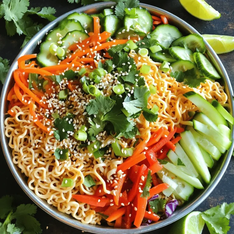 - 4 oz ramen noodles - 1 cup shredded carrots - 1 bell pepper, thinly sliced - 1 cup cucumbers, julienned - 1/2 cup red cabbage, shredded - 1/4 cup green onions, sliced - 1/4 cup sesame seeds (toasted) - 1/4 cup cilantro leaves, chopped The main ingredients for this salad make it bright and fresh. The ramen noodles form a chewy base. I love using colorful veggies like carrots, bell pepper, cucumbers, and red cabbage. They add crunch and flavor. Green onions bring a mild onion taste that complements the other ingredients. The herbs and seeds, like cilantro and sesame seeds, give it a burst of freshness. - 1/3 cup sesame oil - 2 tablespoons soy sauce - 2 tablespoons rice vinegar - 2 tablespoons honey or maple syrup - 3 cloves garlic, minced - 1 teaspoon grated fresh ginger - Salt and pepper to taste The dressing is the heart of this dish. Sesame oil adds a nutty flavor that ties everything together. Soy sauce brings umami and depth. Rice vinegar adds tang, while honey or maple syrup gives a touch of sweetness. Garlic and ginger make the dressing aromatic and lively. Adjust the seasoning with salt and pepper, ensuring the flavors pop. For the full recipe, check out the detailed steps to create this delicious salad. First, boil a pot of water. Add the ramen noodles and cook them according to the package instructions. Usually, this takes about 3 to 5 minutes. Stir gently to prevent them from sticking. Once done, drain the noodles and rinse them under cold water. This step cools the noodles quickly, stopping the cooking process. Next, grab a cutting board and a sharp knife. Start by shredding the carrots using a grater. Slice the bell pepper into thin strips. For the cucumber, julienne it into small sticks. Shred the red cabbage finely. Finally, slice the green onions. In a large mixing bowl, combine the cooled ramen noodles with all the prepared vegetables. Toss them together until they mix well. In a small bowl, add the sesame oil, soy sauce, rice vinegar, honey or maple syrup, minced garlic, and grated ginger. Whisk these ingredients together until they form a smooth dressing. Taste it and adjust the seasoning with salt and pepper as needed. You want a balance of flavors that makes your taste buds happy. Now, pour the dressing over the noodle and vegetable mixture. Toss everything gently so that all the noodles and veggies get coated with the dressing. For the final touch, sprinkle toasted sesame seeds and chopped cilantro on top. Give it one last toss to mix everything together. Let the salad sit for about 10 minutes. This waiting time helps the flavors blend beautifully. For serving, you can use a large bowl or individual portions. Garnish each serving with a bit more sesame seeds and cilantro for a nice look. You can also include lime wedges for an extra zesty kick. This salad is fresh, colorful, and packed with flavor. You can find the full recipe above to guide you further! To get the best flavor in your sesame garlic ramen salad, you can tweak a few ingredients. For a spicy kick, add a teaspoon of chili paste to the dressing. If you want a sweeter taste, increase the honey or maple syrup. Letting the salad rest for about 10 minutes helps the flavors blend. This step makes every bite taste better. Using fresh ingredients is key to a great salad. Choose bright, crisp vegetables. Look for carrots that snap when you break them. For crunch, cut bell peppers and cucumbers just before you serve. This keeps them firm and tasty in the salad. You can also add sliced radishes for extra crunch and color. If you have leftovers, store them in an airtight container. The salad stays fresh for up to three days in the fridge. To make it a full meal, add proteins like grilled chicken or tofu. You can mix them in or serve on top. This salad is great for lunch or dinner, and it’s easy to make ahead. Check out the Full Recipe for perfect steps to follow. {{image_2}} You can make your Sesame Garlic Ramen Salad even heartier by adding proteins. Chicken, tofu, or shrimp work great! For chicken, use grilled or rotisserie chicken for ease. For tofu, try marinated varieties for extra flavor. Shrimp should be cooked until pink and tender. Each option adds a nice touch and boosts the protein. Want to shake things up? You can swap out the dressing! Try a spicy sriracha sauce for heat or a tangy sesame ginger blend. These flavors can transform the salad completely. Keep experimenting to find your favorite mix. A good dressing makes every bite exciting! You can adjust your salad based on what’s fresh each season. In spring, add peas or asparagus. Summer calls for juicy tomatoes or corn. In fall, think about roasted carrots or sweet potatoes. Each season brings new flavors, and you can adapt the salad to match. This keeps your meals fun and fresh! To keep your Sesame Garlic Ramen Salad fresh, store it in an airtight container. This helps prevent moisture from ruining the crunch of your veggies. You can keep it in the fridge for about three days. After that, the salad may lose its flavor and texture. If your salad needs a little boost after storage, don’t worry! You can revive it easily. Just give it a good toss and check if it needs more dressing. If the original dressing gets thick, adding a splash of fresh sesame oil or soy sauce will help. Freezing is not the best choice for this salad. The noodles and veggies can become mushy once thawed. However, if you want to freeze components, consider freezing the dressing separately. When you are ready to eat, thaw the dressing in the fridge and mix it with fresh noodles and veggies. This keeps your salad tasty and fresh! Yes, you can prepare this salad ahead of time. Cook the ramen noodles and cool them. Chop the veggies and mix them in a bowl. Keep the dressing separate until serving. This helps keep the salad fresh. It will taste better if you let it chill for a bit. Just remember to store it in the fridge. This salad is perfect for meal prep. It stays fresh in the fridge for about three days. Just make sure to store the dressing separately. When you are ready to eat, shake and mix everything together. You can add protein like chicken or tofu for a complete meal. If you don’t have ramen noodles, try rice noodles or soba noodles. These are easy to find and tasty. For a gluten-free option, use rice noodles or zucchini noodles. Both of these choices add great texture and flavor. Homemade dressing lasts about one week in the fridge. Store it in an airtight container. To keep it fresh longer, add a bit of vinegar. This helps preserve the flavors. Always give it a good shake before using it again. For more tips on making this salad, check out the Full Recipe! This blog post covered how to make a fresh and tasty Sesame Garlic Ramen Salad. You learned about the main ingredients, from the ramen noodles to the veggies and herbs. We discussed how to cook, prepare, and mix everything together, plus tips for flavor and texture. You can experiment with proteins and different dressings, too. In the end, this salad is versatile and full of flavor. Enjoy making it your own!