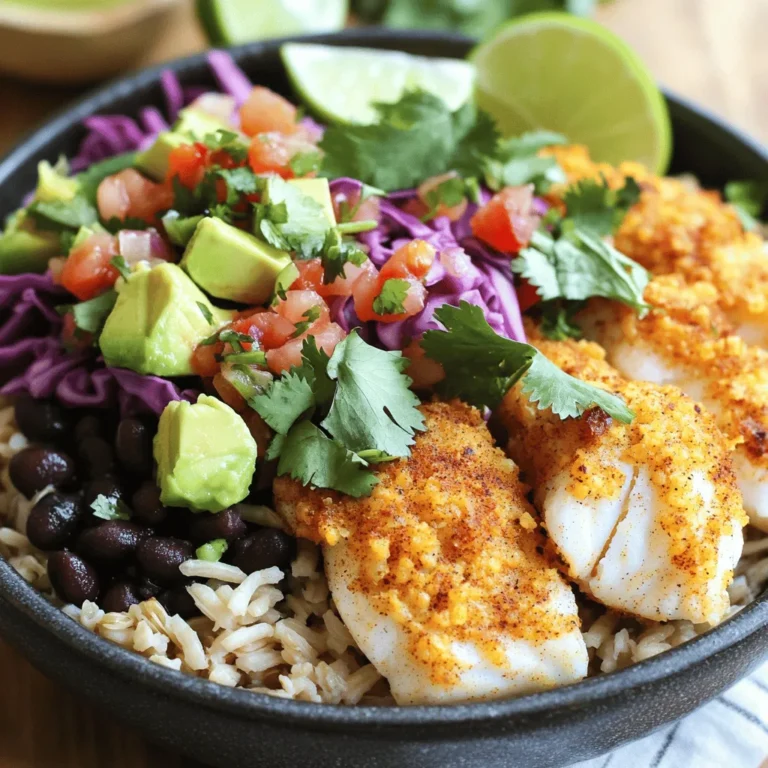 To create a tasty Baja fish taco bowl, you need some key ingredients. These ingredients bring flavor and texture to your dish. Here’s what you will need: - 1 lb white fish fillets (cod or tilapia) - 1 cup cornmeal - 1 teaspoon chili powder - 1 teaspoon cumin - 1/2 teaspoon garlic powder - Salt and pepper, to taste - 2 tablespoons olive oil - 2 cups cooked brown rice - 1 cup black beans, rinsed and drained - 1 cup fresh pico de gallo (or diced tomatoes, onion, and cilantro) - 1 avocado, diced - 1 cup shredded red cabbage - 1 lime, cut into wedges - Fresh cilantro leaves for garnish These ingredients come together to make a balanced and vibrant meal. The fish provides protein, while the rice and beans add fiber. The veggies and toppings give freshness and crunch. You can customize your Baja fish taco bowl with optional toppings. These can enhance flavors and create variety. Here are some ideas: - Sliced jalapeños for heat - Sour cream or Greek yogurt for creaminess - Extra lime wedges for zest - Pickled onions for tang - Tortilla chips for crunch Feel free to mix and match these toppings. They can make your dish even more enjoyable. Sometimes, you may not have all the ingredients on hand. No worries! You can substitute items with ease. Here are some simple swaps: - Use any firm white fish if cod or tilapia is not available. - For cornmeal, try using breadcrumbs for a different texture. - Brown rice can be swapped with quinoa or cauliflower rice. - If you don't have black beans, kidney beans work well too. These substitutions keep the spirit of the dish while allowing for flexibility. You can still enjoy a delicious meal tailored to what you have. For the full recipe, check out the complete guide to making these delightful bowls. First, I preheat my oven to 400°F (200°C). This step is key for crispy fish. Next, I mix cornmeal, chili powder, cumin, garlic powder, salt, and pepper in a small bowl. I pat the fish fillets dry with a paper towel. This makes sure the coating sticks well. Then, I coat each fillet in the cornmeal mix. I press gently to help it stick. Next, I heat olive oil in a large oven-safe skillet over medium heat. I know the oil is ready when it shimmers. I add the fish fillets and cook for about 2-3 minutes. I want the bottom to turn golden brown. After that, I carefully flip the fillets. Then, I transfer the skillet to the preheated oven. I bake for 10-12 minutes. The fish should flake easily with a fork when done. Now comes the fun part—assembling the bowls! I start with individual serving bowls. I layer cooked brown rice as the base. Next, I add black beans and shredded red cabbage. These layers add color and texture. After that, I top the bowls with pieces of the baked fish. To finish, I add a generous dollop of pico de gallo. Diced avocado and fresh cilantro leaves follow. These toppings make each bite fresh and vibrant. I serve with lime wedges on the side. A squeeze of lime brings out all the flavors. For the best results, cooking time matters. When cooking the fish, keep the heat at medium. This helps the fish cook evenly. I recommend baking it for 10-12 minutes in the oven. The fish should be opaque and flaky when done. Always check for doneness before serving. Using these steps, you can create a Baja Fish Taco Bowl that is both flavorful and fresh. For all the details, refer to the Full Recipe. To cook the fish just right, start by patting it dry. This helps the coating stick. Use your favorite white fish, like cod or tilapia. Coat the fish in the cornmeal mixture well. This adds a nice crunch. Heat olive oil in a skillet until it shimmers. Place the fish in the hot oil carefully. Cook it for 2-3 minutes until golden brown on one side. Flip it gently, then bake it in the oven for 10-12 minutes. The fish should flake easily when done. This method ensures your fish is tender and flavorful. To boost flavor, try adding lime juice to your fish before cooking. This gives a fresh zing. You can also mix lime zest into your cornmeal for added depth. For extra crunch, top your bowls with crispy tortilla strips. If you love heat, add sliced jalapeños or a hot sauce drizzle. Consider mixing fresh herbs, like cilantro, into the pico de gallo. This adds freshness and brightness. These simple tweaks can elevate your dish to a new level. For the best experience, layer your bowls carefully. Start with brown rice, then add black beans, and finally the fish. Top with pico de gallo, avocado, and red cabbage. Serve the bowls with lime wedges on the side. This lets everyone squeeze lime juice just before eating. It brightens the flavors. You can also pair these bowls with a refreshing beverage, like horchata or agua fresca. These drinks complement the spicy notes of the dish. Enjoying your meal in a bowl makes it fun and easy to share! {{image_2}} You can make Baja fish taco bowls without fish. Try using crispy tofu or tempeh instead. Both options give you great texture and flavor. Marinate them in lime juice, chili powder, and cumin for a tasty kick. You can also use jackfruit for a fun, shredded texture. Just cook it with seasonings to enhance its taste. While cod and tilapia are popular, other fish work well, too. Mahi-mahi offers a sweet and rich flavor. Snapper has a nice firmness that holds up well in the oven. If you like a stronger taste, use salmon or swordfish. Choose what you enjoy most for a personal touch to your bowl. Different areas add their own flair to fish taco bowls. In Baja, Mexico, you might find grilled fish topped with cabbage and a creamy sauce. In Southern California, people often use a spicy mayo or aioli. You can also add mango salsa for a fruity twist. Each region brings unique flavors, making your dish even more exciting. To keep your Baja fish taco bowls fresh, store them in airtight containers. Make sure to separate the fish from the rice and toppings. This helps the fish stay crisp. Place the fish in one container and the rice and beans in another. Add the toppings, like pico de gallo and avocado, in a separate small container. This way, they won’t get soggy. When you are ready to enjoy your leftovers, reheating is key. For the best results, use an oven. Preheat the oven to 350°F (175°C). Place the fish on a baking sheet and heat for about 10 minutes. This keeps the fish crispy. For the rice and beans, you can heat them in a microwave. Use a microwave-safe bowl with a lid. Heat in short bursts of 30 seconds, stirring in between, until warm. If you want to make a big batch for meal prep, freezing works well. Freeze the fish and rice separately. Wrap the fish tightly in plastic wrap, then place it in a freezer bag. For the rice and beans, store them in airtight containers. When you want to eat, thaw them in the fridge overnight. Then, reheat them as mentioned above. This way, you can enjoy a quick meal anytime! For the full recipe, check out Baja Bliss Fish Taco Bowls. The best fish for Baja Fish Taco Bowls is white fish. Cod or tilapia works well. Both fish have a mild flavor and cook nicely. They are also easy to flake after cooking. You can also try mahi-mahi for a richer taste. The key is to use fresh fish. Fresh fish makes the dish flavorful and bright. Yes, you can make Baja Fish Taco Bowls ahead of time. You can prepare the fish and toppings in advance. Just store them separately in the fridge. Cooked fish stays fresh for about two days. Rice and beans also keep well. When ready to serve, assemble the bowls and enjoy. This makes it easy for busy days. You can serve many tasty sides with Baja Fish Taco Bowls. Consider fresh corn on the cob or a light salad. Guacamole pairs well too. You could also serve tortilla chips with salsa. These sides add crunch and flavor. They make the meal more fun and filling. Feel free to mix and match based on your taste. Baja fish taco bowls are easy to make and full of flavor. We covered key ingredients, step-by-step instructions, and helpful tips. Remember, you can use different fish or make it vegetarian. Storing and reheating these bowls is simple for meal prep. Enjoy exploring variations and serving suggestions. With these ideas, you can create the best Baja fish taco bowls for any meal. Stay creative and make it your own!