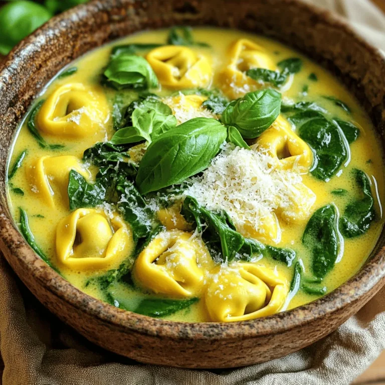 - 2 tablespoons olive oil - 1 medium onion, diced - 3 cloves garlic, minced - 1 teaspoon dried oregano - 1 teaspoon dried basil - 1/4 teaspoon red pepper flakes (optional) - 4 cups vegetable broth - 1 (14.5-ounce) can diced tomatoes, undrained - 1 cup heavy cream - 9 ounces cheese tortellini (fresh or frozen) - 2 cups baby spinach - Salt and pepper to taste - Grated Parmesan cheese for serving - Fresh basil leaves for garnish These ingredients make a rich, creamy soup. The olive oil brings flavor, and the onion and garlic add depth. Oregano and basil give the soup a classic Italian taste. The broth and tomatoes create a savory base, while the heavy cream adds a luscious texture. Tortellini makes it filling, and spinach adds color and nutrition. - Coconut milk or half-and-half as cream alternatives - Fresh or frozen tortellini - Kale or arugula as alternative greens You can switch heavy cream with coconut milk or half-and-half for a lighter version. Fresh or frozen tortellini works well, so pick what you have. If you want to change the greens, kale or arugula can add different flavors and textures. - Grated Parmesan cheese and fresh basil - Crusty bread for serving - Cooked chicken or sausage for protein Top your soup with grated Parmesan cheese and fresh basil for extra flavor. Serve it with crusty bread to soak up the soup. You can also add cooked chicken or sausage to make the dish heartier. For the full recipe, check out the details above. Start by heating the olive oil in a large pot over medium heat. Once the oil is hot, add the diced onion. Cook it for about 5 minutes until it becomes soft and clear. This step builds the base flavor. Next, stir in the minced garlic along with the dried oregano, dried basil, and red pepper flakes. Sauté this mix for one minute. You want to release the flavors from the garlic and herbs. The aroma will be amazing! Now, pour in the vegetable broth and the can of diced tomatoes. Do not drain the tomatoes; their juice adds flavor! Bring this mixture to a gentle boil, then lower the heat. Let it simmer for about 10 minutes. This allows the flavors to blend well. After 10 minutes, add the heavy cream. Stir it in slowly. If the soup seems too thick, add a little more broth or water. You want a nice, creamy consistency. Taste the soup and adjust the seasoning as needed. It’s time for the star of the dish: the tortellini! If you’re using fresh tortellini, cook it for about 3 to 5 minutes. For frozen tortellini, it will take around 7 to 9 minutes. Stir the tortellini into the soup while it cooks. In the last minute, fold in the baby spinach. It will wilt quickly. This adds color and nutrition to the soup. Taste again and adjust the seasoning with salt and pepper, if needed. Now your Creamy Tuscan Tortellini Soup is ready! For the full recipe, check out the details above. To make your soup creamy, start with heavy cream. If it gets too thick, add more broth or water. This helps you reach your ideal texture. Fresh ingredients also boost flavor. Use fresh spinach and high-quality broth for the best taste. It’s key to cook tortellini just right. Fresh tortellini cooks in about 3 to 5 minutes. Frozen tortellini needs around 7 to 9 minutes. Stir gently to avoid breaking them. Add spinach in the last minute of cooking. This keeps the bright green color and nutrients intact. For extra flavor, try adding spices like thyme or parsley. A pinch of nutmeg can add warmth, too. Always taste your soup before serving. Adjust salt and pepper as needed. This ensures a well-balanced dish. For the full recipe, check the details shared above. {{image_2}} You can easily make this soup vegetarian or vegan. Use plant-based cream instead of heavy cream. Almond, coconut, or soy cream works well. Swap the vegetable broth for a homemade or store-bought vegan broth. Add more vegetables to boost nutrition. Chopped carrots, bell peppers, or zucchini add color and flavor. If you want more protein, incorporate chicken or shrimp. Cook them in the pot before adding the broth. This gives the soup a rich flavor. You can also use meat tortellini for a heartier soup. It adds a nice texture and makes it more filling. You can change the flavor profile by experimenting with herbs. Try adding thyme or rosemary for a different taste. If you like it spicy, add more red pepper flakes. This gives the soup a kick and enhances the overall flavor. To store leftover Creamy Tuscan Tortellini Soup, let it cool first. Place the soup in an airtight container. This helps keep it fresh. It will stay good in the fridge for about three days. If you want the best taste, eat it sooner. Always reheat thoroughly before eating. Yes, you can freeze Creamy Tuscan Tortellini Soup. To do this, pour the soup into freezer-safe containers. Leave some space at the top for expansion. It can last for about three months in the freezer. To reheat, thaw it overnight in the fridge. Warm it slowly on the stove, stirring often. You can prepare parts of the soup ahead of time. Chop onions and garlic, and store them in the fridge. Cook the tortellini separately and add it just before serving. This makes quick lunches or dinners easy. Just heat the soup, add tortellini, and enjoy a warm meal. Yes, you can use frozen tortellini. Just remember to check the cooking time. For frozen tortellini, cook for about 7–9 minutes. This ensures they are fully cooked and tender. If you use fresh tortellini, the cooking time is shorter, about 3–5 minutes. Adjust your cooking time based on what you choose. This soup can be gluten-free with some changes. Many stores sell gluten-free tortellini. Check the packaging to ensure it fits your needs. You can also use gluten-free pasta if you cannot find gluten-free tortellini. It’s a great way to enjoy this soup without gluten. I recommend serving this soup with crusty bread. A nice baguette or garlic bread pairs well. You can also add a fresh salad for a light touch. A simple green salad with a lemon vinaigrette works great. These sides balance the rich flavors of the soup. To create a lighter version, consider using lighter cream options. You can use half-and-half or coconut milk. These substitutes will reduce the calorie count. Also, try adding more vegetables like zucchini or carrots. They make the soup heartier without adding many calories. Creamy Tuscan Tortellini Soup brings comfort and flavor to your table. We covered the key ingredients, from olive oil and garlic to tortellini and fresh greens. I shared simple steps to prepare and build the soup’s base. You can customize it with optional ingredients and tasty toppings. Remember to adjust flavors and enjoy experimenting with spices. With these tips, this soup can fit any meal. Finally, don’t forget to try variations for a new experience each time you cook. This soup is sure to impress in any kitchen.