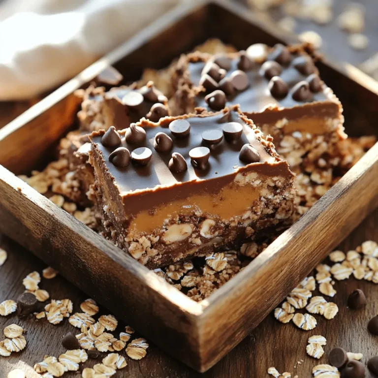 To make no-bake chocolate oat bars, you need simple and wholesome ingredients. Here’s what you will need: - 2 cups rolled oats - 1 cup natural peanut butter (or almond butter) - 1/2 cup honey or maple syrup - 1/2 cup unsweetened cocoa powder - 1/4 teaspoon salt - 1 teaspoon vanilla extract - 1/2 cup mini chocolate chips (plus more for topping) - Optional: 1/4 cup chopped nuts (e.g., walnuts or almonds) These ingredients create a rich and tasty treat. The oats provide fiber and good nutrients. Peanut butter adds protein and healthy fats. Honey or maple syrup gives sweetness, while cocoa powder delivers that chocolate flavor we all love. Salt enhances the taste, making it all balanced. I love how easy it is to mix these ingredients together. You can customize it, too! Add nuts for crunch or swap the nut butter based on your taste. This recipe is perfect for snacks or dessert. You can find the full recipe with instructions to create these bars. Making no-bake chocolate oat bars is simple and fun. You only need a few basic steps. First, gather your ingredients. This recipe makes 16 bars, perfect for snacks or dessert. Start with a large bowl. Add 2 cups of rolled oats, 1/2 cup of cocoa powder, and 1/4 teaspoon of salt. Mix these dry ingredients well. This mixture gives the bars structure and rich flavor. In a small saucepan, add 1 cup of peanut butter and 1/2 cup of honey. Heat over low heat. Stir until smooth. This step helps the two ingredients blend nicely. Once mixed, take the pan off the heat and add 1 teaspoon of vanilla extract. Stir well to combine. Pour the warm peanut butter mix over your oat mixture. Stir until all the oats get coated. Fold in 1/2 cup of mini chocolate chips and optional chopped nuts if you like. Next, line an 8-inch square baking dish with parchment paper. Leave some paper hanging over the edges. This makes it easy to lift out the bars later. Transfer the oat mixture into the dish. Press it down firmly with a spatula or your hands. Sprinkle more mini chocolate chips on top and press them lightly into the mixture. Now, place the dish in the fridge for at least 2 hours. This will help the bars set. When ready, lift them out using the parchment paper. Cut into squares or rectangles. Enjoy your no-bake chocolate oat bars! For the full recipe, check out the complete list of steps above. To get the right texture for your no-bake chocolate oat bars, focus on the oats. Use rolled oats, not instant oats. Rolled oats give you that chewy bite. Make sure to mix the wet ingredients well. A smooth peanut butter blend helps to bind everything. Press the mixture firmly into your dish. This will help the bars set better. You can make these bars your own with toppings. Add different nuts for crunch, like walnuts or almonds. You can also sprinkle coconut flakes for a tropical twist. If you love chocolate, add more mini chocolate chips on top. Feel free to get creative! Use dried fruit or seeds for added flavor and nutrients. Avoid using too much liquid. This can make your bars too soft. If they don't hold together, they won't slice well. Also, don't skip chilling them long enough. They need at least two hours in the fridge. This helps them set properly. Lastly, always line your baking dish with parchment paper. This makes removing the bars easy and mess-free. For the full recipe, check out the [Full Recipe]. {{image_2}} You can make this treat even healthier. Try using whole grain oats instead of rolled oats. They add more fiber and nutrients. You can swap honey for agave syrup or use mashed bananas for sweetness. Both options lower the glycemic index. If you want a lower-fat option, use a nut butter with less oil. This keeps the flavor while cutting some calories. Let your taste buds explore! You can add spices like cinnamon or nutmeg to the oat mixture. This gives the bars a warm, cozy flavor. Try mixing in dried fruits like raisins or cranberries for a chewy texture. You can also switch up the chocolate chips. Use white chocolate or butterscotch chips for a fun twist. Each change makes the bars unique! Making these bars vegan or nut-free is easy. To go vegan, use maple syrup instead of honey. Replace peanut butter with sunflower seed butter. This keeps the bars nut-free and still delicious. You can also use pumpkin seed butter for a different flavor. Both options are rich in protein and healthy fats. Enjoy your tasty treat without worry! Check out the Full Recipe to see how easy these variations are to make. To keep your no-bake chocolate oat bars fresh, store them in an airtight container. Use parchment paper between layers to prevent sticking. This way, they stay nice and tasty for longer. If you have a big batch, you can also wrap them individually in plastic wrap. This makes it easy to grab one on the go. When stored properly, these bars last about one week at room temperature. You can keep them in the fridge for up to two weeks. The cool air helps keep them firm and tasty. Just make sure they stay in a sealed container to avoid moisture. You can freeze these bars for even longer storage. They freeze well for up to three months. To do this, wrap each bar in plastic wrap. Then, place them in a freezer-safe bag. When you want one, take it out and let it thaw in the fridge. This way, you’ll always have a treat ready to enjoy! For the full recipe, check out the detailed steps above. Yes, you can use other nut butters. Almond butter works well and has a nice flavor. Cashew butter is another tasty choice. Just make sure it is natural and creamy. Each nut butter may change the taste a little. Feel free to experiment with your favorite! To make this recipe gluten-free, choose certified gluten-free oats. Most rolled oats contain gluten. So, look for oats labeled as gluten-free. This small step ensures your tasty bars are safe for gluten-free diets. You can enjoy these bars without worry! If you want to substitute honey or maple syrup, try agave syrup or brown rice syrup. Both options add sweetness and keep the bars moist. You can also use date syrup for a fruity flavor. Just remember, these swaps may slightly change the taste. In this blog post, we covered a delicious recipe for oat bars. You learned about key ingredients like oats, nut butter, and cocoa powder. I shared step-by-step instructions to guide your cooking process. Tips for perfect texture and common mistakes were also discussed. Variations let you customize flavors and ensure everyone can enjoy these bars. Remember to follow storage tips for freshness. Baking these oat bars is fun and rewarding. They make a great snack for everyone. Enjoy your tasty creation!