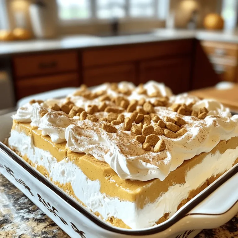 To make this Pumpkin Spice Icebox Cake, gather these simple ingredients: - 2 cups heavy whipping cream - 1 cup pumpkin puree - 1 cup powdered sugar - 1 teaspoon vanilla extract - 1 teaspoon pumpkin pie spice - 24 graham cracker sheets - 1 cup crushed ginger snap cookies (for topping) - Optional: additional pumpkin pie spice for garnish You will need a few basic tools to prepare this dessert: - Large mixing bowl - Electric mixer or whisk - 8x8 inch dish - Plastic wrap - Measuring cups and spoons If you want to add more flavor, consider these options: - A pinch of nutmeg for warmth - A splash of maple syrup for sweetness - Chopped pecans or walnuts for crunch These ingredients create a delicious and easy dessert. Feel free to mix and match as you see fit! You can find the Full Recipe above for complete instructions. 1. Start by whipping the heavy cream in a large bowl. Use a hand mixer or whisk until soft peaks form. This step is important for a light texture. 2. Slowly add the powdered sugar, vanilla extract, and pumpkin pie spice. Keep mixing until you see stiff peaks. Stiff peaks mean the cream holds its shape well. 3. Grab an 8x8 inch dish. Spread a layer of the pumpkin cream mixture evenly at the bottom. This creates the base for your cake. 4. Next, place a layer of graham crackers over the cream. If needed, break them to fit the dish. This will add a nice crunch. 5. Repeat the layers. Start with another layer of pumpkin cream, then add more graham crackers. Keep going until you fill the dish, ending with pumpkin cream on top. 6. For the final touch, sprinkle crushed ginger snap cookies over the top. This adds both flavor and crunch. 7. Cover the dish tightly with plastic wrap. Chill in the fridge for at least 4 hours, or overnight. Chilling helps the flavors blend and softens the crackers. 8. Before you serve, dust the top with a bit more pumpkin pie spice. This is optional but makes it look nice. Using visual aids can make this process more fun and easy. Look for step-by-step videos or images online. They show each step clearly. This will help you follow along and avoid mistakes. - Not whipping the cream enough: If the cream is too soft, your cake won’t hold its shape. - Skipping the chilling time: If you skip chilling, the layers won’t set well. - Using stale graham crackers: Fresh crackers make a big difference in taste. - Not layering correctly: Make sure each layer is even for the best results. - Over-mixing the cream: This can turn your cream into butter. Stop mixing when stiff peaks form. Following these steps will help you make a perfect Pumpkin Spice Icebox Cake! For the complete recipe, check the Full Recipe section. Whipping cream is key to a light and fluffy texture. Start with cold cream. It whips better when it’s cold. Use a large bowl to give the cream space to expand. Whip with a hand mixer or stand mixer on medium speed. Stop when you see soft peaks. If you want it firmer, keep going until you see stiff peaks. Be careful not to over-whip. You don’t want butter! Layering is fun and simple! Begin with a layer of the pumpkin cream mixture at the bottom. Then, place graham crackers on top. Make sure to break them if needed to fit. Repeat this process. Keep your layers even for the best look. End with a final layer of the cream mixture. This helps the top stay smooth and pretty. To boost the flavor, consider adding a pinch of nutmeg or cinnamon to the cream. This extra spice brings warmth. You can also try mixing in some finely chopped nuts or chocolate chips. They add a great crunch. For a twist, use crushed Oreos instead of graham crackers. This change gives a rich, chocolatey flavor. Enjoy experimenting with toppings like whipped cream or caramel sauce! {{image_2}} You can change the flavor of your Pumpkin Spice Icebox Cake easily. Try using different spices, like cinnamon or nutmeg, to mix up the taste. You can also add a layer of chocolate pudding for a rich twist. For a fruity touch, consider adding layers of sliced bananas or apples. These additions bring new flavors and textures to your dessert, making it fun and unique. If you need a gluten-free option, use gluten-free graham crackers instead. Many brands offer these, and they work well in this recipe. For a dairy-free version, replace the heavy cream with coconut cream. Just chill a can of coconut milk overnight, and scoop out the thick part. This gives you a creamy base without any dairy. These swaps keep the dessert tasty and friendly for everyone. This Pumpkin Spice Icebox Cake is perfect for many events. For a cozy family gathering, serve it with warm apple cider. If you have friends over for a game night, slice it into small squares for easy sharing. For a festive holiday dinner, place it on a beautiful platter and garnish it with fresh whipped cream and a sprinkle of cinnamon. No matter the occasion, this cake shines and delights your guests. For the full recipe, check out the section above. After you make your Pumpkin Spice Icebox Cake, you may have some left. Store it in the fridge. Use plastic wrap or a lid to cover it well. This keeps it fresh and tasty. Try to eat leftovers within three days for the best flavor. If you notice any changes in texture or smell, it’s best to toss it. You can freeze this dessert if you want to save some for later. First, cut it into pieces. Wrap each piece tightly in plastic wrap. Then, place the wrapped pieces in an airtight container or a freezer bag. This helps prevent freezer burn. It can stay in the freezer for up to three months. When you want to eat it, just thaw it in the fridge overnight. The Pumpkin Spice Icebox Cake is best when fresh. In the fridge, it lasts about three to four days. If you freeze it, it can last up to three months. Always check for any off smells or changes in texture before eating. Enjoy your cake while it’s at its best! Yes, you can use store-bought whipped cream. It saves time and still tastes good. Just make sure it is in a tub, not in a can. This whipped cream has a nice texture for this cake. The cake lasts about four to five days in the fridge. Keep it covered to stay fresh. The flavors will deepen as it sits, making it even tastier. Just remember to serve it cold for the best flavor. You can use vanilla wafers or digestive biscuits. Both options work well and add a nice flavor. If you want a crunch, try crushed pretzels or even cookies. They will change the taste but still make a great dessert. For a gluten-free option, use gluten-free graham crackers. For the full recipe, check out the section above! This guide covered everything you need for your Pumpkin Spice Icebox Cake. We went over the ingredients, equipment, and optional flavors to enhance your dish. You learned step-by-step how to prepare, avoiding common mistakes. Tips helped you whip cream perfectly and create great layers. Variations showed how to cater to different tastes and diets. We also discussed how to store your cake safely. Now you’re ready to make a delicious dessert that everyone will love. Enjoy your baking adventure!