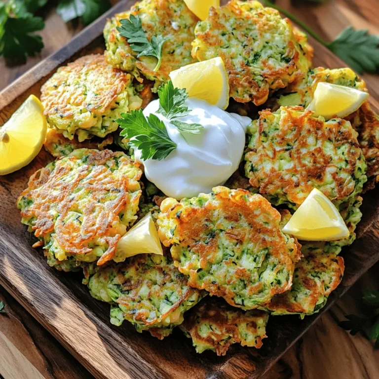Here’s what you need to make Zucchini and Chickpea Fritters: - 2 medium zucchinis, grated - 1 cup canned chickpeas, rinsed and drained - 1/2 cup all-purpose flour (or chickpea flour for a gluten-free option) - 2 tbsp fresh parsley, chopped - 1 tsp cumin powder - 1/2 tsp paprika - 1/4 tsp black pepper - 2 eggs, beaten - 3 green onions, finely chopped - 3 cloves garlic, minced - Salt to taste - Olive oil for frying Let’s dive into each ingredient and why they matter. Zucchinis are the star of this dish. They add moisture and a fresh taste. Grating them helps release excess water. This keeps your fritters from being soggy. Canned chickpeas give a hearty base. They add protein and fiber, making the dish filling. Rinse them well to remove extra sodium. Flour binds everything together. If you prefer gluten-free, use chickpea flour. It adds a nutty flavor and works well. Fresh parsley brightens up the fritters. It adds color and a fresh taste. The cumin and paprika spices give warmth and depth. They make each bite more exciting. Black pepper adds a hint of spice. Garlic enhances the flavor, making the fritters aromatic. Eggs hold the mixture together. They help create a nice texture. Adjust salt to your taste. Finally, you’ll need olive oil for frying. It gives a lovely golden color and crispiness. With these ingredients, you can create delicious fritters that are simple and satisfying. If you want more details, check out the Full Recipe. - Grate the zucchinis and squeeze out excess moisture. - Mash the chickpeas until mostly smooth. To prepare, first, you need to grate the zucchinis. Use a box grater for this task. After grating, take a clean kitchen towel and put the zucchinis inside. Squeeze them tightly to remove extra water. This step is key to avoid soggy fritters. Next, take a bowl and mash the chickpeas. You want them mostly smooth, but leave some chunks for texture. A fork or potato masher works well for this. - Combine all ingredients in the mixing bowl. - Heat oil in a skillet and shape fritters in the pan. - Fry until golden brown on both sides. Now, mix all the ingredients in the bowl. Add the grated zucchini, mashed chickpeas, beaten eggs, and the rest of the ingredients. Stir until everything is well combined. If the mixture feels too wet, add a little more flour. Next, heat a non-stick skillet over medium heat with a drizzle of olive oil. Use a spoon to drop small portions of the batter into the skillet. Flatten them slightly with the back of the spoon. Cook for about three to four minutes on each side. You want them golden brown and crispy. - Total preparation time: 15 minutes. - Total cooking time: 15 minutes. - Servings: 4 fritters per batch. In total, you’ll spend about 30 minutes making these fritters. Each batch makes four fritters, perfect for sharing or enjoying all by yourself! For the full recipe, check [Full Recipe]. To make the best fritters, start with the zucchini. Squeeze out maximum moisture from the grated zucchini. This step helps prevent soggy fritters. Use a clean towel to get every drop. Next, adjust the flour as needed. If your batter feels too wet, add more flour. You want the batter to hold together well. Cooking temperature is key. Maintain medium heat when frying. This ensures even cooking and helps avoid burning. Too high heat can brown the outside but leave the inside raw. So, be patient and let them cook slowly. Serve the fritters warm for the best taste. A dollop of yogurt or tzatziki on top adds creaminess. Garnish with fresh parsley and lemon wedges for color. This not only makes the dish look nice but also adds a bright flavor. For the full recipe, check out the recipe section. {{image_2}} If you want a gluten-free twist, use chickpea flour instead of all-purpose flour. Chickpea flour adds a nutty taste and holds everything together well. This swap makes the fritters crisp and light. Plus, it keeps the flavor rich and satisfying. You can boost nutrition and taste by adding other veggies. Grated carrots, chopped bell peppers, or fresh spinach work great. Each option adds color and flavor. They also make the fritters even healthier. Don’t be afraid to mix and match veggies based on what you have at home! Want to make your fritters more exciting? Try different spices like chili powder or curry powder. A little heat can really enhance the flavor. You can also add herbs like dill or thyme for a fresh twist. Experimenting with spices allows you to make these fritters your own. Store leftovers in an airtight container for up to 3 days. This keeps them fresh. When you’re ready to eat, just grab them from the fridge. You can freeze uncooked fritters for quick meals later. Place them on a baking sheet to freeze. Once frozen, transfer them to a freezer bag. Cooked fritters also freeze well, making it easy to reheat them when you're hungry. For the best taste, reheat in a skillet or oven. This will keep them crispy. Avoid microwaving, as it may make them soggy. Just a few minutes in a hot skillet can bring back that delightful crunch. Enjoy them warm with your favorite dips! Yes, prepare the batter and store in the fridge for up to 24 hours before cooking. This makes meal prep simple. You can whip up the batter while you cook other meals. When you are ready, just fry them up. They will taste fresh and delicious, even after a short time in the fridge. Replace eggs with a flaxseed or chia seed egg substitute. To do this, mix one tablespoon of ground flaxseeds or chia seeds with three tablespoons of water. Let it sit for about five minutes until it gets thick. This works great as a binder in your fritters. You won’t even taste the difference! These fritters pair well with salads, dips, or as part of a meze platter. You can serve them with yogurt or tzatziki for a cool dip. A fresh salad adds a nice crunch and balances the meal. You can also add some lemon wedges for extra zest. Explore different dips and sides to find your favorite combo! This blog post shared a simple recipe for Zucchini and Chickpea Fritters. We covered the ingredients, tools, and step-by-step instructions. You learned tips for perfect fritters and ways to make them gluten-free or veggie-packed. Storing tips help keep them fresh. In the end, these fritters offer a tasty, healthy option for meals or snacks. Enjoy your cooking adventure!