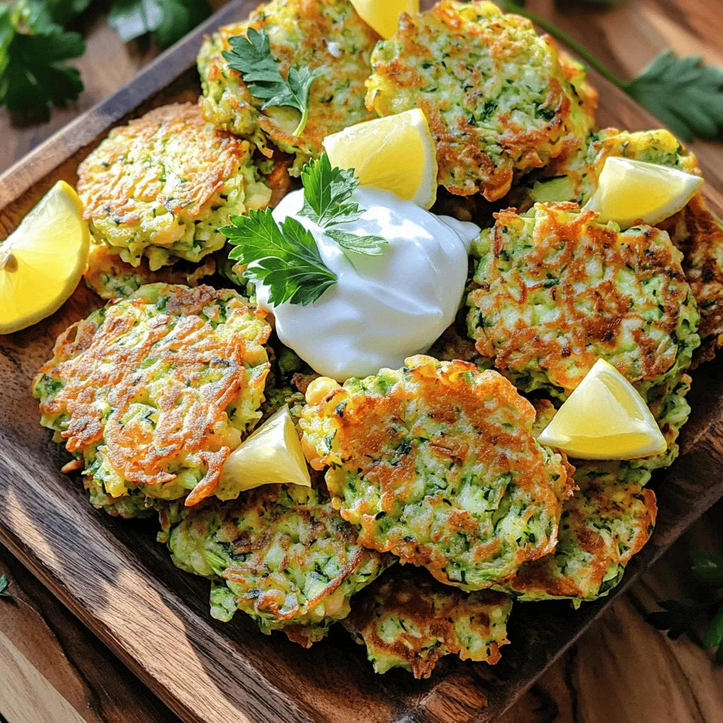 Here’s what you need to make Zucchini and Chickpea Fritters: - 2 medium zucchinis, grated - 1 cup canned chickpeas, rinsed and drained - 1/2 cup all-purpose flour (or chickpea flour for a gluten-free option) - 2 tbsp fresh parsley, chopped - 1 tsp cumin powder - 1/2 tsp paprika - 1/4 tsp black pepper - 2 eggs, beaten - 3 green onions, finely chopped - 3 cloves garlic, minced - Salt to taste - Olive oil for frying Let’s dive into each ingredient and why they matter. Zucchinis are the star of this dish. They add moisture and a fresh taste. Grating them helps release excess water. This keeps your fritters from being soggy. Canned chickpeas give a hearty base. They add protein and fiber, making the dish filling. Rinse them well to remove extra sodium. Flour binds everything together. If you prefer gluten-free, use chickpea flour. It adds a nutty flavor and works well. Fresh parsley brightens up the fritters. It adds color and a fresh taste. The cumin and paprika spices give warmth and depth. They make each bite more exciting. Black pepper adds a hint of spice. Garlic enhances the flavor, making the fritters aromatic. Eggs hold the mixture together. They help create a nice texture. Adjust salt to your taste. Finally, you’ll need olive oil for frying. It gives a lovely golden color and crispiness. With these ingredients, you can create delicious fritters that are simple and satisfying. If you want more details, check out the Full Recipe. - Grate the zucchinis and squeeze out excess moisture. - Mash the chickpeas until mostly smooth. To prepare, first, you need to grate the zucchinis. Use a box grater for this task. After grating, take a clean kitchen towel and put the zucchinis inside. Squeeze them tightly to remove extra water. This step is key to avoid soggy fritters. Next, take a bowl and mash the chickpeas. You want them mostly smooth, but leave some chunks for texture. A fork or potato masher works well for this. - Combine all ingredients in the mixing bowl. - Heat oil in a skillet and shape fritters in the pan. - Fry until golden brown on both sides. Now, mix all the ingredients in the bowl. Add the grated zucchini, mashed chickpeas, beaten eggs, and the rest of the ingredients. Stir until everything is well combined. If the mixture feels too wet, add a little more flour. Next, heat a non-stick skillet over medium heat with a drizzle of olive oil. Use a spoon to drop small portions of the batter into the skillet. Flatten them slightly with the back of the spoon. Cook for about three to four minutes on each side. You want them golden brown and crispy. - Total preparation time: 15 minutes. - Total cooking time: 15 minutes. - Servings: 4 fritters per batch. In total, you’ll spend about 30 minutes making these fritters. Each batch makes four fritters, perfect for sharing or enjoying all by yourself! For the full recipe, check [Full Recipe]. To make the best fritters, start with the zucchini. Squeeze out maximum moisture from the grated zucchini. This step helps prevent soggy fritters. Use a clean towel to get every drop. Next, adjust the flour as needed. If your batter feels too wet, add more flour. You want the batter to hold together well. Cooking temperature is key. Maintain medium heat when frying. This ensures even cooking and helps avoid burning. Too high heat can brown the outside but leave the inside raw. So, be patient and let them cook slowly. Serve the fritters warm for the best taste. A dollop of yogurt or tzatziki on top adds creaminess. Garnish with fresh parsley and lemon wedges for color. This not only makes the dish look nice but also adds a bright flavor. For the full recipe, check out the recipe section. {{image_2}} If you want a gluten-free twist, use chickpea flour instead of all-purpose flour. Chickpea flour adds a nutty taste and holds everything together well. This swap makes the fritters crisp and light. Plus, it keeps the flavor rich and satisfying. You can boost nutrition and taste by adding other veggies. Grated carrots, chopped bell peppers, or fresh spinach work great. Each option adds color and flavor. They also make the fritters even healthier. Don’t be afraid to mix and match veggies based on what you have at home! Want to make your fritters more exciting? Try different spices like chili powder or curry powder. A little heat can really enhance the flavor. You can also add herbs like dill or thyme for a fresh twist. Experimenting with spices allows you to make these fritters your own. Store leftovers in an airtight container for up to 3 days. This keeps them fresh. When you’re ready to eat, just grab them from the fridge. You can freeze uncooked fritters for quick meals later. Place them on a baking sheet to freeze. Once frozen, transfer them to a freezer bag. Cooked fritters also freeze well, making it easy to reheat them when you're hungry. For the best taste, reheat in a skillet or oven. This will keep them crispy. Avoid microwaving, as it may make them soggy. Just a few minutes in a hot skillet can bring back that delightful crunch. Enjoy them warm with your favorite dips! Yes, prepare the batter and store in the fridge for up to 24 hours before cooking. This makes meal prep simple. You can whip up the batter while you cook other meals. When you are ready, just fry them up. They will taste fresh and delicious, even after a short time in the fridge. Replace eggs with a flaxseed or chia seed egg substitute. To do this, mix one tablespoon of ground flaxseeds or chia seeds with three tablespoons of water. Let it sit for about five minutes until it gets thick. This works great as a binder in your fritters. You won’t even taste the difference! These fritters pair well with salads, dips, or as part of a meze platter. You can serve them with yogurt or tzatziki for a cool dip. A fresh salad adds a nice crunch and balances the meal. You can also add some lemon wedges for extra zest. Explore different dips and sides to find your favorite combo! This blog post shared a simple recipe for Zucchini and Chickpea Fritters. We covered the ingredients, tools, and step-by-step instructions. You learned tips for perfect fritters and ways to make them gluten-free or veggie-packed. Storing tips help keep them fresh. In the end, these fritters offer a tasty, healthy option for meals or snacks. Enjoy your cooking adventure!