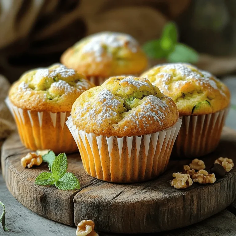 - 2 cups grated zucchini (about 2 medium zucchinis) - 1 ½ cups all-purpose flour - 1 teaspoon baking soda - 1 teaspoon baking powder - ½ teaspoon salt - 1 teaspoon ground cinnamon - ½ teaspoon nutmeg - ½ cup granulated sugar - ½ cup brown sugar, packed - ½ cup vegetable oil (or melted coconut oil) - 2 large eggs - 1 teaspoon vanilla extract - ½ cup chopped walnuts (optional) - ½ cup raisins or chocolate chips (optional) To make classic zucchini muffins, you need fresh ingredients. Grated zucchini adds moisture and a soft texture. You can use about two medium zucchinis for this. All-purpose flour gives structure to the muffins. Baking soda and baking powder help them rise, so they become fluffy. The spices bring warmth and flavor. Salt enhances sweetness while cinnamon and nutmeg add depth. You’ll want both granulated and brown sugars for the best taste. Granulated sugar is sweet, while brown sugar adds richness. Oil keeps the muffins moist. You can choose between vegetable oil or melted coconut oil. Eggs bind everything together and add richness. Vanilla extract boosts the overall flavor. For extra crunch or sweetness, add walnuts, raisins, or chocolate chips. These optional add-ins make the muffins even more enjoyable. Check the [Full Recipe] for all the steps to bring these ingredients together. 1. Preheat your oven to 350°F (175°C). This ensures even baking. 2. Grate two medium zucchinis. Place them in a bowl and add a pinch of salt. Let them sit for about 10 minutes. This draws out extra moisture. 3. Use a clean kitchen towel to squeeze out the moisture from the zucchini. This step keeps your muffins from being soggy. 4. In a large bowl, whisk together the dry ingredients: all-purpose flour, baking soda, baking powder, salt, ground cinnamon, and nutmeg. This mix adds flavor and structure to the muffins. 1. In another bowl, mix the wet ingredients. Combine granulated sugar, brown sugar, vegetable oil, eggs, and vanilla extract. Stir until everything is well blended. 2. Gently fold the grated zucchini into your wet mixture. This step adds moisture and flavor to your muffins. 3. Gradually add the dry ingredients to the wet mix. Stir until just combined. A few lumps are fine; avoid overmixing. If you want, fold in chopped walnuts and raisins or chocolate chips for extra texture. 1. Divide the batter evenly among the muffin cups. Fill each cup about two-thirds full. 2. Bake your muffins for 18 to 22 minutes. They are ready when a toothpick comes out clean from the center. 3. After baking, let the muffins cool in the tin for five minutes. Then, transfer them to a wire rack to cool completely. This process gives you moist, flavorful muffins. For the full recipe, check the details above. Enjoy the delightful taste of classic zucchini muffins! To avoid soggy muffins with zucchini, start by squeezing out the excess moisture. After grating the zucchini, add a pinch of salt and let it rest for 10 minutes. Then, use a clean towel to squeeze the moisture out. This simple step makes a big difference. Do not overmix your batter. When you combine the dry and wet ingredients, stir until just mixed. A few lumps are okay. Overmixing leads to tough muffins, and we want them soft and fluffy. For garnishing, dust the muffins with powdered sugar right before serving. This adds a nice touch. You can also place a small mint leaf on top for color and freshness. Choose a beautiful serving platter to showcase your muffins. A white or pastel plate works well. It highlights the muffins’ golden-brown tops and makes them look even more inviting. {{image_2}} You can easily change the flavor of your zucchini muffins. A simple way is to add spices like ginger or cloves. Just a pinch will give your muffins a warm kick. You can mix in different nuts too. Walnuts are great, but pecans or almonds work well too. Each nut brings its own crunch and taste. If you need gluten-free muffins, swap the all-purpose flour for a gluten-free blend. You can find many good options at the store. For those who want vegan muffins, replace the eggs with flax eggs. Mix one tablespoon of ground flaxseed with three tablespoons of water. Let it sit for a few minutes to thicken. For dairy-free options, use almond milk or coconut milk instead of regular milk. These changes make the muffins fit many diets. For the full recipe, check out Classic Zucchini Muffins. To keep your classic zucchini muffins fresh, store them on the countertop. Place them in an airtight container. This helps keep moisture in while keeping air out. If you do not have a container, wrap them in plastic wrap. They will stay soft for about three days. Avoid direct sunlight, as this can dry them out. For long-term storage, freezing muffins works great. First, let the muffins cool completely. Wrap each muffin tightly in plastic wrap. Then, place them in a freezer bag or container. Label the bag with the date. They can stay fresh for up to three months. When you want to enjoy one, simply take it out and let it thaw at room temperature. You can also reheat it in the oven or microwave. Enjoy your delicious treat anytime! For the full recipe, check the details above. Can I use frozen zucchini? Yes, you can use frozen zucchini. Just thaw it first and squeeze out any extra water. This helps keep your muffins from getting soggy. Fresh zucchini is great too, but frozen works in a pinch. How do I know when the muffins are done? Your muffins are done when a toothpick inserted in the center comes out clean. They should also look golden on top. If the toothpick has wet batter, bake them a bit longer. What can I substitute for sugar? You can use honey or maple syrup as a substitute for sugar. Adjust the liquid in the recipe if using these. For a lower-calorie option, try using a sugar substitute like stevia. How do I make mini zucchini muffins? To make mini zucchini muffins, just use a mini muffin tin. Fill each cup about halfway. Bake them for about 10-15 minutes. Check with a toothpick to be sure they are done. For more tips, check the Full Recipe for Classic Zucchini Muffins! You now have a complete guide for making classic zucchini muffins. From gathering your ingredients to baking and storing, I covered it all. Remember to squeeze out excess moisture from the zucchini. This keeps your muffins from getting soggy. Have fun experimenting with flavors and variations, like adding nuts or trying gluten-free options. These muffins are not only tasty but also versatile. With the right tips and tricks, your baking will be a success. Enjoy the process and the delicious results!