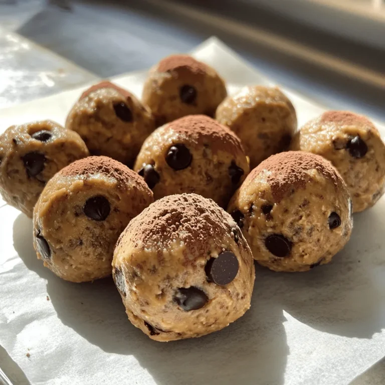 To make peanut butter protein balls, gather these simple ingredients: - 1 cup natural peanut butter - 1 cup rolled oats - 1/4 cup honey or maple syrup - 1/2 cup protein powder (vanilla flavor) - 1/4 cup dark chocolate chips or cacao nibs - 1/4 cup ground flaxseed - 1/4 teaspoon salt - 1 teaspoon cinnamon - Optional: 1/2 cup chopped nuts or seeds (e.g., almonds, chia seeds) These ingredients give the protein balls their taste and texture. The natural peanut butter offers creaminess and rich flavor. Rolled oats add a nice chewiness and fiber. Honey or maple syrup provides sweetness and binds everything together. Protein powder boosts the protein content, making them great for a snack or post-workout treat. Each ingredient in peanut butter protein balls has its own benefits: - Natural peanut butter: Packed with protein and healthy fats. It supports muscle growth and keeps you full longer. - Rolled oats: A great source of fiber. They help with digestion and provide energy. - Honey or maple syrup: Natural sweeteners that add flavor and quick energy. - Protein powder: Offers a concentrated source of protein. It helps with recovery after workouts. - Dark chocolate chips or cacao nibs: Add antioxidants and a little indulgence. - Ground flaxseed: Rich in omega-3 fatty acids. It promotes heart health and reduces inflammation. - Salt: Balances flavors and helps with hydration. - Cinnamon: Adds warmth and may help regulate blood sugar levels. You can customize your peanut butter protein balls with these optional add-ins: - Chopped nuts (e.g., almonds, walnuts): Add crunch and extra protein. - Chia seeds: Boost the fiber and omega-3 content. - Dried fruit (e.g., raisins, cranberries): Provide natural sweetness and chewiness. - Shredded coconut: Adds a tropical twist and healthy fats. Mixing in these extras not only enhances flavor but also increases the nutritional value. Explore different combinations to find your favorite! For the full recipe, check out the Peanut Butter Bliss Protein Balls. To make peanut butter protein balls, start by gathering all your ingredients. This simple recipe needs just a few items. You will need natural peanut butter, rolled oats, honey or maple syrup, protein powder, dark chocolate chips, ground flaxseed, salt, and cinnamon. Optional nuts or seeds can add crunch. In a large mixing bowl, combine peanut butter, honey (or maple syrup), and cinnamon. Stir until the mixture is smooth. Next, add rolled oats, protein powder, ground flaxseed, and salt. Mix well until everything blends together. This is where you can get creative. If you want, fold in dark chocolate chips or cacao nibs. After mixing, cover the bowl and refrigerate it for about 30 minutes. This step helps the mixture firm up, making it easier to shape later. Once chilled, scoop out tablespoon-sized portions of the mixture. Roll each portion into a ball with your hands. Place the protein balls on a parchment-lined baking sheet or plate. For an extra touch, you can roll them in shredded coconut or cocoa powder. After shaping, refrigerate the balls for another 15 to 30 minutes to set completely. Store your protein balls in an airtight container in the fridge for a week, or freeze them for longer enjoyment. You can find the full recipe above to guide you through every step! When making peanut butter protein balls, avoid using too much liquid. This can make your mixture too runny. Stick to the amounts in the Full Recipe for best results. If the mix feels too dry, add a tiny bit of water or more honey. Be careful with the protein powder. Too much can make your balls crumbly. Another mistake is not chilling the mixture. Chilling helps the balls firm up. If you skip this step, they may fall apart when you roll them. Lastly, don’t forget to measure your ingredients correctly. This ensures a good balance of flavors and textures. Making protein balls with kids can be fun! Start by letting them help measure ingredients. This teaches them about cooking. Use a large bowl so they can mix easily. Kids can also help scoop the mixture. Use a small ice cream scoop for even portions. Encourage creativity! Let them choose add-ins like nuts or chocolate chips. You can even set up a topping station. Kids love rolling the balls in coconut or cocoa powder. This makes cooking a fun activity for everyone. To boost flavor, try adding spices like nutmeg or vanilla extract. These add warmth and depth. You can also mix in different nut butters, like almond or cashew. This gives a new twist to your protein balls. For extra crunch, include seeds like chia or sunflower seeds. They add great texture and are packed with nutrients. If you want a sweeter taste, add a bit more honey or maple syrup. Experiment with different mix-ins to find your favorite flavor combinations. Your protein balls can be unique and delicious! {{image_2}} You can easily change the flavor of your peanut butter protein balls. Here are some fun ideas: - Chocolate Lovers: Use chocolate protein powder and add cocoa powder. - Nutty Delight: Mix in almond or cashew butter for a different taste. - Fruity Twist: Add dried fruits like cranberries or raisins for sweetness. - Spicy Kick: Incorporate a pinch of cayenne pepper for some heat. These flavors can spice up your snacks and keep things interesting! If you or someone you know has allergies, you can still enjoy these protein balls. Here are some tips: - Nut-Free: Substitute peanut butter with sunbutter or soy nut butter. - Dairy-Free: Use plant-based protein powder to keep it dairy-free. - Gluten-Free: Choose certified gluten-free oats for a safe option. Always check labels to ensure all ingredients meet your needs. Making vegan and gluten-free peanut butter protein balls is simple. Use these swaps: - Replace honey with maple syrup or agave nectar for a vegan option. - Stick to gluten-free oats to make sure they fit the gluten-free diet. These options keep your snacks healthy and accessible to everyone. Enjoy making your protein balls just the way you like! For the complete recipe, check the Full Recipe section. Store your peanut butter protein balls in an airtight container. This keeps them fresh. Place them in the fridge for up to one week. You can enjoy them cold or at room temperature. Just make sure they stay sealed to avoid drying out. If you want to store them longer, freezing is perfect. Line a baking sheet with parchment paper. Place the protein balls on the sheet, leaving space between each one. Freeze them for about one hour until firm. Once frozen, transfer them to a freezer-safe bag. Squeeze out the air and seal tightly. They will last up to three months in the freezer. Watch for any changes in smell or texture. If they smell off or feel sticky, it’s best to toss them. Mold is a clear sign they should not be eaten. Always check before enjoying your snack. Keeping an eye on your protein balls will ensure you have a tasty treat when you need it. Homemade protein balls can last up to one week in the fridge. Store them in an airtight container to keep them fresh. If you freeze them, they can last for up to three months. Just remember to separate them with parchment paper to avoid sticking. Yes, you can use different nut butters! Almond butter, cashew butter, or sunflower seed butter work well. Each nut butter adds a unique flavor. Just keep in mind that the texture and taste may change a bit based on your choice. Peanut Butter Protein Balls are quite healthy. They are packed with protein, fiber, and healthy fats. The oats and flaxseed provide good nutrients too. As long as you watch your portion sizes, these snacks can fit well into a balanced diet. They offer energy and satisfaction without added sugars. For the full recipe, check out the details above! In this post, we explored the key ingredients that make peanut butter protein balls a tasty snack. I shared how to prepare, mix, and store them. We also covered tips to avoid common mistakes and make cooking fun with kids. You learned about flavor variations and storage best practices. Peanut butter protein balls are simple to customize for your needs. They are nutritious and enjoyable snacks. Now you can create your own delicious protein balls with ease.