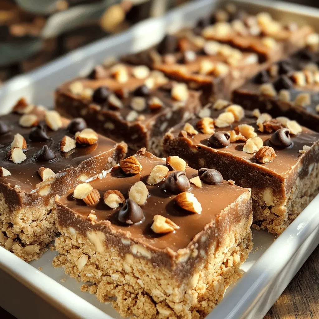 To make these tasty no-bake cookie dough bars, you will need: - 1 cup almond flour - 1/2 cup rolled oats - 1/4 cup brown sugar or coconut sugar - 1/4 teaspoon salt - 1/2 cup almond butter (or peanut butter) - 1/4 cup maple syrup or honey - 1 teaspoon vanilla extract - 1/2 cup mini chocolate chips - Optional: 1/4 cup chopped nuts (e.g., pecans or walnuts) for added crunch You can swap almond flour for oat flour if you want. Peanut butter can replace almond butter easily. For sweetening, use agave syrup instead of honey or maple syrup. You can also use coconut flour, but reduce the amount to 1/3 cup. If you want a nut-free version, use sunflower seed butter. Lastly, feel free to change the chocolate chips for dried fruit or seeds. Each bar has about 150 calories. They contain healthy fats from the nut butter. The oats provide fiber, which is good for digestion. Each bar has around 5 grams of protein, making them a great snack. If you add nuts, the protein content may increase. These bars are a good option for a quick treat that keeps you full. To start, grab a large mixing bowl. In this bowl, combine the almond flour, rolled oats, brown sugar, and salt. Mix them well with a spoon. This blend gives the bars a nice texture and flavor. Make sure there are no lumps. Now, take another bowl. In this bowl, mix together the almond butter, maple syrup, and vanilla extract. Stir until the mixture is smooth. This step adds richness to the dough. You want a creamy blend that mixes well with the dry ingredients. Next, pour the wet mix into the dry mix. Stir until everything is well combined. The dough will be thick and slightly crumbly. Fold in the mini chocolate chips and nuts if you choose to add them. They give extra flavor and crunch. Prepare an 8x8 inch baking dish by lining it with parchment paper. Leave some overhang to help remove the bars later. Transfer the dough into the dish. Press it down firmly. You want a flat, even layer. Use a spatula or your hands to smooth the top. Finally, place the dish in the fridge for at least 30 minutes. This helps the bars set. After chilling, pull them out using the parchment paper. Cut them into squares or rectangles. Enjoy your delicious no-bake cookie dough bars! For the full recipe, check out the full recipe link. When I first made no-bake cookie dough bars, I learned a few things. One common mistake is not measuring ingredients properly. Use dry measuring cups for dry items like almond flour. Another issue is overmixing the dough. This can lead to a tough texture. Always mix just until combined. Lastly, don’t skip the chilling step. This helps the bars set and hold together well. For the best texture, balance is key. The almond flour gives a soft base. Rolled oats add chewiness. If your mixture feels too dry, add a splash of maple syrup. If it feels too wet, add a bit more almond flour. Press the dough firmly into the dish. This creates a nice, dense bar. Chilling for at least 30 minutes is a must. It firms up the bars and makes them easy to cut. I like to cut the bars into small squares. This makes them easy to grab and enjoy. You can also drizzle melted chocolate on top for a fancy touch. To impress guests, add a sprinkle of sea salt. It contrasts nicely with the sweetness. Serve them on a colorful plate or in a fun container. This adds flair to any gathering. For more ideas, check out the Full Recipe to explore variations and toppings. {{image_2}} You can change the flavor of your no-bake cookie dough bars easily. Try using different nut butters like cashew or sunflower seed butter. You can also swap the almond flour for oat flour for a new taste. Want something sweet? Add cocoa powder for chocolate bars. Mix in some cinnamon for a warm, cozy flavor. Each option adds a fun twist to the recipe. Enhancing your cookie dough bars is simple. You can add dried fruit like cranberries or apricots for a sweet bite. Seeds like chia or pumpkin seeds add crunch and nutrition. If you like nuts, pecans or walnuts work well too. These add-ins make the bars more interesting and tasty, so feel free to get creative! Making these bars gluten-free is easy. Just use certified gluten-free oats and almond flour. For a vegan version, replace honey with maple syrup. Ensure your nut butter is also vegan. This way, everyone can enjoy these delicious treats. These adaptations keep the bars tasty while meeting different dietary needs. To keep your no-bake cookie dough bars fresh, store them in an airtight container. I like to place a piece of parchment paper between layers to prevent sticking. You can keep them in the fridge for up to a week. This helps maintain their soft texture and flavor. If you want them to last longer, consider freezing them. Freezing is a great option for longer storage. Cut the bars into squares before freezing. Wrap each piece tightly in plastic wrap. Then place them in a freezer-safe bag or container. They will last for up to three months in the freezer. This way, you can enjoy a quick treat anytime. To thaw your frozen bars, simply take them out and let them sit at room temperature for about 30 minutes. If you're in a hurry, you can microwave one bar for about 10-15 seconds. This warms it up nicely. Serve with a glass of milk or your favorite drink for a perfect snack. Enjoy your delicious no-bake cookie dough bars! No-bake cookie dough bars last up to a week in the fridge. Store them in an airtight container. This keeps them fresh and tasty. For best taste, eat them within the week. If they sit longer, they may lose their flavor. Yes, you can make these bars without almond flour. You can swap it for oat flour or all-purpose flour. If you use oat flour, ensure it is finely ground. This keeps the texture smooth. Just remember, the bars may taste a bit different. You can customize no-bake cookie dough bars in many fun ways! Add different mix-ins like: - Dried fruits (e.g., cranberries, raisins) - Seeds (e.g., chia, sunflower) - Different nut butters (e.g., cashew, sunflower seed) - Flavored extracts (e.g., almond, mint) Feel free to mix and match to find your favorite! No-bake cookie dough bars are easy, fun, and delicious. We covered the ingredients, step-by-step instructions, and helpful tips. You now know how to choose ingredients, avoid common mistakes, and explore tasty variations. Remember the right storage helps keep them fresh. This treat is perfect for any occasion. Enjoy making your own cookie dough bars and share them with friends! Taste and fun await you in every bite.