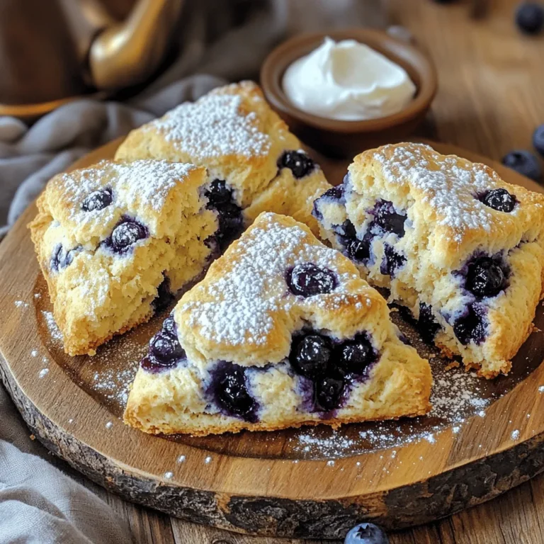 To make fresh blueberry scones, gather these key items: - 2 cups all-purpose flour - 1/2 cup granulated sugar - 2 teaspoons baking powder - 1/2 teaspoon baking soda - 1/2 teaspoon salt - 1/2 cup unsalted butter, cold and cubed - 1 cup fresh blueberries (plus more for topping) - 1/2 cup buttermilk - 1 large egg - 1 teaspoon vanilla extract - 1 tablespoon lemon zest - 1 tablespoon coarse sugar (for topping) These ingredients work together to create a light, flaky scone that bursts with flavor. You can add a few fun extras to boost taste. Here are some ideas: - Chopped nuts, like walnuts or pecans - A pinch of cinnamon for warmth - Chocolate chips for a sweet twist - Other berries like raspberries or blackberries Feel free to mix and match these add-ins based on your mood or what you have on hand. Fresh blueberries are the star of this recipe. They add natural sweetness and moisture. Plus, they bring vibrant color to your scones. When choosing blueberries, look for ones that are plump and firm. Avoid any that are soft or mushy. Using fresh berries helps ensure that your scones taste bright and delicious. Frozen blueberries can work in a pinch, but fresh ones really shine. They make your scones feel homemade and special. For the best flavor, try to use them right after washing. This keeps them fresh and juicy. Don't forget to save a few for topping! For the full recipe, check out the link above. Start by gathering all your ingredients. You will need: - 2 cups all-purpose flour - 1/2 cup granulated sugar - 2 teaspoons baking powder - 1/2 teaspoon baking soda - 1/2 teaspoon salt - 1/2 cup unsalted butter, cold and cubed - 1 cup fresh blueberries (plus more for topping) - 1/2 cup buttermilk - 1 large egg - 1 teaspoon vanilla extract - 1 tablespoon lemon zest - 1 tablespoon coarse sugar (for topping) Make sure your oven is set to 400°F (200°C). Line a baking sheet with parchment paper. This helps prevent sticking and makes cleanup easy. In a large bowl, whisk the dry ingredients together. Mix the flour, sugar, baking powder, baking soda, and salt. Add the cold butter cubes to the bowl. Use your fingers or a pastry cutter to mash the butter into the flour. You want it to look like coarse crumbs. Gently fold in the fresh blueberries. This step is key. You don’t want to smash them. In another bowl, combine the wet ingredients: buttermilk, egg, vanilla extract, and lemon zest. Whisk until smooth. Now, pour the wet mix into the dry mix. Stir just until combined. The dough should look lumpy, not smooth. If you overmix, your scones will be tough. Turn the dough out onto a floured surface. Shape it into a circle about 1 inch thick. Cut it into wedges or use a biscuit cutter for round shapes. Place the scones on the lined baking sheet. Top with extra blueberries and sprinkle coarse sugar on top. Bake for 15-20 minutes. Look for a light golden color. Insert a toothpick into the center. If it comes out clean, your scones are done. Let them cool on the baking sheet for a few minutes. Then, move them to a wire rack to cool completely. For more details, check out the Full Recipe. Enjoy your fresh blueberry scones! To make your scones fluffy, keep these tips in mind: - Use cold butter: Cold butter creates steam while baking, making the scones rise. - Don’t overmix: Mix the dough just until combined. Overmixing makes scones tough. - Use fresh blueberries: Fresh berries add moisture and flavor. They also create nice bursts of juice. - Chill the dough: If time allows, chill the dough for 30 minutes. This helps with texture. Many people make mistakes that lead to less-than-perfect scones. Here are some common ones: - Using warm butter: Warm butter will not create that fluffy texture. Always use cold butter. - Skipping the baking powder: This ingredient is crucial for lift. Ensure it is fresh. - Ignoring the measurements: Accurate measurements are key. Use a kitchen scale if possible. - Not checking the oven temperature: An oven that is too hot or too cold can ruin your scones. For that beautiful golden brown finish, follow these steps: - Preheat your oven: Make sure your oven is at 400°F (200°C) before baking. - Use an egg wash: Brush the tops of the scones with an egg wash for a shiny finish. - Watch the baking time: Keep an eye on your scones. Bake them until they are lightly golden. - Use a baking stone: If you have one, it helps distribute heat evenly for better browning. With these tips and tricks, your fresh blueberry scones will be a hit! For the full recipe, check out the earlier section. Enjoy baking! {{image_2}} Lemon blueberry scones add a bright twist to the classic. To make them, simply add lemon zest and a bit of lemon juice to the dough. The zest gives a nice zing. Use about 1 tablespoon of zest and 1 tablespoon of juice. This balance brightens the flavors. The tartness of lemon pairs well with sweet blueberries. You can even drizzle a lemon glaze on top after baking for extra sweetness. If you need a gluten-free option, don't worry! You can swap the all-purpose flour for a gluten-free blend. Make sure the blend includes xanthan gum. This helps the scones hold together. Follow the same measurements in the original recipe. The texture might change slightly, but the taste will remain delicious. Enjoy your gluten-free scones with a side of jam or butter. Don’t limit yourself to blueberries! You can mix in other fruits too. Try raspberries, blackberries, or even chopped strawberries. Each fruit brings its own flavor and sweetness. You can also add spices like cinnamon or nutmeg for warmth. For a savory option, consider adding cheese or herbs. Experimenting with flavors lets you create unique scones every time. For the full recipe, check back to the main section. To keep your scones fresh, store them in an airtight container. This keeps moisture in but also stops them from getting too soft. Place a piece of parchment paper in between layers if you stack them. You can keep them at room temperature for up to two days. If you want to keep them longer, consider the fridge, where they can last for about a week. If you have leftover scones, reheating them is easy. Preheat your oven to 350°F (175°C). Place the scones on a baking sheet. Heat them for about 5 to 10 minutes. This will bring back their warm, soft texture. If you prefer, you can microwave them for about 15 seconds, but the oven is best for crispness. Freezing scones lets you enjoy them later. After baking, let them cool completely. Wrap each scone in plastic wrap tightly. Then, place them in a freezer-safe bag. They can last for up to three months in the freezer. When you’re ready to eat one, simply reheat it from frozen in the oven. This way, you always have fresh blueberry scones on hand! For the complete recipe, check the Full Recipe section above. You can use frozen blueberries in this recipe. Just take them straight from the freezer. Do not thaw them first. This helps keep the scones from turning blue. Mix the frozen berries into the dough gently. They will bake well and taste great. You may need to add a minute or two to the bake time. Always check for that golden color. Yes, you can substitute some ingredients if needed. If you lack buttermilk, use regular milk with a bit of lemon juice. It will work well. You can also swap all-purpose flour for whole wheat flour. This will change the flavor and texture a little. If you want a dairy-free option, use coconut oil instead of butter. These swaps can create unique flavors. Fresh blueberry scones taste best warm. Serve them with a little butter or clotted cream. You can also add lemon curd for a zesty kick. Arrange them on a pretty plate for a lovely look. Pair them with tea or coffee for a nice treat. For a fun twist, sprinkle some powdered sugar on top before serving. Enjoy your delicious scones with friends! Check out the Full Recipe for more tips and details. You now have a clear guide to making delicious blueberry scones. We covered essential ingredients, helpful tips, and variations to suit your taste. Fresh blueberries make a big difference, while optional add-ins enhance flavor. Remember to prep well, avoid common mistakes, and store wisely for later enjoyment. With these steps, you can bake perfect scones every time. Try different flavors and share with friends. Enjoy your baking journey!