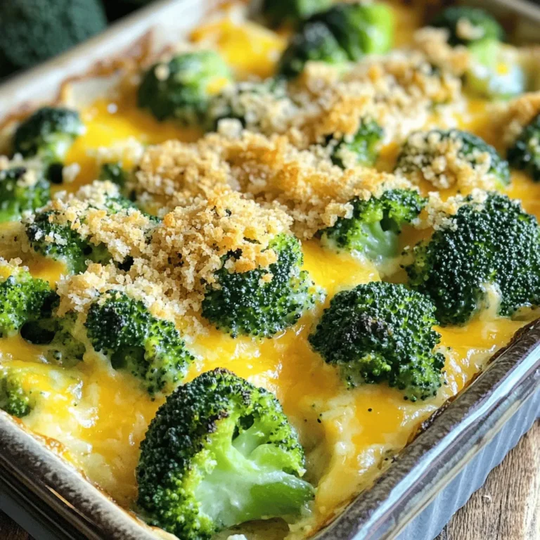 To make a tasty Easy Broccoli Cheese Casserole, you need a few simple ingredients. Each one plays a key role in creating a rich flavor and creamy texture. Here’s what you will need: - 4 cups fresh broccoli florets - 1 cup cooked quinoa - 2 cups shredded cheddar cheese - 1 cup cream of mushroom soup - 1/2 cup milk - 1/4 cup sour cream - 1 teaspoon garlic powder - 1/2 teaspoon onion powder - Salt and pepper to taste - 1/2 cup breadcrumbs - 2 tablespoons olive oil Fresh broccoli florets give this dish its bright color and crunch. I like using cooked quinoa for a boost of protein. It makes the casserole more filling. The shredded cheddar cheese melts beautifully, adding a rich, creamy layer. Cream of mushroom soup is the secret to a dreamy texture. Milk and sour cream make everything extra smooth. Don’t forget the spices! Garlic powder and onion powder add depth to the flavor. You can adjust the salt and pepper to match your taste. The breadcrumbs on top add a nice crispiness, thanks to the olive oil. For the Full Recipe, check the detailed instructions. Enjoy making this dish with your family! First, preheat your oven to 350°F (175°C). This helps the casserole cook evenly. Next, grab a 9x13 inch baking dish and lightly grease it. This prevents sticking. Now, let’s steam the broccoli florets. Place them in a steamer for about 4-5 minutes. You want them tender but not mushy. Once done, set them aside to cool. In a large mixing bowl, combine the cooked quinoa, 1 1/2 cups of shredded cheddar cheese, cream of mushroom soup, milk, sour cream, garlic powder, onion powder, salt, and pepper. Mix everything well. You want a smooth, cheesy blend. This mix is the heart of your casserole, so make sure it's well combined. Now it’s time to fold in the steamed broccoli. Gently stir it into the cheesy mixture until coated. This adds a nice green color and texture. Pour this mixture into your prepared baking dish, spreading it out evenly. For the topping, mix breadcrumbs with olive oil in a small bowl. Sprinkle this mixture over the casserole. Finally, add the remaining 1/2 cup of shredded cheddar cheese on top. Place the casserole in the preheated oven. Bake it for 25-30 minutes. You will know it’s done when the top is golden brown and the cheese is bubbly. This creates a nice crust. After baking, let it cool for a few minutes before serving. This helps the flavors settle and makes it easier to serve. Enjoy your Easy Broccoli Cheese Casserole! For the full recipe, check the earlier section. To cook broccoli for the best texture, steam it lightly. This method keeps it bright green and crisp. Steam the florets for about 4-5 minutes. They should be tender but not mushy. This step helps them hold their shape and adds a nice bite to your casserole. Choosing the right cheese is key for flavor. I recommend using sharp cheddar. It melts well and gives a rich taste. If you want a creamier texture, try adding mozzarella. Mixing different cheeses can also add depth to your dish. You can easily make ingredient substitutions. If you don’t have quinoa, use rice or even pasta. For a lighter option, swap cream of mushroom soup with plain yogurt. This change keeps the dish creamy while cutting calories. Add-ins can boost flavor and nutrition. Consider mixing in cooked chicken or turkey for protein. Diced bell peppers or carrots can add color and crunch. You can also throw in some nuts for a nice crunch. These options make it fun and unique every time you make it. For the full recipe, check out the [Full Recipe]. {{image_2}} For a lighter version of this casserole, swap out some ingredients. Use low-fat cheese to cut calories. You can also replace cream of mushroom soup with a homemade version or low-sodium broth. This gives you control over the fat and salt levels. If you want a gluten-free option, use gluten-free breadcrumbs. You can also make your own with gluten-free bread if you prefer. These small changes keep the dish tasty while making it healthier. To add more flavor, you can include other vegetables. Bell peppers, carrots, or even spinach work well. These not only boost nutrition but also add great color. Mixing in proteins like cooked chicken or turkey makes the dish heartier. It turns a side dish into a full meal. For the best flavor, try adding fresh herbs like thyme or rosemary. These herbs brighten up the taste and add a nice aroma. You can also use a mix of cheeses for a more complex flavor profile. Just remember to keep it balanced so the broccoli shines through. For the complete recipe, check out the Full Recipe section. To keep your Easy Broccoli Cheese Casserole fresh, let it cool first. Once cool, cover it tightly with plastic wrap or aluminum foil. Store it in the fridge for up to three days. Use a clean spoon when serving, so you avoid cross-contamination. This way, you can enjoy your leftovers without worry. If you want to freeze your casserole, here’s what to do. First, let it cool completely. Then, cut it into portions. Wrap each piece in plastic wrap, then place them in a freezer bag. This helps keep the flavor and texture intact. When you are ready to eat, thaw it overnight in the fridge. Reheat in the oven at 350°F (175°C) until hot. This method works well to enjoy your Easy Broccoli Cheese Casserole later. For the complete recipe, check out the Full Recipe. How can I make this broccoli cheese casserole in advance? You can prepare this casserole a day ahead. Simply follow the recipe until you layer the casserole in the dish. Cover it tightly with plastic wrap and store it in the fridge. When ready to bake, remove the wrap and add a few extra minutes to the baking time. This method saves time and lets the flavors mix well. Can I use frozen broccoli instead of fresh? Yes, frozen broccoli works well in this casserole. Just thaw and drain it before mixing. This saves prep time and still gives you that great broccoli flavor. Make sure to squeeze out extra water to avoid a soggy casserole. What is the calorie count per serving? Each serving of this broccoli cheese casserole has about 300 calories. This count can vary based on your specific ingredients. If you use low-fat cheese or a lighter soup, the calories may drop. Does this casserole freeze well? Yes, this casserole freezes nicely. After baking, let it cool completely. Then, cover it tightly with foil or plastic wrap. Store it in the freezer for up to three months. When you want to eat it, thaw it overnight in the fridge and reheat in the oven. This helps keep the flavors fresh and delicious. For the full recipe, check out the Cheesy Broccoli Bliss Casserole! This blog covered a simple and tasty broccoli cheese casserole. You learned about the key ingredients, from fresh broccoli to spices. I shared step-by-step instructions for mixing and baking. Also, you discovered tips for perfecting the dish and ways to customize it. Finally, we discussed storage methods for leftovers. I hope you feel ready to make this dish! Enjoy your cooking and create a meal that everyone will love.