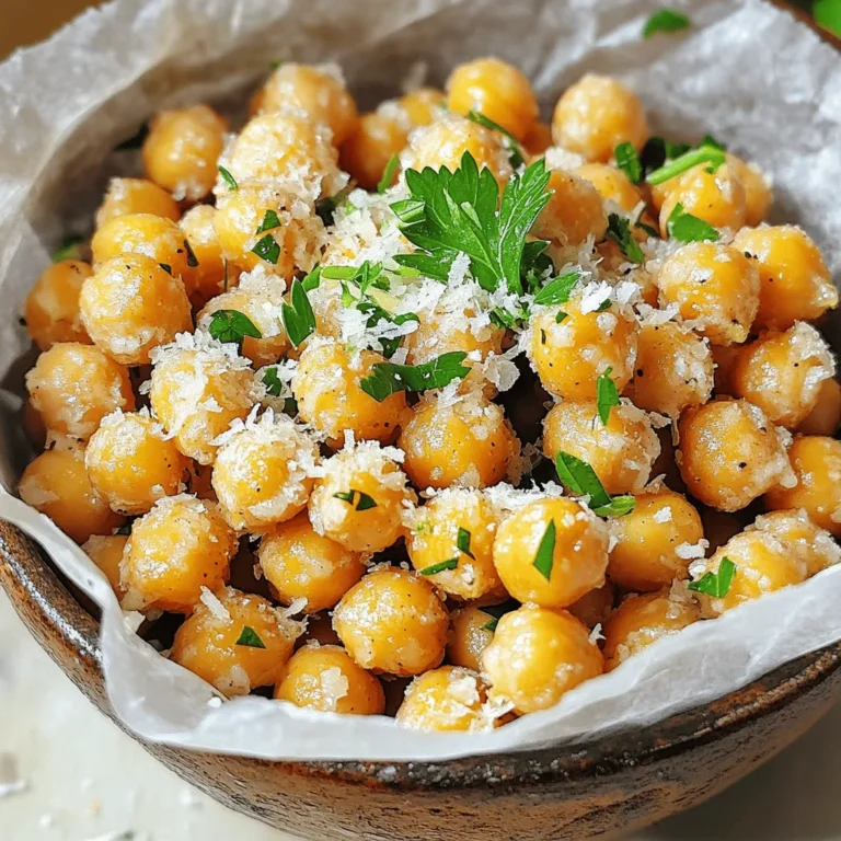 - 1 can (15 oz) chickpeas, drained and rinsed - 2 tablespoons olive oil - 3 cloves garlic, minced - 1 teaspoon garlic powder - 1 teaspoon onion powder - 1/2 teaspoon smoked paprika - 1/4 cup grated Parmesan cheese - Salt and pepper to taste - Fresh parsley, chopped, for garnish To make Garlic Parmesan Air Fryer Chickpeas, you need simple, fresh ingredients. Start with a can of chickpeas. Make sure to drain and rinse them well. This step removes excess sodium and helps the chickpeas crisp up nicely. Next, olive oil is key. It adds flavor and helps the spices stick. Don’t skip the garlic; fresh minced garlic gives a great taste. For seasoning, garlic powder and onion powder add depth. Smoked paprika gives a nice smoky flavor. You can adjust these spices as you like. Finally, the topping! Grated Parmesan cheese gives that cheesy crunch. Don’t forget salt and pepper to boost the flavor. Fresh parsley adds a pop of color and freshness. For the full recipe, check out the details above. 1. Preheat your air fryer to 400°F (200°C). This step is key for a crispy texture. 2. Drain, rinse, and pat dry the chickpeas. Removing moisture helps them crisp up nicely. 1. In a mixing bowl, combine the chickpeas with 2 tablespoons of olive oil. 2. Add 3 cloves of minced garlic, 1 teaspoon of garlic powder, 1 teaspoon of onion powder, and 1/2 teaspoon of smoked paprika. 3. Season with salt and pepper to taste. Toss well until the chickpeas are evenly coated. 1. Transfer the seasoned chickpeas to the air fryer basket in a single layer. 2. Cook for 12-15 minutes, shaking the basket halfway. This ensures even crispiness. 3. Once they are golden and crispy, remove them from the air fryer. 4. Immediately sprinkle 1/4 cup of grated Parmesan cheese over the hot chickpeas. Toss gently to coat. Enjoy these crispy garlic Parmesan air fryer chickpeas as a tasty snack or appetizer. For the full recipe, check the earlier sections. To make your chickpeas crispy, drying is key. After draining and rinsing, spread them on a paper towel. Pat them dry gently. You want to remove all moisture. This step helps achieve that perfect crunch. When air frying, shake the basket halfway through cooking. This movement ensures even cooking. Move the chickpeas around to avoid clumping. This will make every piece crispy and golden. Want to amp up the flavor? Try adding more spices. A pinch of cayenne pepper gives a nice kick. You can also add dried herbs like thyme or oregano. These will add depth to the taste. Experiment to find what you love best. These chickpeas pair well with dips. Hummus or tzatziki make great additions. They also work well as a crunchy topping on salads. You can even use them in bowls with grains and veggies. They add texture and flavor to any dish. {{image_2}} You can easily mix up the flavors in your Garlic Parmesan Air Fryer Chickpeas. One fun twist is to make a Spicy Garlic Parmesan version. Just add chili flakes to the mix for a kick that will wake up your taste buds. If you love herbs, try adding thyme or oregano for a herbed version. These herbs add a fresh taste that pairs well with the garlic and cheese. If you want a vegan-friendly option, you can skip the Parmesan cheese. Instead, use nutritional yeast. It gives a cheesy flavor without any dairy. For those who need gluten-free meals, this recipe works perfectly. Chickpeas are gluten-free, and the other ingredients are safe too. Enjoy your snack without worry! Feel free to swap chickpeas for other beans or legumes. Black beans or lentils can work well too. Each type of bean will change the taste and texture, making for a fun new snack. Experiment with what you have on hand for a unique twist. Try out different combinations to discover your favorite version of this tasty recipe. For the full recipe, check out the complete guide. To store your leftover Garlic Parmesan Air Fryer Chickpeas, let them cool completely. Place them in an airtight container. You can use glass or plastic containers. Make sure the lid seals tightly to keep them fresh. For best results, store them in the fridge. This helps maintain their flavor and texture. When it's time to enjoy your leftovers, you want them crispy again. The best way to reheat them is in the air fryer. Preheat the air fryer to 350°F (175°C). Place the chickpeas in the basket in a single layer. Heat them for about 5 minutes. This method keeps them crispy and delicious, just like when they were fresh. These tasty chickpeas can last in the fridge for up to 3 days. After that, they may lose their crispiness and flavor. If you want to keep them longer, consider freezing them. They can last up to 2 months in the freezer. Just remember to thaw and reheat them well before serving. For the full recipe, check out the detailed instructions above. Yes, you can use dried chickpeas. Start by soaking them in water overnight. This softens them. After soaking, drain and rinse the chickpeas. Then, cook them in boiling water for about 1 hour, or until tender. Drain them again and dry well before using in the recipe. This method gives you more control over the texture and flavor. If you need a substitute for Parmesan cheese, try nutritional yeast for a vegan option. It adds a cheesy flavor without dairy. You can also use grated Pecorino Romano cheese for a sharper taste. Other good choices include Grana Padano or even a sprinkle of feta cheese. You can also mix in some breadcrumbs for crunch! To add heat to your chickpeas, try these ideas. Mix in chili powder or cayenne pepper with the other spices. Start with a small amount, and adjust to taste. You can also toss in red pepper flakes for extra kick after cooking. A drizzle of hot sauce just before serving works great too. Each method adds heat and flavor! Garlic Parmesan air fryer chickpeas are tasty and easy to make. You see how to prepare the chickpeas, mix ingredients, and air fry them for crunch. We discussed adding unique flavors and tips to keep them crispy. Remember, you can swap ingredients for your preferences, and storage is simple. Enjoy these tasty snacks anytime! They’re healthy, fun, and perfect for sharing. Try this recipe today and discover a new favorite dish.