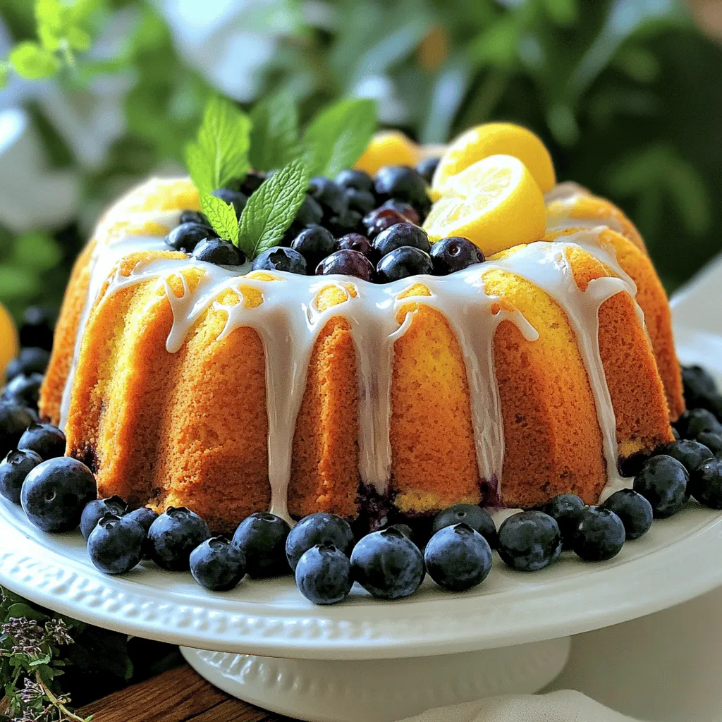 - 1 ½ cups all-purpose flour - 1 teaspoon baking powder - ½ teaspoon baking soda - ½ teaspoon salt - 1 cup unsalted butter, softened - 1 cup granulated sugar - 3 large eggs - 1 tablespoon lemon zest - 2 tablespoons lemon juice - 1 teaspoon vanilla extract - 1 cup fresh blueberries - Optional: 1 cup powdered sugar for glaze - Optional: 2 tablespoons lemon juice for glaze To create a Lemon Blueberry Pound Cake, you need some simple ingredients. The base combines flour, sugar, and butter for a rich texture. The eggs add moisture and help the cake rise. Lemon zest and juice give the cake its bright, fresh flavor. Fresh blueberries burst in your mouth with every bite. If you want to add a glaze, powdered sugar and more lemon juice make it shine. This cake is not just tasty; it looks great too! You can serve it on a nice plate with berries on top. - Calories per serving: Approximately 300 - Key nutrients: - Carbs: 40g - Fats: 15g - Proteins: 3g Knowing the nutritional facts helps you enjoy this treat wisely. Each slice has about 300 calories. It has a good mix of carbs for energy, some fats for flavor, and a bit of protein. This cake can fit well into a balanced diet. For the full recipe, check the [Full Recipe]. - Preheating the oven: Start by preheating your oven to 350°F (175°C). This helps the cake bake evenly. - Greasing the loaf pan: Next, grease and flour a 9x5-inch loaf pan. This step keeps the cake from sticking to the pan. - Creaming butter and sugar: In a large bowl, beat 1 cup of softened unsalted butter with 1 cup of granulated sugar. Use an electric mixer on medium speed for about 3-4 minutes. The mix should look light and fluffy. - Adding eggs and flavorings: Add 3 large eggs one at a time, mixing well after each. Then, stir in 1 tablespoon of lemon zest, 2 tablespoons of lemon juice, and 1 teaspoon of vanilla extract until combined. - Incorporating dry ingredients: In a separate bowl, whisk together 1 ½ cups of all-purpose flour, 1 teaspoon of baking powder, ½ teaspoon of baking soda, and ½ teaspoon of salt. Gradually add this mix to the wet ingredients. Mix until just combined to keep your cake light. - Folding in blueberries: Carefully fold in 1 cup of fresh blueberries with a rubber spatula. Make sure to spread them evenly throughout the batter. - Baking time and test for doneness: Pour the batter into your prepared loaf pan. Bake for 55-65 minutes. You will know it’s done when a toothpick inserted in the center comes out clean. For detailed instructions, check out the Full Recipe. - How to avoid overmixing: When you mix the batter, do it gently. After you add the dry ingredients, mix just until you see no more flour. Overmixing can make the cake tough. It’s okay if there are a few small lumps. - Ensuring even baking: Make sure your oven is at the right temperature. An oven thermometer can help with this. Place the cake in the center of the oven. This spot helps it bake evenly. Rotate the pan halfway through baking to avoid any hot spots. - Presentation ideas: The key to a great presentation is color. Serve the cake on a bright platter. Add fresh blueberries and mint leaves on top for a pop of color. You can also dust it with powdered sugar for a sweet touch. - Pairing with beverages: This lemon blueberry pound cake pairs well with tea or lemonade. The tartness of the lemon and sweetness of the blueberries complement these drinks perfectly. You can also serve it with a scoop of vanilla ice cream for an extra treat. - Dense cake: If your cake turns out dense, check your measurements. Too much butter or flour can cause this. Also, make sure you cream the butter and sugar well. This step adds air to the batter. - Sunken centers: A sunken center can happen if the oven is too hot. It can also happen if the batter is too heavy. To fix this, avoid adding too many blueberries. They make the batter heavy. Make sure to bake the cake long enough until a toothpick comes out clean. {{image_2}} You can make this lemon blueberry pound cake even more fun by adding other fruits. Raspberries and strawberries work great. They add a nice tartness that pairs well with lemon. You can also try different citrus zest. Lime or orange zest gives a fresh twist to the cake. Each fruit brings its own charm and flavor. If you need gluten-free options, use a 1-to-1 gluten-free flour blend. This swap will keep the cake tender and moist. For egg substitutions, consider using applesauce or flaxseed meal. One egg can be replaced with ¼ cup of applesauce or 1 tablespoon of flaxseed mixed with 2.5 tablespoons of water. These options work well in keeping the cake light and delicious. If you want to make mini loaves or muffins, adjust your baking time. Mini loaves take about 30-40 minutes, while muffins bake for 18-20 minutes. Check for doneness by inserting a toothpick in the center. This will help you get perfect little treats for any occasion. Enjoy the fun of sharing in smaller portions! You can store your lemon blueberry pound cake in two ways: at room temperature or in the fridge. If you keep it at room temperature, wrap it in plastic wrap. This keeps it moist and fresh. Make sure to place it in a cool, dry spot. Storing it this way works well for up to three days. If you want it to last longer, put it in the fridge. This will help it stay fresh for about a week. Just remember, cold air can dry out the cake. So, be sure to wrap it well. Freezing slices is a great option if you want to save some cake for later. First, let the cake cool completely. Then cut it into slices. Wrap each slice tightly in plastic wrap. After that, place the wrapped slices in a freezer bag. This way, they won’t stick together. You can freeze them for up to three months. When you want a slice, take it out and let it thaw. Simply leave it on the counter for a few hours or overnight in the fridge. Your lemon blueberry pound cake stays fresh for a while. If stored properly, it can last up to a week in the fridge. At room temperature, it stays good for about three days. Look for signs of spoilage. If the cake looks dry or has a strange smell, it’s best to throw it out. Also, any mold is a clear sign it’s time to say goodbye. Enjoy every bite while it’s fresh! To keep your pound cake moist, you can follow these tips: - Use fresh ingredients. - Measure flour correctly. Too much can dry the cake. - Avoid overbaking. Keep a close eye on baking time. - Wrap the cake in plastic wrap when cool. This helps lock in moisture. Yes, you can use frozen blueberries. They work well in this recipe. However, frozen blueberries may change the cake's texture. They can make the batter a little wetter. You might see some color bleed, turning the batter slightly blue. This won't affect the taste, and the cake will still be delicious! To check if your cake is done, insert a toothpick into the center. If it comes out clean or with just a few crumbs, the cake is ready. If it has wet batter on it, bake for a few more minutes. Be careful not to overbake, as this can dry out the cake. Yes, you can make this pound cake ahead of time. Bake it a day or two before serving. Just wrap it well to keep it fresh. You can serve it at room temperature. If you want, you can even freeze it for later. Just make sure to thaw it overnight in the fridge. Making a lemon glaze is simple. Here’s how: - Mix 1 cup of powdered sugar with 2 tablespoons of lemon juice. - Stir until smooth. - Drizzle it over the cooled pound cake for a sweet and tangy finish. This glaze adds a lovely shine and extra flavor. You now know how to make a delicious lemon blueberry pound cake. We covered key ingredients, step-by-step instructions, and helpful tips. Remember to avoid overmixing and adjust baking times for mini loaves. Consider flavor variations and storage advice for the best results. With these simple steps, you can bake an amazing treat that everyone will love. Enjoy the baking process and share your creation with others!