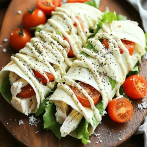 To make tasty Chicken Caesar Wraps, gather these simple ingredients: - 2 cooked chicken breasts, sliced - 4 large flour tortillas - 2 cups romaine lettuce, chopped - 1 cup cherry tomatoes, halved - ½ cup Caesar dressing (store-bought or homemade) - ½ cup grated Parmesan cheese - Freshly cracked black pepper to taste - Optional: croutons for added crunch You can easily swap ingredients to fit your taste. Use grilled chicken if you prefer that flavor. For a lighter wrap, try whole wheat tortillas. If you want a veggie option, use chickpeas instead of chicken. For the dressing, a yogurt-based Caesar is a great choice. If you're lactose-free, leave out the Parmesan or use a dairy-free cheese. You can add other veggies like bell peppers or cucumbers for extra crunch. These wraps are not just tasty; they also provide good nutrition. Each wrap has protein from the chicken, vitamins from the lettuce, and healthy fats from the dressing. One wrap contains about: - Calories: 380 - Protein: 30g - Carbohydrates: 35g - Fat: 15g - Fiber: 3g This makes Chicken Caesar Wraps a filling meal option. You can enjoy them without guilt! For the complete cooking process and tips, check the Full Recipe. First, gather all your ingredients. You need cooked chicken breasts, romaine lettuce, cherry tomatoes, and Caesar dressing. Slice the chicken into thin pieces. Chop the romaine lettuce into bite-sized pieces. Cut the cherry tomatoes in half. In a large bowl, mix the sliced chicken, chopped lettuce, halved tomatoes, and Caesar dressing. Toss it all together until everything is well coated. This step makes the flavors blend nicely. Now, lay out your flour tortillas on a clean surface. Take a portion of the chicken and salad mix. Place it in the center of each tortilla. Sprinkle grated Parmesan cheese on top. If you want some crunch, add croutons too. Fold the sides of the tortilla inward. Then, roll the tortilla from the bottom up tightly. This will keep the filling inside. Repeat this for all the tortillas. Cut the wraps in half diagonally for easy eating. To cook chicken well, use a meat thermometer. Cook the chicken until it reaches 165°F for safety. Let the chicken rest for a few minutes after cooking. This keeps it juicy. For added flavor, marinate the chicken in Caesar dressing before cooking. This gives the chicken a nice taste that matches the wraps. Always slice the chicken against the grain for tender bites. To get the best wrap, start with warm tortillas. Heat them on a skillet for a few seconds. This makes them soft and easier to fold. When placing your filling, leave space at the edges. This helps you roll tightly without spilling. After you fill, fold in the sides first, then roll from the bottom up. Make sure it’s snug. A tight wrap helps keep everything inside. You can change your Chicken Caesar Wraps to fit your taste. Try adding different veggies like bell peppers or cucumbers for crunch. You can swap chicken for shrimp or turkey if you want. For a spicy kick, add sliced jalapeños or hot sauce. You can also mix in fruits, like apples or grapes, for a sweet twist. The choice is yours! Making your own Caesar dressing is easy and fun. You will need the following ingredients: - 1 egg yolk - 2 cloves garlic, minced - 2 tablespoons lemon juice - 1 teaspoon Dijon mustard - 1 teaspoon Worcestershire sauce - ½ cup olive oil - ¼ cup grated Parmesan cheese - Salt and pepper to taste Start by whisking the egg yolk, garlic, lemon juice, mustard, and Worcestershire sauce in a bowl. Slowly drizzle in the olive oil while whisking. This helps it blend well. Stir in the Parmesan cheese, then add salt and pepper to taste. This dressing can be made ahead of time and stored in the fridge. For the full recipe, check the details above. {{image_2}} You can swap chicken for other meats. Try grilled shrimp or turkey for a twist. Both add unique flavors. If you choose beef, use thin slices of steak for a hearty bite. Each protein brings its own taste and texture. For a veggie option, replace chicken with roasted vegetables. Grilled zucchini, bell peppers, or mushrooms work well. For a vegan wrap, use chickpeas for protein. Choose a vegan Caesar dressing or make your own with cashews. This keeps the flavors bold and fresh. Add more crunch to your wrap with nuts or seeds. Sunflower seeds or walnuts add great texture. For spice, toss in jalapeños or red pepper flakes. You can also use fresh herbs like basil or cilantro for an extra kick. Mixing in different flavors keeps your meals exciting. Check out the Full Recipe for more ideas on making Chicken Caesar Wraps! To keep your leftover Chicken Caesar Wraps fresh, wrap them tightly in plastic wrap or foil. You can also place them in an airtight container. Store them in the fridge. They will stay good for about three days. If you want to freeze the wraps, first wrap them in plastic. Then, place them in a freezer bag. They can last up to three months in the freezer. When you're ready to eat, thaw them in the fridge overnight. Reheat them in the microwave or a hot pan. This way, they will taste great again. The shelf life of your ingredients matters. Cooked chicken lasts about four days in the fridge. Romaine lettuce stays fresh for about a week. Cherry tomatoes last up to five days. Caesar dressing can last about a month when sealed tight. Always check for any signs of spoilage before using any ingredients. A good Chicken Caesar wrap needs fresh ingredients. You want tender chicken and crisp lettuce. The flavor of Caesar dressing is key. It should be creamy but not overpowering. Parmesan cheese adds a nice salty touch. A good wrap is also tightly rolled. This keeps all the delicious filling inside. The tortilla should be soft yet sturdy, too. If you add croutons, they give a great crunch. Yes, you can make Chicken Caesar wraps ahead of time. Wrap them tightly in plastic wrap or foil. Store them in the fridge for up to two days. This lets the flavors blend nicely. Just keep the croutons separate until you eat. They stay crunchy this way. If you plan to eat them later, add more dressing before serving. This keeps the wraps fresh and tasty. You can find the Full Recipe for Chicken Caesar Wraps in the article above. It gives detailed steps and tips to make tasty wraps. You now have all you need to make tasty Chicken Caesar Wraps. We covered the ingredients, cooking steps, and tips for great wraps. Remember, you can make this meal your own with different proteins or dressings. Storing leftovers is simple, so no food goes to waste. Chicken Caesar Wraps are easy to customize and fun to prepare. Enjoy experimenting with flavors and making these wraps your way!