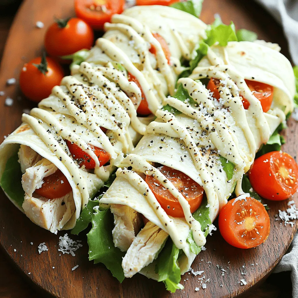 To make tasty Chicken Caesar Wraps, gather these simple ingredients: - 2 cooked chicken breasts, sliced - 4 large flour tortillas - 2 cups romaine lettuce, chopped - 1 cup cherry tomatoes, halved - ½ cup Caesar dressing (store-bought or homemade) - ½ cup grated Parmesan cheese - Freshly cracked black pepper to taste - Optional: croutons for added crunch You can easily swap ingredients to fit your taste. Use grilled chicken if you prefer that flavor. For a lighter wrap, try whole wheat tortillas. If you want a veggie option, use chickpeas instead of chicken. For the dressing, a yogurt-based Caesar is a great choice. If you're lactose-free, leave out the Parmesan or use a dairy-free cheese. You can add other veggies like bell peppers or cucumbers for extra crunch. These wraps are not just tasty; they also provide good nutrition. Each wrap has protein from the chicken, vitamins from the lettuce, and healthy fats from the dressing. One wrap contains about: - Calories: 380 - Protein: 30g - Carbohydrates: 35g - Fat: 15g - Fiber: 3g This makes Chicken Caesar Wraps a filling meal option. You can enjoy them without guilt! For the complete cooking process and tips, check the Full Recipe. First, gather all your ingredients. You need cooked chicken breasts, romaine lettuce, cherry tomatoes, and Caesar dressing. Slice the chicken into thin pieces. Chop the romaine lettuce into bite-sized pieces. Cut the cherry tomatoes in half. In a large bowl, mix the sliced chicken, chopped lettuce, halved tomatoes, and Caesar dressing. Toss it all together until everything is well coated. This step makes the flavors blend nicely. Now, lay out your flour tortillas on a clean surface. Take a portion of the chicken and salad mix. Place it in the center of each tortilla. Sprinkle grated Parmesan cheese on top. If you want some crunch, add croutons too. Fold the sides of the tortilla inward. Then, roll the tortilla from the bottom up tightly. This will keep the filling inside. Repeat this for all the tortillas. Cut the wraps in half diagonally for easy eating. To cook chicken well, use a meat thermometer. Cook the chicken until it reaches 165°F for safety. Let the chicken rest for a few minutes after cooking. This keeps it juicy. For added flavor, marinate the chicken in Caesar dressing before cooking. This gives the chicken a nice taste that matches the wraps. Always slice the chicken against the grain for tender bites. To get the best wrap, start with warm tortillas. Heat them on a skillet for a few seconds. This makes them soft and easier to fold. When placing your filling, leave space at the edges. This helps you roll tightly without spilling. After you fill, fold in the sides first, then roll from the bottom up. Make sure it’s snug. A tight wrap helps keep everything inside. You can change your Chicken Caesar Wraps to fit your taste. Try adding different veggies like bell peppers or cucumbers for crunch. You can swap chicken for shrimp or turkey if you want. For a spicy kick, add sliced jalapeños or hot sauce. You can also mix in fruits, like apples or grapes, for a sweet twist. The choice is yours! Making your own Caesar dressing is easy and fun. You will need the following ingredients: - 1 egg yolk - 2 cloves garlic, minced - 2 tablespoons lemon juice - 1 teaspoon Dijon mustard - 1 teaspoon Worcestershire sauce - ½ cup olive oil - ¼ cup grated Parmesan cheese - Salt and pepper to taste Start by whisking the egg yolk, garlic, lemon juice, mustard, and Worcestershire sauce in a bowl. Slowly drizzle in the olive oil while whisking. This helps it blend well. Stir in the Parmesan cheese, then add salt and pepper to taste. This dressing can be made ahead of time and stored in the fridge. For the full recipe, check the details above. {{image_2}} You can swap chicken for other meats. Try grilled shrimp or turkey for a twist. Both add unique flavors. If you choose beef, use thin slices of steak for a hearty bite. Each protein brings its own taste and texture. For a veggie option, replace chicken with roasted vegetables. Grilled zucchini, bell peppers, or mushrooms work well. For a vegan wrap, use chickpeas for protein. Choose a vegan Caesar dressing or make your own with cashews. This keeps the flavors bold and fresh. Add more crunch to your wrap with nuts or seeds. Sunflower seeds or walnuts add great texture. For spice, toss in jalapeños or red pepper flakes. You can also use fresh herbs like basil or cilantro for an extra kick. Mixing in different flavors keeps your meals exciting. Check out the Full Recipe for more ideas on making Chicken Caesar Wraps! To keep your leftover Chicken Caesar Wraps fresh, wrap them tightly in plastic wrap or foil. You can also place them in an airtight container. Store them in the fridge. They will stay good for about three days. If you want to freeze the wraps, first wrap them in plastic. Then, place them in a freezer bag. They can last up to three months in the freezer. When you're ready to eat, thaw them in the fridge overnight. Reheat them in the microwave or a hot pan. This way, they will taste great again. The shelf life of your ingredients matters. Cooked chicken lasts about four days in the fridge. Romaine lettuce stays fresh for about a week. Cherry tomatoes last up to five days. Caesar dressing can last about a month when sealed tight. Always check for any signs of spoilage before using any ingredients. A good Chicken Caesar wrap needs fresh ingredients. You want tender chicken and crisp lettuce. The flavor of Caesar dressing is key. It should be creamy but not overpowering. Parmesan cheese adds a nice salty touch. A good wrap is also tightly rolled. This keeps all the delicious filling inside. The tortilla should be soft yet sturdy, too. If you add croutons, they give a great crunch. Yes, you can make Chicken Caesar wraps ahead of time. Wrap them tightly in plastic wrap or foil. Store them in the fridge for up to two days. This lets the flavors blend nicely. Just keep the croutons separate until you eat. They stay crunchy this way. If you plan to eat them later, add more dressing before serving. This keeps the wraps fresh and tasty. You can find the Full Recipe for Chicken Caesar Wraps in the article above. It gives detailed steps and tips to make tasty wraps. You now have all you need to make tasty Chicken Caesar Wraps. We covered the ingredients, cooking steps, and tips for great wraps. Remember, you can make this meal your own with different proteins or dressings. Storing leftovers is simple, so no food goes to waste. Chicken Caesar Wraps are easy to customize and fun to prepare. Enjoy experimenting with flavors and making these wraps your way!