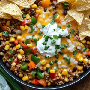 - 1 lb ground beef or turkey - 1 small onion, diced - 2 cloves garlic, minced - 1 packet taco seasoning - 1 cup diced tomatoes (canned or fresh) The base of our Loaded Cheesy Taco Skillet starts with ground beef or turkey. You can choose either, but I prefer ground turkey for a lighter meal. Next, we add a small diced onion and two cloves of minced garlic. These add flavor and aroma to the dish. Taco seasoning gives a rich taste. Don't forget the diced tomatoes! They add moisture and freshness. - 1 cup black beans, drained and rinsed - 1 cup corn (canned or frozen) - 1 cup bell peppers, diced (mix of colors for vibrancy) - 1 ½ cups shredded cheddar cheese - 1 cup sour cream - 2 green onions, sliced (for garnish) - Fresh cilantro, chopped (for garnish) Now, let’s add some color and nutrition! Black beans and corn bring a nice texture. Bell peppers add crunch and sweetness. I love to use a mix of colors for a pop! We need a cheesy topping, so grab some shredded cheddar cheese. It melts beautifully. For serving, sour cream cools the dish, while green onions and fresh cilantro make it look pretty and bright. - Best types of tortilla chips - Ideal accompaniments or side dishes When serving, use sturdy tortilla chips. They hold up well for scooping. Pair this skillet meal with a fresh side salad or some guacamole for extra flavor. You can also add some salsa for a zesty kick. Enjoy this dish with family and friends, and don’t forget to share the Full Recipe! Start with a large skillet over medium heat. Add 1 pound of ground beef or turkey. Cook it until it turns brown, which takes about 5 to 7 minutes. Make sure to break it apart with a spatula as it cooks. This helps it cook evenly. Once the meat is browned, add 1 small diced onion and 2 minced garlic cloves. Sauté these for 3 to 4 minutes. You want the onion to become soft and translucent. This step adds a nice flavor base to your dish. Next, stir in a packet of taco seasoning. Mix in 1 cup of diced tomatoes, 1 cup of black beans (drained and rinsed), 1 cup of corn (canned or frozen), and 1 cup of diced bell peppers. Mix everything well, so the flavors blend. Allow this mixture to simmer for about 5 to 8 minutes. Simmering helps all the flavors meld together, making your dish even tastier. Now, preheat your oven to 350°F (175°C). After simmering, take the skillet off the heat. Sprinkle 1 ½ cups of shredded cheddar cheese evenly over the top. Place the skillet in the oven for about 10 minutes. You want the cheese to melt and become bubbly. Once it's done, let it cool slightly. Then, add dollops of 1 cup of sour cream on top. Finish with sliced green onions and chopped fresh cilantro. Serve with tortilla chips on the side for scooping. For the full recipe, click [Full Recipe]. To keep your meat juicy, don't cook it too long. Ground beef or turkey cooks fast. Stir it often to break it apart. This helps it cook evenly. Use taco seasoning to boost flavor. I love adding extra spices like cumin and paprika. These spices add depth and warmth. A pinch of chili powder can add a nice kick too. Layering is key for a great look. Start with the meat on the bottom. Then, add beans and corn evenly. Top it off with the cheese. When melted, it looks lovely! Colorful garnishes make a big impact. Use bright green cilantro and green onions. A dollop of white sour cream adds contrast. These colors catch the eye and make the dish pop. Tortilla chips are perfect for scooping. Choose sturdy chips to hold the weight. You can also serve some chips on the side for dipping. Portion sizes matter. Aim for ½ to ¾ cup per person. This way, everyone gets enough without waste. Adjust based on your family’s appetite! For the full recipe, check out the Loaded Cheesy Taco Skillet. {{image_2}} You can easily change the protein in this dish. Ground chicken or turkey work well. If you want a meat-free meal, try using black beans or pinto beans. Both options add great texture and flavor. You can also add extra veggies like zucchini or spinach. These swaps keep the meal fresh while still being hearty. For those who like it spicy, add sliced jalapeños or a splash of hot sauce. These ingredients give a nice kick. If you have kids or prefer milder flavors, skip the heat. Instead, you can use sweet bell peppers or a bit of mild salsa. This makes the dish family-friendly while still being tasty. Think about adding spices from other cuisines. You can mix in taco seasoning with chili powder or cumin for a deeper flavor. Want to try something different? Incorporate Italian herbs like oregano and basil. These spices create a fusion twist that surprises the taste buds. You can make it your own by mixing flavors from around the world. Explore the [Full Recipe] for more ideas and details! To store leftovers, let the Loaded Cheesy Taco Skillet cool first. Then, place it in an airtight container. This keeps it fresh for later meals. When reheating, use a microwave or stovetop. Heat it gently to avoid drying it out. You can freeze this dish for future meals. Let it cool completely, then transfer it to a freezer-safe container. Be sure to label it with the date. It will keep well for about three months. For best flavor, eat it within this time frame. In the fridge, your Loaded Cheesy Taco Skillet lasts about three to four days. Look for signs of spoilage, like a sour smell, mold, or change in color. If you see any of these signs, it’s best to toss it out. Enjoy your meal safely! You can serve many tasty sides with this dish. Here are some ideas: - Mexican rice: Fluffy and flavorful, it pairs well with the skillet. - Refried beans: Creamy and rich, they add a nice touch. - Guacamole: Fresh and creamy, it adds a cool contrast. - Simple salad: A mix of greens, tomatoes, and a light dressing works great. - Cornbread: Sweet and soft, it complements the savory flavors. Yes, you can prep Loaded Cheesy Taco Skillet in advance. Here’s how: - Cook the meat: Prepare the ground beef or turkey and let it cool. - Chop veggies: Dice onions, garlic, and peppers ahead of time. - Mix it up: Combine all the ingredients until you’re ready to bake. - Store in the fridge: Keep it in an airtight dish for up to two days. - Bake when ready: Just add cheese and bake before serving. Absolutely! You can make it vegetarian-friendly by swapping a few ingredients: - Use beans: Replace meat with black beans or pinto beans for protein. - Add more veggies: Try zucchini, mushrooms, or spinach for extra flavor. - Use a meat substitute: Choose plant-based ground meat for a similar texture. - Top with cheese: Use your favorite cheese or a plant-based option for a creamy layer. The Loaded Cheesy Taco Skillet is a fun and tasty dish. We explored key ingredients like ground beef, cheese, and fresh veggies, combining them for rich flavor. You can tweak this dish with different proteins and spice levels. Don’t forget tips on storage and serving suggestions for the best experience. Enjoy making this dish at home, impressing friends and family alike. With a few simple steps, you create a crowd-pleaser that’s easy and rewarding. Happy cooking!