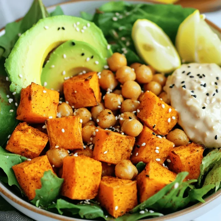 - 2 medium sweet potatoes, peeled and cubed - 1 can (15 oz) chickpeas, drained and rinsed - 1/4 cup tahini Sweet potatoes are the star here. They add sweetness and texture. Chickpeas bring protein and fiber. Tahini adds a creamy base that ties this dish together. - 2 tablespoons olive oil - 1 teaspoon paprika - 1 teaspoon cumin - 1 teaspoon garlic powder - Salt and pepper to taste Use olive oil for roasting. It helps crisp the sweet potatoes and chickpeas. Paprika adds warmth. Cumin gives a nice earthiness. Garlic powder brings out great flavor. Don't forget to season with salt and pepper! - 4 cups mixed greens (spinach, kale, or arugula) - 1 avocado, sliced - 2 tablespoons lemon juice Mixed greens add freshness and crunch. Avocado adds creaminess. Lemon juice brightens the dish and makes it pop. For the full recipe, you can check out the details in the earlier section. This bowl is not just healthy; it’s also colorful and satisfying! First, preheat your oven to 400°F (200°C). This step is key for crispy sweet potatoes. Next, take a large bowl. Combine the cubed sweet potatoes and drained chickpeas. Drizzle with olive oil. Then, sprinkle in paprika, cumin, garlic powder, salt, and pepper. Toss everything well until the sweet potatoes and chickpeas are coated. Now, spread the mixture onto a baking sheet in a single layer. This helps them roast evenly. Place the sheet in the oven and roast for 25-30 minutes. Make sure to stir the mixture halfway through. This way, you get that nice golden color on all sides. While your sweet potatoes and chickpeas roast, let’s make the tahini sauce. In a small bowl, whisk together tahini and lemon juice. Add water to your mixture until it’s smooth. You can adjust the amount of water to get your desired sauce thickness. This creamy sauce adds a rich flavor to the bowl. For the full recipe, check out the earlier section! To get sweet potatoes and chickpeas just right, you need the right method. First, preheat your oven to 400°F (200°C). This hot temperature helps the veggies caramelize and become tender. Cut the sweet potatoes into even pieces. This ensures they cook at the same rate. Aim for about 1-inch cubes. For a beautiful serving, use deep bowls. Start with a layer of mixed greens. This adds color and freshness. Next, carefully place the roasted sweet potatoes and chickpeas on top. Add sliced avocado for creaminess. For extra flair, sprinkle sesame seeds or fresh herbs. You can also serve lemon wedges on the side. This adds a bright touch. To elevate the taste, think about herbs and spices. Fresh parsley or cilantro can add a nice pop. You can also experiment with chili flakes for heat. Pair your bowl with a zesty tahini sauce, or try a yogurt dip for creaminess. This dish is versatile, so feel free to mix and match flavors to suit your taste. {{image_2}} You can change the greens in this bowl. Try using arugula, kale, or even collard greens. Each green gives a different taste and texture. You can also switch out chickpeas. Use black beans, lentils, or any protein you enjoy. These swaps keep the meal fresh and exciting. This bowl is easy to adapt for different diets. It is vegan and gluten-free as is. If you want a low-carb version, skip the sweet potatoes. You can use cauliflower instead. It roasts well and adds a nice flavor. This way, you can still enjoy a hearty meal without the carbs. The tahini dressing is creamy and rich. But you can try other dressings, too. A simple lemon or olive oil dressing works well. If you want something zesty, mix yogurt with herbs. You can make your own dressing or grab one from the store. Just make sure it matches your taste! For the full recipe, check the section above. You can store your Roasted Sweet Potato Chickpea Bowl in the fridge. It lasts about 3 to 5 days. Use an airtight container to keep it fresh. This helps maintain flavor and texture. If you want to freeze the bowl, it’s best to do it before adding greens and dressing. Place the sweet potato and chickpea mixture in a freezer-safe bag. Remove as much air as possible to avoid freezer burn. You can freeze it for up to 3 months. When you're ready to eat, thaw it in the fridge overnight. To reheat, place it in the oven at 350°F (175°C) until heated through. To make your week easier, prepare the sweet potato and chickpea mix ahead of time. Store it in individual containers. This way, you can grab one and add fresh greens and sauce when you’re ready to eat. It makes for a quick lunch or dinner option. Just remember to keep the tahini sauce separate until serving for the best taste. To make this tasty bowl, start by preheating your oven to 400°F (200°C). In a large bowl, mix cubed sweet potatoes and drained chickpeas. Add olive oil, paprika, cumin, garlic powder, salt, and pepper. Toss until everything is well coated. Spread this mixture on a baking sheet in a single layer. Roast for 25 to 30 minutes, stirring halfway. While roasting, whisk tahini with lemon juice and water in a small bowl. Once ready, build your bowl with mixed greens, then add the roasted sweet potatoes and chickpeas. Top with sliced avocado and drizzle with tahini. Serve and enjoy! For the complete details, check the Full Recipe. This bowl is packed with nutrients. Sweet potatoes are high in fiber and vitamins A and C. They help with digestion and boost your immune system. Chickpeas add protein and fiber, keeping you full longer. Mixed greens provide more vitamins and minerals. The tahini sauce offers healthy fats. Overall, this dish is balanced and good for your body. Yes, you can! If you want a different flavor or need an alternative, try black beans or lentils. Both are rich in protein and will work well in this dish. You can also use tofu for a plant-based protein. Just make sure to adjust the cooking time if needed. This article covered how to make a tasty roasted sweet potato chickpea bowl. We discussed main ingredients like sweet potatoes, chickpeas, and tahini. You learned how to roast these ingredients and make a yummy tahini sauce. We also shared tips for perfect presentation and flavor. Finally, we looked at storage methods and answered some common questions. With this guide, you can enjoy a healthy meal that's quick and enjoyable. Dive in and get cooking!