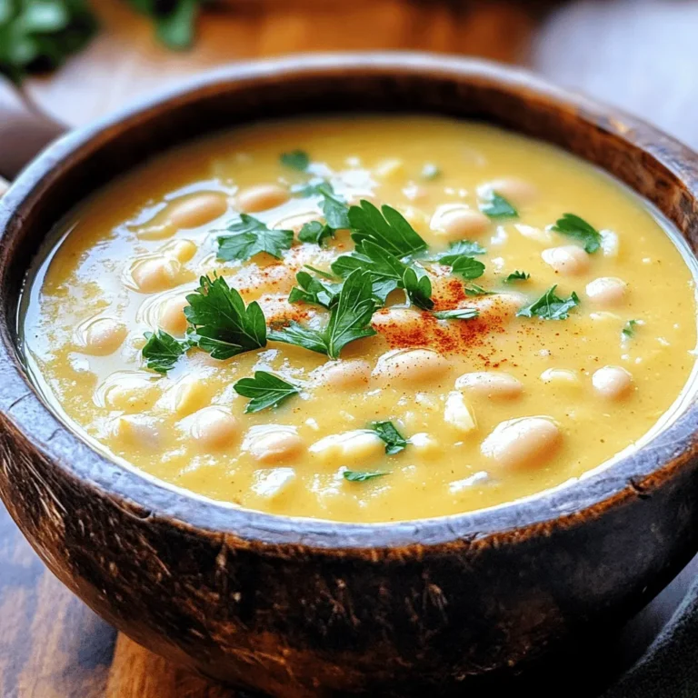 - 2 cans (15 oz each) of white beans (cannellini or great northern), drained and rinsed - 1 medium onion, chopped - 4 cloves garlic, minced - 4 cups vegetable broth - 1 cup coconut milk (or heavy cream for a richer flavor) - 2 tablespoons olive oil - 1 teaspoon dried thyme - 1 teaspoon smoked paprika - Salt and pepper to taste - Fresh parsley, chopped (for garnish) When making creamy garlic white bean soup, you need simple and fresh ingredients. White beans serve as the base. They provide creaminess and protein. I prefer cannellini or great northern beans. Both are soft and smooth. A medium onion adds depth and sweetness to the soup. Garlic brings strong flavor. I use four cloves for a nice kick. Vegetable broth adds rich taste. You can use homemade or store-bought broth. Coconut milk gives the soup its creamy texture. For a richer taste, heavy cream works well too. Olive oil is essential for sautéing the onion and garlic. Dried thyme and smoked paprika add warmth and earthiness. Season with salt and pepper to make the flavors pop. Finally, fresh parsley brightens the dish when you serve it. This soup is easy to make and very satisfying. You can find the full recipe for this dish above. This soup is not only tasty but also healthy. It is high in fiber and protein due to the beans. The coconut milk adds healthy fats. Each serving provides a good balance of nutrients. You can change some ingredients to suit your taste. If you want a different bean, try chickpeas or navy beans. Red onion works well instead of yellow. For a spicy kick, add a pinch of red pepper flakes. If you need a dairy-free option, stick with coconut milk. This soup is flexible and can fit many diets. Start by gathering all your ingredients. You need two cans of white beans, an onion, garlic, vegetable broth, coconut milk, olive oil, dried thyme, smoked paprika, salt, and pepper. Chop the onion into small pieces. Mince the garlic cloves. Drain and rinse the beans well to remove excess sodium. This prep work makes cooking quick and easy. In a large pot, heat the olive oil over medium heat. Once hot, add the chopped onion. Sauté for about five minutes or until the onion turns clear. Next, add the minced garlic. Cook it for two more minutes. This helps to release the garlic’s flavor. Stir in the drained white beans, thyme, smoked paprika, salt, and pepper. Mix everything well to coat the beans in flavor. Now, pour in the vegetable broth. Bring the mixture to a boil. When it starts to boil, lower the heat and let it simmer for 15 to 20 minutes. This time allows the flavors to blend. After simmering, it’s time to blend the soup. I recommend using an immersion blender for this. Blend until the soup is smooth and creamy. If you want some texture, blend just half of the soup. This way, you still have chunks of beans to enjoy. Stir in the coconut milk and heat the soup for another five minutes. Taste it and adjust the seasoning if needed. Serve hot and garnish with fresh parsley. For the full recipe, check out the details above. Enjoy your creamy garlic white bean soup! To make your soup nice and creamy, blend well. I use an immersion blender. This tool lets you puree the soup right in the pot. If you want some texture, blend only half. For extra creaminess, add coconut milk or heavy cream. This makes the soup rich and smooth. Good seasonings can make a big difference. I love using dried thyme and smoked paprika. These give the soup depth and warmth. You can also add a pinch of cayenne for some heat. Don't forget to taste and adjust the salt and pepper. This will bring out all the flavors. Serve your soup hot, topped with fresh parsley. This adds color and a fresh taste. You can pair it with crusty bread or a light salad. For a complete meal, try adding grilled chicken or sautéed greens. Enjoy it with friends or family for a cozy meal. Check out the Full Recipe for more tips! {{image_2}} You can easily add protein to your creamy garlic white bean soup. For a heartier meal, try adding cooked chicken or turkey. Just shred the meat and stir it in during the last few minutes of cooking. If you want a plant-based option, add cooked quinoa or chickpeas. Both will blend well with the creamy texture of the soup without overpowering its flavor. This soup is naturally vegetarian. To make it vegan, simply use coconut milk instead of heavy cream. The coconut milk gives a rich taste and keeps it creamy. You can also add nutritional yeast for a cheesy flavor without dairy. This way, you can enjoy a warm, fulfilling dish that fits your dietary needs. To boost the flavor, try adding fresh herbs like rosemary or basil. They add a nice touch and aroma. You can also play with spices. A pinch of red pepper flakes gives a nice kick. If you love a smoky flavor, add more smoked paprika. For a fresh twist, squeeze a little lemon juice right before serving. These simple changes keep the soup exciting each time you make it. For the full recipe, check out the detailed cooking steps! Store any leftover creamy garlic white bean soup in an airtight container. Make sure it is cool before sealing the lid. You can keep it in the fridge for up to four days. If you want to enjoy it later, storing it properly will keep it fresh. You can freeze this soup for longer storage. Use freezer-safe containers or bags. Leave some space at the top, as the soup will expand when it freezes. The soup can last in the freezer for up to three months. When you're ready to eat it, thaw it in the fridge overnight. To reheat the soup, pour it into a pot over medium heat. Stir it gently as it warms. You can also microwave it in a safe bowl. Heat in short bursts, stirring in between. If the soup seems too thick, add a splash of vegetable broth or water to reach your desired consistency. Enjoy it warm for a cozy meal! For the full recipe, check out the link provided. Creamy garlic white bean soup lasts about 4 to 5 days in the fridge. Keep it in a sealed container. This way, it stays fresh and safe to eat. Always check for any off smells or changes in color before enjoying leftovers. Yes, you can use dried beans. Just soak them overnight before cooking. Use about 1 cup of dried beans for this soup recipe. After soaking, cook them until tender, then follow the recipe as usual. This adds a nice texture and flavor to your soup. You can serve white bean soup with crusty bread or a fresh salad. Grilled cheese sandwiches also pair nicely. For a heartier meal, try a side of roasted vegetables. These sides can bring out the yummy garlic flavor in the soup. Yes, you can make this soup ahead of time. It tastes even better the next day as the flavors blend. Just store it in the fridge after cooking. Reheat it on the stove when ready to serve. Absolutely! This soup is packed with fiber and plant-based protein. White beans are great for your heart. The garlic adds flavor and has health benefits too. It’s a wholesome choice for any meal. Yes, this soup freezes well. Let it cool completely before transferring it to freezer-safe containers. It can last for up to 3 months in the freezer. Just thaw in the fridge overnight and reheat when ready to eat. If you want a kick, add red pepper flakes or hot sauce. Stir in these spicy additions during cooking. This will give your creamy garlic white bean soup a warm, zesty flavor that wakes up your taste buds. For a richer flavor, you can use heavy cream instead of coconut milk. This will give the soup a creamier texture. You can also add more garlic for a stronger taste. Experiment with flavors to find your perfect mix. To make the soup more filling, add diced potatoes or carrots during cooking. You can also stir in cooked grains like quinoa or rice. These options will add bulk and nutrients to your meal. Yes! Fresh parsley adds a nice touch. You can also use croutons or a drizzle of olive oil for extra flavor. Garnishing makes the soup look appealing and adds a bit of crunch. For the full recipe, check out the [Full Recipe]. This blog post covered how to make creamy garlic white bean soup. We went through ingredients, nutritional info, and cooking steps. I shared tips for a creamy texture and flavor must-haves. You learned about serving options and variations too. In summary, this soup is easy and healthy. Feel free to customize it to fit your taste. Enjoy making it for friends, family, or yourself!
