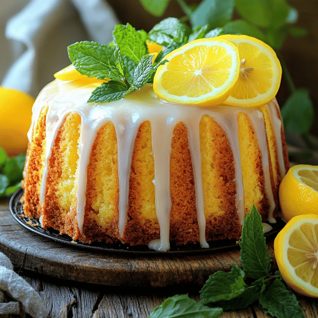 To make this lemon drizzle pound cake, gather the following ingredients: - 1 ½ cups all-purpose flour - 1 teaspoon baking powder - ½ teaspoon baking soda - ¼ teaspoon salt - ½ cup unsalted butter, softened - 1 cup granulated sugar - 2 large eggs - 1 teaspoon vanilla extract - Zest of 2 lemons - ½ cup sour cream - ¼ cup fresh lemon juice - 1 cup powdered sugar (for glaze) - 2 tablespoons fresh lemon juice (for glaze) If you need to make some changes, here are some easy swaps: - For the all-purpose flour, use a gluten-free blend. - Instead of sour cream, plain yogurt works well. - If you want a vegan option, replace eggs with flax eggs. Use 1 tablespoon flaxseed meal mixed with 2.5 tablespoons water per egg. - You can use lemon extract instead of zest for a stronger lemon flavor. To bake this cake, you will need: - A 9x5 inch loaf pan - Electric mixer or whisk - Mixing bowls - Measuring cups and spoons - A wire rack for cooling - Parchment paper (optional for easy removal) These tools will help you create a moist and flavorful lemon drizzle pound cake. You will love how simple it is! For the full recipe, check out the details above. To make the lemon drizzle pound cake, gather all your ingredients first. Having everything ready makes the process smooth. Preheat your oven to 350°F (175°C). Greasing and flouring your loaf pan helps the cake come out easily. You can also line it with parchment paper. 1. In a medium bowl, whisk together the flour, baking powder, baking soda, and salt. 2. In a large bowl, cream together the softened butter and sugar. Use an electric mixer for best results. Mix for about 3 to 4 minutes. 3. Add the eggs one at a time. Mix well after each egg. Stir in the vanilla extract and lemon zest. 4. Gradually add in the flour mix. Alternate with sour cream and fresh lemon juice. Start and end with the flour. Mix until just combined. Don’t overmix; this keeps the cake light. 5. Pour the batter into the prepared loaf pan. Smooth the top with a spatula. 6. Bake for 50 to 60 minutes. Check with a toothpick in the center. It should come out clean. 7. When done, let the cake cool in the pan for 10 minutes. Then move it to a wire rack to cool completely. 8. For the glaze, whisk together the powdered sugar and lemon juice. Make it smooth and nice for drizzling. 9. Once the cake is cool, drizzle the glaze over the top. Watch it cascade down the sides. Stick to the 350°F (175°C) temperature for even baking. The total time from prep to serving is about 1 hour and 15 minutes. This includes 15 minutes of prep and 50 to 60 minutes of baking. Keep an eye on the clock. Remove the cake when a toothpick comes out clean. This timing is key to a moist and flavorful cake. For the best results, follow the full recipe. To keep your lemon drizzle pound cake moist, use sour cream. This adds creaminess and flavor. You can also add lemon juice to the batter. This enhances the lemon taste while keeping the cake tender. Another tip is to not overmix the batter. Overmixing can make the cake dense and dry. Ensure you mix until just combined for the best texture. One common mistake is skipping the butter softening step. Cold butter does not cream well and can lead to a heavy cake. Also, be careful with the baking time. Check your cake with a toothpick around the 50-minute mark. If it comes out wet, give it more time. Lastly, don’t rush the cooling process. Letting the cake cool in the pan first helps it stay moist. To apply the glaze, let the cake cool completely. This prevents the glaze from melting into the cake. Use a whisk to mix the powdered sugar and lemon juice until smooth. Drizzle the glaze over the top, letting it flow down the sides. For a fun look, use a fork to create patterns in the glaze. This makes the presentation pop! Remember, these tips can help you create a moist and flavorful cake. For the full recipe, check out the Lemon Zest Delight Pound Cake. {{image_2}} For a fun twist, try adding blueberries. The sweet and tart berries mix well with lemon. Just fold in one cup of fresh or frozen blueberries into the batter before baking. This addition gives your cake a pop of color and flavor. Each slice becomes a delightful surprise with blueberries in every bite. You can enhance the lemon flavor in many ways. Add a teaspoon of almond extract for a nutty note. You can also mix in poppy seeds for a fun texture. For a tropical flair, try adding shredded coconut. Each of these flavors brings something unique to your lemon drizzle pound cake, making it even more exciting. If you need a gluten-free cake, I recommend using a gluten-free flour blend. Substitute the all-purpose flour with your favorite blend in the same amount. You may also want to add a bit of xanthan gum to help with texture. This way, you can still enjoy a moist and tasty lemon drizzle pound cake that everyone can enjoy. For the full recipe, check out the detailed steps above. To keep your lemon drizzle pound cake fresh, place it in an airtight container. This helps prevent it from drying out. If you wrap it tightly in plastic wrap before placing it in the container, it stays moist longer. Store it at room temperature for up to three days. If you live in a humid area, refrigerate it to avoid spoilage. You can freeze the lemon drizzle pound cake for later use. First, let it cool completely. Then, wrap it in plastic wrap tightly. After that, place the wrapped cake in a freezer-safe bag or container. You can store it in the freezer for up to three months. To enjoy, simply thaw it in the fridge overnight before serving. Lemon drizzle pound cake lasts about three days at room temperature. If stored in the fridge, it remains good for about one week. In the freezer, it can last up to three months without losing flavor. Always check for signs of spoilage, like an off smell or mold, before eating. This way, you can enjoy every bite of your delightful cake! For the full recipe, refer to the earlier sections. You can boost the lemon flavor by adding more lemon juice and zest. Try an extra tablespoon of lemon juice in the batter. You can also use a lemon syrup drizzle before the glaze. This adds a bright, tangy kick. If you love lemon, consider using lemon extract for an extra punch. Yes, you can use unsweetened yogurt in place of sour cream. Yogurt gives moisture and a nice tang. Use the same amount as the sour cream in the recipe. Greek yogurt works well too. It may add a slightly different taste, but it will still be delicious. To check if the cake is done, insert a toothpick into the center. If it comes out clean or with a few crumbs, your cake is ready. The edges should pull away slightly from the pan. If it still has wet batter, bake for a few more minutes. Keep a close eye on it to avoid overbaking. For the full recipe, check out the Lemon Zest Delight Pound Cake section. This blog post covered key steps for making a delicious pound cake. We discussed the ingredients, substitutes, and special tools you'll need. I shared clear, easy instructions and tips to avoid mistakes. You can even explore fun variations and clever storage methods. Remember, baking is fun and allows for creativity. Don't hesitate to try new flavors and enjoy each bite. Happy baking!