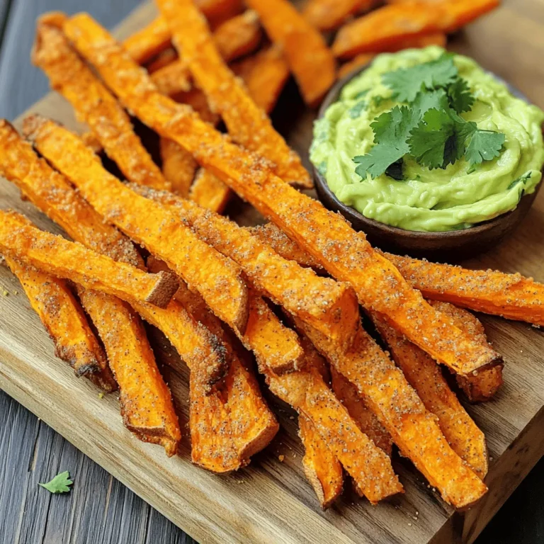 - 2 large sweet potatoes, peeled and cut into thin fries - 2 tablespoons olive oil - 1 teaspoon paprika - 1 teaspoon garlic powder - ½ teaspoon cayenne pepper (optional for heat) - Salt and pepper to taste - 1 ripe avocado - 2 tablespoons Greek yogurt - 1 tablespoon lime juice - 1 small clove garlic, minced - Fresh cilantro for garnish To make sweet potato fries, you need a few simple items. Start with large sweet potatoes. They bring a nice sweetness and vibrant color. Olive oil helps achieve a crispy texture. Spices like paprika and garlic powder add flavor. If you like heat, cayenne pepper is optional. For the avocado dip, grab a ripe avocado. It should feel soft when you press it gently. Greek yogurt makes the dip creamy and adds protein. Lime juice gives it a zesty kick. A small clove of garlic adds depth to the flavor. Finally, fresh cilantro can brighten your dish. With these ingredients, you can create a tasty snack or side dish. The flavors mix well and complement each other perfectly. If you want to see the complete recipe, check out the Full Recipe section. First, I preheat the oven to 425°F (220°C). This step is key for crispy fries. Next, I line a baking sheet with parchment paper. It helps the fries not stick. Now, I take 2 large sweet potatoes. I peel them and cut them into thin fries. Aim for about 1/4-inch thick. This size ensures even cooking. In a large bowl, I mix the fries with olive oil, paprika, garlic powder, cayenne pepper, salt, and pepper. I toss everything together until the fries are well coated. This blend adds a tasty kick. I spread the fries out in a single layer on the baking sheet. This step keeps them from steaming. I bake the fries for about 25-30 minutes. Halfway through, I flip them for even cooking. They should turn golden and crispy. To achieve optimal crispiness, I avoid overcrowding the baking sheet. If fries touch, they won’t crisp up. While the fries bake, I make the avocado dip. I grab a ripe avocado and mash it in a small bowl. I aim for a smooth texture. Next, I add Greek yogurt, lime juice, minced garlic, salt, and pepper to the mashed avocado. I stir everything until creamy. This dip adds a fresh flavor. For tips, I suggest adjusting the garlic to your liking. You want a balance of flavors that complements the fries. Once the fries are done, I serve them hot with the avocado dip. The combination is simply delightful! For the complete recipe, check out the [Full Recipe]. To get crispy sweet potato fries, you must not overcrowd the baking sheet. When fries sit on top of each other, they steam instead of bake. This makes them soggy, not crispy. Spread them out in a single layer with space in between. Cooking times can vary. Most ovens will take about 25 to 30 minutes at 425°F (220°C). Check them halfway through and flip for even cooking. If your oven runs hot or cold, adjust the time as needed. Adding spices can make your sweet potato fries pop. Try sprinkling on some cinnamon or chili powder for a tasty twist. You can also toss in some fresh herbs like rosemary or thyme. Looking for toppings? Grated parmesan cheese or crumbled feta can add great flavor. A drizzle of balsamic glaze or hot sauce can also elevate the dish. You can prep your sweet potato fries in advance. Cut and season them, then store them in the fridge for up to 24 hours. When ready, bake them straight from the fridge; just add a few extra minutes to the cooking time. For serving, consider a fun presentation. Use a large platter with the fries piled high. Place the avocado dip in a bowl in the center, garnished with fresh cilantro. It makes a great visual and invites everyone to dig in. For the full recipe, check out the link provided. {{image_2}} You can make your sweet potato fries spicy by adding heat. Use chili powder for a smoky kick. You can also try cayenne pepper for a fiery burst. If you prefer a wet heat, drizzle hot sauce on the fries before baking. This will give them a zesty flavor. Mix and match these spices to find your perfect heat level. While the avocado dip is creamy and tasty, you can explore other options. A yogurt-based dip adds a tangy twist and pairs well with fries. Try mixing Greek yogurt with herbs like dill or mint for a fresh taste. Tahini also makes a great dip. It brings a nutty flavor that complements sweet potatoes nicely. Sweet potatoes are not alone! You can mix them with other veggies for a colorful twist. Try adding carrot or zucchini fries to the mix. This not only adds flavor but also boosts nutrition. Cut them into similar sizes to ensure even cooking. This way, you get a rainbow of flavors and textures on your plate. For the full recipe, check out the details above. Enjoy your delicious and fun variations! Sweet potato fries can stay fresh in the fridge for up to three days. To store them, place the fries in an airtight container. This keeps them from getting soggy and helps maintain flavor. Always let the fries cool completely before sealing them. This prevents steam buildup, which can make them mushy. To reheat sweet potato fries and keep them crispy, use an oven or an air fryer. Preheat your oven to 400°F (200°C). Spread the fries on a baking sheet in a single layer. Bake for about 10 minutes or until heated through. If using an air fryer, set it to 350°F (175°C) and cook for about 5-7 minutes. Avoid using a microwave, as it makes fries soft and chewy. To freeze sweet potato fries, first, bake them as you would for the recipe. Allow them to cool completely. Then, spread the fries in a single layer on a baking sheet and freeze for about an hour. Once frozen, transfer the fries to a freezer bag. Seal it tightly, removing as much air as possible. When you want to enjoy them, reheat straight from the freezer. Bake at 425°F (220°C) for 25-30 minutes, flipping halfway through. This method keeps them tasty and crisp. For the full recipe, check out the link provided. Yes, you can use orange sweet potatoes. They are similar to yellow sweet potatoes but have a sweeter flavor. Orange sweet potatoes, like the Beauregard variety, are rich in beta-carotene. This gives them a vibrant color and a slightly different taste. You can use them in the same way as regular sweet potatoes. Just peel them, cut them into fries, and season as usual. To boost the flavor of your fries, try adding extra seasonings. Consider these options: - Cumin for a warm, earthy taste. - Chili powder for a spicy kick. - Dried rosemary for a savory note. - Parmesan cheese for a rich, cheesy flavor. Experiment with combinations to find your perfect mix! If you don’t have Greek yogurt, there are great substitutes for the avocado dip. You can use: - Sour cream for a tangy taste. - Plain yogurt if you want a lighter option. - Cottage cheese for added protein and creaminess. These alternatives will keep your dip creamy and delicious. For the complete recipe on how to make sweet potato fries with avocado dip, visit the [Full Recipe](#). In this post, we explored how to make crispy sweet potato fries and a tasty avocado dip. We discussed key ingredients, step-by-step instructions, helpful tips, and variations to enhance your dish. You can adapt the flavors to your taste by using different spices or dips. Making these fries at home is easy and fun. Remember, proper storage and reheating keep them crispy. Enjoy your cooking adventure with sweet potatoes and make each serving special!