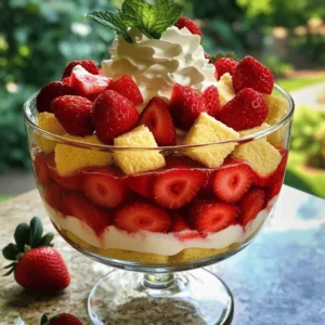- 2 cups fresh strawberries - 1/4 cup granulated sugar - 1 teaspoon vanilla extract - 2 cups whipped cream - 1 pound pound cake - 1 cup vanilla pudding - Mint leaves for garnish Fresh strawberries are the star of this dish. Choose ripe, sweet ones for the best flavor. The sugar helps draw out their juices, creating a tasty syrup. Vanilla extract adds depth to the whipped cream and pudding, enhancing the overall taste. I like to use a pound cake for its light, soft texture. You can buy it or make it from scratch. Vanilla pudding adds creaminess and richness to the layers. Finally, mint leaves add a pop of color and a refreshing touch on top. - Flavor variations for whipped cream - Additional fruits to mix in - Alternative cake options You can personalize your trifle with various options. For whipped cream, try adding lemon zest or almond extract for a new twist. Mix in more fruits like blueberries or raspberries for added flavor and color. If you want to change the cake, you could use angel food cake or sponge cake. Both options keep the dessert light and airy. Feel free to play with flavors and textures to make your own unique trifle. For the full recipe, check the earlier section. First, toss 2 cups of sliced strawberries with 1/4 cup of granulated sugar. This simple step helps bring out their sweet flavor. Let them sit for about 15 minutes. This process is called macerating. As the strawberries sit, they release their juices. These juices will add moisture and sweetness to your trifle. Grab your trifle dish or a large glass bowl. Start by layering the ingredients. Place cubes of pound cake at the bottom. Next, drizzle some of the strawberry juice over the cake. This makes the cake soft and tasty. Now, spread a layer of vanilla pudding over the soaked cake. Add the macerated strawberries on top. Make sure to distribute them evenly. Spoon a layer of whipped cream over the strawberries. Smooth it out gently. Repeat these layers until your dish is full. Finish with one last layer of whipped cream. To make your trifle look pretty, garnish the top. Place a few whole strawberries and some fresh mint leaves on the whipped cream. This adds a pop of color. Chill your trifle in the fridge for at least 1 hour. This helps the flavors blend together. For a fun twist, serve it in individual glass cups. It makes for a charming presentation. Enjoy your Strawberry Shortcake Trifle Delightful Summer Treat! For a stunning trifle, focus on layering. Start with a layer of pound cake cubes. Soak them with the juice from the strawberries. This adds flavor and keeps the cake moist. Next, pour a layer of vanilla pudding. It should be smooth but not too runny. If your pudding is too thick, add a splash of milk. This will help it spread easily. After pudding, add the strawberries. Place them evenly for a nice look. Finally, top with whipped cream. A gentle swirl makes it pretty. Repeat these steps until you fill your dish. End with whipped cream on top for a lovely finish. You can save time by using store-bought items. Grab pre-made vanilla pudding and whipped cream. This cuts down on prep time. You can also use ready-made pound cake. Just cube it, and you are set. If you're in a rush, layer ingredients in jars. This is fast and fun for serving. You can make individual servings quickly. Plus, it looks great at parties! Even with shortcuts, your trifle will taste amazing. You can still enjoy the full flavors of the Strawberry Shortcake Trifle with these easy steps. For the full recipe, check out the details above. {{image_2}} You can switch up the classic Strawberry Shortcake Trifle in fun ways. One tasty option is the Chocolate Strawberry Shortcake Trifle. Use chocolate cake instead of pound cake. Layer it with strawberries and chocolate pudding. Top it all with whipped cream. This twist adds rich flavors and a fun look. Another great choice is a lemon-infused variation. Substitute lemon pudding for vanilla pudding. You can also add lemon zest to the whipped cream. This will give the trifle a bright, zesty taste. It complements the strawberries nicely. You’ll have a refreshing treat perfect for hot days. If you need gluten-free options, use gluten-free cake. You can find mixes in stores or make your own. Just make sure the other ingredients are also gluten-free. This way, everyone can enjoy this dessert. For vegan adaptations, swap the whipped cream with a plant-based version. Use coconut cream or almond whipped cream. Replace the pudding with a vegan version too. You can make it with silken tofu and a bit of sweetener. These changes keep the trifle tasty while meeting dietary needs. For the full recipe, click here: [Full Recipe]. To store leftovers, cover the trifle with plastic wrap. Make sure it fits tightly to keep air out. You can also use a lid if your dish has one. This keeps the trifle fresh and tasty. The shelf life of the trifle is about 2-3 days in the fridge. After that, the layers may start to blend together. The strawberries can lose their texture, too. Always check for freshness before you dig in. If you want to refresh the trifle before serving, here are some tips. First, scoop out the top layer and set it aside. This lets you see if the layers need some help. Add fresh whipped cream to the top for a light touch. You can also add more sliced strawberries to make it look pretty. If the cake is too soft, consider adding a new layer of pound cake. This can help restore some of the texture and taste. Enjoy your delightful summer treat! Can I use frozen strawberries? Yes, you can use frozen strawberries. Thaw them first and drain any extra juice. This way, they still add great flavor to your trifle. How do I make it ahead of time? You can make your trifle a day before you serve it. Just layer everything and cover it well. Chill it in the fridge overnight. This helps the flavors mix nicely. What can I substitute for pound cake? If you don’t have pound cake, you can use angel food cake or sponge cake. Both options keep the trifle light and fluffy. You can also use cookies for a fun twist. For the full recipe, check the earlier section. Enjoy your delicious strawberry shortcake trifle! In this post, we covered how to make a delicious strawberry shortcake trifle. I shared the key ingredients, like fresh strawberries, whipped cream, and pound cake. You learned step-by-step instructions for preparation, assembly, and presentation. Tips helped you perfect your trifle and save time. Remember to explore flavor variations and dietary options. The trifle is easy to store and refresh, ensuring you enjoy every bite. Now, it's time to create your own tasty masterpiece!