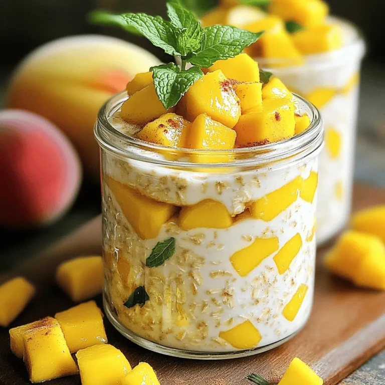 To create a tasty bowl of peach mango overnight oats, you need fresh and simple ingredients. Here is what you will need: - 1 cup rolled oats - 1 cup almond milk (or any milk of choice) - 1 ripe peach, diced - 1 ripe mango, diced - 1 tablespoon chia seeds - 1 tablespoon honey or maple syrup (to taste) - 1/2 teaspoon vanilla extract - 1/2 teaspoon cinnamon - Fresh mint leaves for garnish (optional) These ingredients work well together. The oats soak up the milk and flavors overnight. The fruit adds sweetness and a burst of flavor. You can use any milk you like. Almond milk is a great choice for a nutty taste. Make sure to choose ripe fruit for the best taste. The peach and mango should be soft but not mushy. This adds a nice texture to your oats. Chia seeds give a nice crunch and help thicken the mixture. Feel free to adjust the honey or maple syrup to match your taste. If you prefer it sweeter, add a bit more. The vanilla and cinnamon enhance the overall flavor. You can find the full recipe [here](#). Now that you have all your ingredients ready, you can start making this delightful breakfast! To start, you need to combine the rolled oats and milk in a mixing bowl. I like using almond milk for a nice flavor, but any milk works well. Then, add chia seeds, honey or maple syrup, vanilla extract, and cinnamon. Stir everything together until it's mixed well. Next, gently fold in the diced peach and mango. This adds a sweet, fruity touch to your oats. After mixing, divide the oat mixture into two airtight jars. Make sure to seal them tightly. Place the jars in the refrigerator. Let them chill overnight. This allows the oats to soak up the liquid and soften perfectly. When you’re ready to dig in, stir the oats well. This mixes all the flavors again. You can top your oats with extra diced peach and mango if you like. A sprinkle of fresh mint leaves adds a lovely touch. Enjoy this tasty breakfast delight! For more details, check the Full Recipe. For Peach Mango Overnight Oats, I recommend using rolled oats. Rolled oats are thick and chewy, making them perfect for soaking. Quick oats cook faster but can turn mushy. Instant oats lack texture and flavor. Rolled oats soak well overnight and stay firm. They absorb the milk and flavors, giving you a tasty dish in the morning. You can make your oats even more fun! Try adding nuts or seeds for a crunch. Almonds, walnuts, or sunflower seeds work great. You can also mix in different fruits. Berries, bananas, or even pineapple can add a twist. Get creative! Each new fruit brings a different taste and texture. Taste your oats before serving. You can adjust the sweetness easily. If you like it sweeter, add more honey or maple syrup. If you want a healthy option, try mashed banana or apple sauce. These natural sweeteners add flavor without refined sugar. Enjoy finding the right balance for your taste! {{image_2}} You can add a fun twist to your Peach Mango Overnight Oats. Try using coconut milk instead of almond milk. This change adds a creamy texture and tropical flavor. You might also sprinkle in some shredded coconut. This gives a nice crunch and enhances the coconut taste. Together, these ingredients create a refreshing and vibrant breakfast. Want to start your day with more protein? You can easily boost the protein in your overnight oats. Just mix in some Greek yogurt. It makes the oats creamy while adding extra protein. If you want, you can also stir in protein powder. This way, you’ll have a filling meal that keeps you energized all morning. You can switch up the fruits based on what’s in season. If peaches and mangoes aren’t available, use strawberries or blueberries. You can even mix in apples or bananas. Each fruit brings its own flavor and texture. This keeps your overnight oats fresh and exciting all year round. For the full recipe, check out the Peach Mango Paradise Overnight Oats. You can store the peach mango overnight oats in the fridge for up to five days. If the oats change color or smell sour, it’s time to toss them. Keep an eye on any liquid separation; this is normal but may signal it's nearing spoilage. Yes, you can freeze overnight oats! Use freezer-safe containers to avoid freezer burn. When ready to eat, thaw them overnight in the fridge or use the microwave. Remember, the texture may change slightly after freezing. To prep for the week, make several jars at once. Use small, airtight containers for easy storage. Aim for one jar per serving to keep portion sizes just right. This can save you time on busy mornings and keep breakfast exciting! You can use instant oats, but I prefer rolled oats. Rolled oats absorb liquid well and maintain a nice texture. Instant oats get mushy too quickly. If you choose instant oats, reduce the soaking time. They can still work, but the result may differ. You can store overnight oats for up to five days. Keep them in an airtight container in the fridge. I recommend eating them within three days for the best taste and texture. Always check for any signs of spoilage before enjoying. Yes, you can easily make this recipe vegan. Use plant-based milk like almond, soy, or oat milk. For sweeteners, maple syrup works great. Coconut sugar can also be a nice choice. Just pick what suits your taste best. Peach Mango Overnight Oats are simple and delicious. We covered how to prepare them using oats, almond milk, and fresh fruit. Remember to customize the flavors and adjust the sweetness to suit your taste. Store your oats properly for the best results, whether in the fridge or freezer. Try different fruits for seasonal variations. Enjoy a tasty and healthy breakfast packed with nutrients!