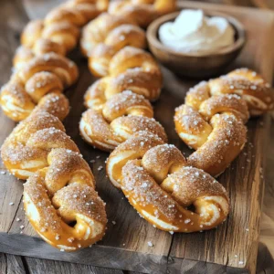 - 1 ½ cups warm water (110°F to 115°F) - 2 tablespoons granulated sugar - 1 packet (2 ¼ teaspoons) active dry yeast - 4 cups all-purpose flour - 1 teaspoon kosher salt - ½ cup baking soda - 1 large egg (for egg wash) - ½ cup granulated sugar (for coating) - 2 tablespoons ground cinnamon - Coarse sea salt for sprinkling For our cinnamon sugar pretzel twists, we start with warm water. This helps activate the yeast. The sugar feeds the yeast, making it rise. You need active dry yeast to create that fluffy texture. All-purpose flour makes up the bulk of the dough. The kosher salt enhances the flavor. Next, we add baking soda. This gives our pretzels that classic chewy bite. The large egg is crucial for the egg wash. It gives the pretzels a shiny, golden finish. The granulated sugar and ground cinnamon mix together for that sweet topping. Finally, sprinkle coarse sea salt on top for a nice contrast. - Flour Alternatives: You can use whole wheat flour for a nuttier taste. Gluten-free flour works too, but it may change the texture. - Vegan Egg Wash: Use a mixture of almond milk and maple syrup instead of egg. It gives a nice color while keeping it vegan. - Healthier Sugar Options: Try coconut sugar or a sugar substitute for a lower-calorie option. Just remember, it may alter the taste slightly. With these ingredients, you can create a delightful treat that everyone will love! Check out the Full Recipe for more details on how to make these pretzel twists. To start, we need to activate the yeast. In a mixing bowl, combine 1 ½ cups of warm water (110°F to 115°F) and 2 tablespoons of granulated sugar. Sprinkle in 1 packet of active dry yeast. Let it sit for about 5-10 minutes until it looks frothy. This step is crucial. It wakes up the yeast and gets it ready to help our dough rise. Next, we prepare the dough. In a large bowl, mix 4 cups of all-purpose flour and 1 teaspoon of kosher salt. Gradually add the frothy yeast mixture. Stir until a dough forms. Then, knead the dough on a lightly floured surface for about 5-7 minutes. You want it to be smooth and elastic. If the dough is too sticky, add a little more flour. Once it feels right, place it in a greased bowl. Cover it and let it rise for about 1 hour, or until it doubles in size. Now for the fun part—shaping the pretzels! After the dough has risen, punch it down gently. Divide the dough into 8 equal pieces. Roll each piece into a long rope, about 24 inches long. To shape, twist the rope into a pretzel form. Pinch the ends together to secure the shape. Place the shaped pretzels on a prepared baking sheet. Boiling the pretzels is next. This step is key for a chewy texture. In a large pot, bring 10 cups of water and ½ cup of baking soda to a boil. Carefully add each pretzel to the boiling water. Boil each one for 30 seconds. Use a slotted spoon to remove them and place them back on the baking sheet. For baking, preheat your oven to 425°F (220°C). Brush each pretzel with a beaten egg for a shiny finish. In a small bowl, mix ½ cup of granulated sugar with 2 tablespoons of ground cinnamon. Sprinkle this mix generously over each pretzel. Then, add a pinch of coarse sea salt for extra flavor. Bake the pretzels for 12-15 minutes. Keep an eye on them. You want them to turn golden-brown. When they are done, let them cool slightly before serving. Enjoy your warm, delicious cinnamon sugar pretzel twists! For the complete steps, check out the Full Recipe. You can make your pretzels even better by adding a few extras. Try mixing in some vanilla for a sweet touch. A pinch of nutmeg can also add warmth and spice. For the best cinnamon-sugar coating, use fresh cinnamon. Mix the sugar and cinnamon well before sprinkling. Make sure to coat each pretzel evenly. This step really boosts the flavor and makes each bite special. Having the right tools helps make great pretzels. You’ll need a mixing bowl and a large pot for boiling. A sturdy rolling pin helps shape the dough into ropes. Use a baking sheet lined with parchment paper to prevent sticking. A pastry brush is handy for applying the egg wash. These tools will make your pretzel-making experience easier and more fun. Sometimes, things can go wrong. If your pretzels don’t rise, check your yeast. It needs warmth to activate. If the dough feels too sticky, add a bit more flour while kneading. For a dry dough, mix in a little water until it feels smooth. These tips will help you fix any dough problems and get those pretzels just right. For more detailed steps, check out the [Full Recipe]. {{image_2}} Creating different versions of cinnamon sugar pretzel twists can be fun and tasty. Here are some ideas to try. - Cheese-stuffed pretzel twists: For a cheesy treat, roll some cheese into your dough. Use mozzarella or cheddar for a gooey middle. Bake as usual, and enjoy the surprise inside. - Herb-infused pretzel dough: Mix herbs like rosemary or thyme into your dough. This adds a lovely flavor. It pairs well with soups or salads, making it a great snack. - Drizzling with chocolate or icing: After baking, drizzle melted chocolate over the pretzels. You can also use icing for a sweeter touch. This makes them extra special for dessert. - Incorporating nuts or dried fruits: Add chopped nuts like pecans or walnuts for crunch. Dried fruits like raisins or cranberries add sweetness. Mix them into the dough before shaping your pretzels. - Pumpkin spice variation for fall: Add pumpkin spice to your dough for a cozy fall flavor. This makes your pretzels perfect for autumn gatherings. - Peppermint twist for the holidays: Use peppermint extract in your dough for a festive touch. Top with crushed candy canes after baking for a holiday treat. Explore these variations to find your favorite twist on this classic snack! For the full recipe, check out the linked section. To keep your pretzel twists fresh, store them in an airtight container. This helps prevent them from getting stale. You can use a plastic or glass container with a tight lid. Make sure to place them in a cool, dry spot. If you have a lot of leftovers, consider separating layers with parchment paper. This keeps them from sticking together. When you want to enjoy your pretzels again, reheating properly is key. To keep their soft texture, use the oven. Preheat it to 350°F (175°C). Place pretzels on a baking sheet and cover them lightly with foil. Heat for about 10 minutes. If you prefer the microwave, use a damp paper towel. Heat each pretzel for about 15-20 seconds. This helps keep them soft, but they may not be as crispy. Freezing your pretzels is easy and a great way to save them. First, let the pretzels cool completely. Then, wrap each one in plastic wrap. After wrapping, place them in a freezer bag. Remove as much air as possible. They can last up to three months in the freezer. To thaw, take them out and let them sit at room temperature. For reheating, follow the same oven instructions. Enjoy your delicious snack just like fresh with no fuss! Yes, you can use instant yeast. It works faster than active dry yeast. You can use the same amount. Just mix it directly with the flour. No need to proof it in water first. These pretzel twists stay fresh for about 2 to 3 days at room temperature. Store them in an airtight container. To keep them even longer, you can freeze them. They last up to 3 months in the freezer. Serve these pretzels warm for the best taste. They pair well with cream cheese frosting or caramel sauce. You can also enjoy them with a hot cup of cocoa or coffee. Yes, you can make pretzels ahead of time. Prepare them up to the boiling step. After boiling, let them cool, then store in the fridge for up to 24 hours. Bake them fresh before serving. For the full recipe, check out the Cinnamon Sugar Pretzel Twists [Full Recipe]. 🥨 Making cinnamon sugar pretzel twists is fun and rewarding. We covered all the key steps, from ingredients to techniques. Remember to activate your yeast properly and shape each pretzel with care. Adjust flavors to your liking, whether you prefer sweet, savory, or seasonal twists. Store leftovers well to maintain freshness, and use our tips to reheat them later. By following this guide, you'll create tasty pretzel twists that everyone will enjoy. Get ready to impress your friends and family with this delightful treat!