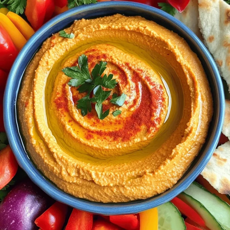 When making roasted red pepper hummus, you need fresh and simple ingredients. Here’s what you will need: - 1 can (15 oz) chickpeas, drained and rinsed - 1 large roasted red pepper, peeled and chopped - 2 tablespoons tahini - 2 tablespoons lemon juice - 2 cloves garlic, minced - 1 teaspoon ground cumin - 2 tablespoons olive oil - Salt to taste - Paprika and fresh parsley for garnish Each ingredient plays a vital role. The chickpeas are the base, providing creaminess and protein. The roasted red pepper adds a sweet, smoky flavor. Tahini brings richness, while lemon juice adds brightness. Garlic gives a nice kick, and cumin adds warmth. Olive oil enhances the texture and taste. Finally, salt brings all the flavors together. For the best results, use high-quality, fresh ingredients. Freshness truly makes a difference in flavor. If you want to dive deeper into the cooking process, check out the Full Recipe for guidance. - Step 1: Combine ingredients in a food processor. Add the chickpeas, roasted red pepper, tahini, lemon juice, minced garlic, and ground cumin. This mix gives the hummus its rich taste. - Step 2: Process until smooth. Blend the mixture well. Stop to scrape down the sides if needed. You want a creamy texture. - Step 3: Drizzle in olive oil. With the processor running, slowly pour in the olive oil. This step makes the hummus richer and smoother. - Step 4: Adjust seasoning with salt. Taste the hummus and add salt according to your liking. A little salt brings out all the flavors. - Step 5: Create a swirl and garnish. Scoop the hummus into a bowl. Use a spoon to make a swirl on top. Sprinkle paprika and fresh parsley for a nice finish. This simple method makes a delicious roasted red pepper hummus. You can enjoy it with the full recipe for more details. To make your hummus shine, play with the spices. A little more cumin can boost the taste. Fresh ingredients make a big difference, so use ripe peppers and fresh garlic. I also love to drizzle olive oil on top. It adds richness and makes the dip look fancy. Serve your hummus with fresh veggies like carrots and cucumbers. Pita bread and crackers work great, too! For a beautiful presentation, use colorful plates. A bright plate can make your dip even more inviting. If you want more ideas, check the Full Recipe for extra tips. {{image_2}} You can make your roasted red pepper hummus more exciting with a few simple changes. Try adding roasted garlic for a sweet and rich taste. If you want some heat, mix in a jalapeño. This will bring a nice kick to your dip. Fresh herbs like cilantro or basil can also add a burst of flavor. Just chop them finely and blend them in. These tweaks can elevate your hummus and keep it fresh every time you make it. This hummus is vegan-friendly and gluten-free, making it a great choice for many diets. If you need a nut-free version, you can leave out the tahini. Use extra olive oil or a bit of yogurt for creaminess instead. This way, you still get that rich texture without the nuts. You can easily adapt this recipe to fit your needs while keeping it delicious. Store your roasted red pepper hummus in an airtight container. This keeps it fresh and tasty. Place it in the fridge right after making it. It should last about five days in the fridge. If you want to keep it longer, consider freezing it. Hummus can stay good for up to three months in the freezer. When you’re ready to eat it, just thaw it overnight in the fridge. Leftover hummus can be a fun ingredient. You can spread it on sandwiches or wraps. It makes a great layer in veggie burgers. Try mixing it into pasta for extra flavor. You can also use it as a dip with chips or veggies. The options are endless, so let your creativity shine! How long does roasted red pepper hummus last in the fridge? Roasted red pepper hummus lasts about five to seven days in the fridge. Store it in an airtight container. This keeps it fresh and tasty. Can I make this hummus ahead of time? Yes, you can make this hummus ahead of time. Making it a day in advance lets the flavors blend well. Just store it in the fridge until you need it. What's the best way to make hummus creamier? To make hummus creamier, add more olive oil. You can also add a bit of water. Blend it well until you reach the desired texture. Is homemade hummus better than store-bought? Homemade hummus is often fresher and tastier than store-bought. You can control the ingredients and flavors. Plus, it’s free from preservatives. Chickpeas are full of health benefits. They are a great source of protein and fiber. Eating chickpeas can help with digestion and may lower cholesterol. They also provide essential vitamins and minerals, making them a smart choice. For each serving of roasted red pepper hummus, you get about: - 100 calories - 4 grams protein - 6 grams fat - 12 grams carbohydrates - 3 grams fiber This makes hummus a healthy dip option. Plus, it’s tasty and satisfying! You can enjoy it guilt-free. You now have a clear guide to making delicious roasted red pepper hummus. We covered the key ingredients, step-by-step instructions, tips for flavor, and ways to store and use leftovers. This hummus is simple and packed with flavor. You can adapt the recipe to fit your diet or taste. Enjoy sharing it with friends or using it in meals. Homemade hummus is fresher and healthier than store-bought. Your taste buds will thank you!