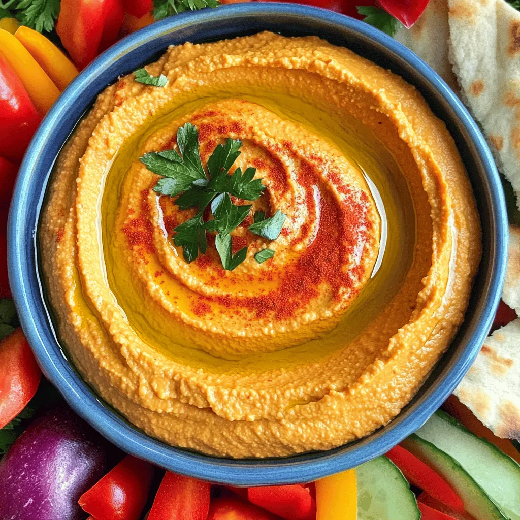 When making roasted red pepper hummus, you need fresh and simple ingredients. Here’s what you will need: - 1 can (15 oz) chickpeas, drained and rinsed - 1 large roasted red pepper, peeled and chopped - 2 tablespoons tahini - 2 tablespoons lemon juice - 2 cloves garlic, minced - 1 teaspoon ground cumin - 2 tablespoons olive oil - Salt to taste - Paprika and fresh parsley for garnish Each ingredient plays a vital role. The chickpeas are the base, providing creaminess and protein. The roasted red pepper adds a sweet, smoky flavor. Tahini brings richness, while lemon juice adds brightness. Garlic gives a nice kick, and cumin adds warmth. Olive oil enhances the texture and taste. Finally, salt brings all the flavors together. For the best results, use high-quality, fresh ingredients. Freshness truly makes a difference in flavor. If you want to dive deeper into the cooking process, check out the Full Recipe for guidance. - Step 1: Combine ingredients in a food processor. Add the chickpeas, roasted red pepper, tahini, lemon juice, minced garlic, and ground cumin. This mix gives the hummus its rich taste. - Step 2: Process until smooth. Blend the mixture well. Stop to scrape down the sides if needed. You want a creamy texture. - Step 3: Drizzle in olive oil. With the processor running, slowly pour in the olive oil. This step makes the hummus richer and smoother. - Step 4: Adjust seasoning with salt. Taste the hummus and add salt according to your liking. A little salt brings out all the flavors. - Step 5: Create a swirl and garnish. Scoop the hummus into a bowl. Use a spoon to make a swirl on top. Sprinkle paprika and fresh parsley for a nice finish. This simple method makes a delicious roasted red pepper hummus. You can enjoy it with the full recipe for more details. To make your hummus shine, play with the spices. A little more cumin can boost the taste. Fresh ingredients make a big difference, so use ripe peppers and fresh garlic. I also love to drizzle olive oil on top. It adds richness and makes the dip look fancy. Serve your hummus with fresh veggies like carrots and cucumbers. Pita bread and crackers work great, too! For a beautiful presentation, use colorful plates. A bright plate can make your dip even more inviting. If you want more ideas, check the Full Recipe for extra tips. {{image_2}} You can make your roasted red pepper hummus more exciting with a few simple changes. Try adding roasted garlic for a sweet and rich taste. If you want some heat, mix in a jalapeño. This will bring a nice kick to your dip. Fresh herbs like cilantro or basil can also add a burst of flavor. Just chop them finely and blend them in. These tweaks can elevate your hummus and keep it fresh every time you make it. This hummus is vegan-friendly and gluten-free, making it a great choice for many diets. If you need a nut-free version, you can leave out the tahini. Use extra olive oil or a bit of yogurt for creaminess instead. This way, you still get that rich texture without the nuts. You can easily adapt this recipe to fit your needs while keeping it delicious. Store your roasted red pepper hummus in an airtight container. This keeps it fresh and tasty. Place it in the fridge right after making it. It should last about five days in the fridge. If you want to keep it longer, consider freezing it. Hummus can stay good for up to three months in the freezer. When you’re ready to eat it, just thaw it overnight in the fridge. Leftover hummus can be a fun ingredient. You can spread it on sandwiches or wraps. It makes a great layer in veggie burgers. Try mixing it into pasta for extra flavor. You can also use it as a dip with chips or veggies. The options are endless, so let your creativity shine! How long does roasted red pepper hummus last in the fridge? Roasted red pepper hummus lasts about five to seven days in the fridge. Store it in an airtight container. This keeps it fresh and tasty. Can I make this hummus ahead of time? Yes, you can make this hummus ahead of time. Making it a day in advance lets the flavors blend well. Just store it in the fridge until you need it. What's the best way to make hummus creamier? To make hummus creamier, add more olive oil. You can also add a bit of water. Blend it well until you reach the desired texture. Is homemade hummus better than store-bought? Homemade hummus is often fresher and tastier than store-bought. You can control the ingredients and flavors. Plus, it’s free from preservatives. Chickpeas are full of health benefits. They are a great source of protein and fiber. Eating chickpeas can help with digestion and may lower cholesterol. They also provide essential vitamins and minerals, making them a smart choice. For each serving of roasted red pepper hummus, you get about: - 100 calories - 4 grams protein - 6 grams fat - 12 grams carbohydrates - 3 grams fiber This makes hummus a healthy dip option. Plus, it’s tasty and satisfying! You can enjoy it guilt-free. You now have a clear guide to making delicious roasted red pepper hummus. We covered the key ingredients, step-by-step instructions, tips for flavor, and ways to store and use leftovers. This hummus is simple and packed with flavor. You can adapt the recipe to fit your diet or taste. Enjoy sharing it with friends or using it in meals. Homemade hummus is fresher and healthier than store-bought. Your taste buds will thank you!