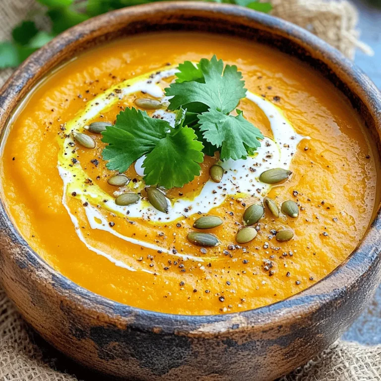 - 2 pounds pumpkin, peeled and diced - 1 large onion, chopped - 3 cloves garlic, minced - 2 tablespoons olive oil - 4 cups vegetable broth - 1 teaspoon ground cumin - 1 teaspoon ground ginger - ½ teaspoon nutmeg - Salt and pepper to taste - ½ cup coconut cream (or heavy cream) - Fresh cilantro or parsley for garnish - Toasted pumpkin seeds for topping You can swap coconut cream for heavy cream if you want a richer taste. For a dairy-free option, use almond or cashew cream. You can also change herbs and spices. Try thyme or rosemary for a different flavor. Add chili powder for some heat. Peeling and dicing pumpkin can be tricky. Use a sharp knife and a sturdy cutting board. Cut the pumpkin in half to scoop out the seeds. Then, slice it into smaller pieces for easy peeling. For onions, slice off the ends and cut them in half. Chop from the top down for even pieces. For garlic, press each clove with the flat side of your knife. This makes it easy to peel and mince. The right prep makes cooking simple. Enjoy the process and have fun! 1. Preheat your oven to 400°F (200°C). This step is key for even cooking. 2. In a large bowl, toss the diced pumpkin, chopped onion, and minced garlic with olive oil. Make sure everything gets well coated. This adds flavor and helps with roasting. 1. Spread the vegetable mixture evenly on a baking sheet. Ensure there’s space between pieces for even heat. 2. Roast in the oven for about 25-30 minutes. Look for the pumpkin to be tender and slightly caramelized. This caramelization gives a deep, rich flavor to the soup. 1. After roasting, transfer the vegetable mix to a large pot. Add the vegetable broth, cumin, ginger, nutmeg, salt, and pepper. Stir everything together. 2. Bring the mixture to a boil, then reduce the heat. Let it simmer for about 10 minutes. This lets the flavors blend nicely. 3. Use an immersion blender or a regular blender to puree the soup. Blend until you achieve a smooth texture. 4. Stir in the coconut cream or heavy cream and warm it through. Adjust the seasoning as needed. Taste is very important here! This method will guide you to a rich and creamy delight. For a more detailed recipe, check out the Full Recipe. Roasting the pumpkin and onion brings out their natural sweetness. This step adds a deep, rich flavor. Fresh herbs always taste better than dried ones. Fresh cilantro or parsley enhances the soup’s taste. When using dried herbs, remember to use less. Their flavor is more concentrated. Choosing the right cream is key. Coconut cream gives a unique flavor. Heavy cream makes the soup smooth and rich. Adjust the consistency by adding more broth if needed. Blend the soup until it is very smooth. This makes a delightful texture. Serve the soup in rustic bowls for charm. Drizzle with extra cream for a lovely look. Add toasted pumpkin seeds for a crunchy topping. Fresh herbs on top add color and freshness. Pair it with crusty bread for a warm meal. For the full recipe, check out the details above. {{image_2}} To add some heat, you can use chilies or spices. I love adding chili flakes or diced jalapeños. These options give your soup a warm kick. Start with a small amount, taste, and adjust. This way, you control the spice level. Another choice is to mix in smoked paprika. It adds a nice smoky flavor and heat. You can also try curry powder for a unique twist. The spice will blend well with the pumpkin's natural sweetness. If you want a vegan version, use plant-based cream. Coconut cream works well here and keeps it rich. Just swap the coconut cream for a plant-based option. Almond or cashew cream can provide a lovely texture. To enhance the taste, add a touch of nutritional yeast. This adds a savory, cheesy flavor without dairy. You won't miss the cream, I promise! You can make your soup heartier by adding lentils or kale. Lentils are a great source of protein. They also give the soup a nice texture. Just add cooked lentils during the simmering phase. Kale is another healthy addition. Chop it up and stir it into the soup. Let it cook for a few minutes until it's tender. Both options make your soup more filling and nutritious. For the full recipe, check out the Harvest Roasted Pumpkin Soup section. You can store roasted pumpkin soup in the fridge for about 3 to 5 days. Make sure to keep it in an airtight container. This helps keep the flavors fresh and the soup safe to eat. When you’re ready to enjoy it again, just give it a good stir before reheating. To freeze your soup, let it cool completely first. Then, pour it into freezer-safe bags or containers. Leave some space at the top, as the soup will expand when frozen. Label the bags with the date. You can freeze the soup for up to 3 months. To reheat, thaw it overnight in the fridge. Then warm it on the stove over low heat. Stir well to ensure it heats evenly. When storing leftovers, try to keep the soup in smaller portions. This helps it cool down faster and makes reheating easier. If you want to keep the creamy texture, avoid adding the cream until you reheat it. This keeps the flavor and texture just right. Enjoy your roasted pumpkin soup later without losing its rich and creamy delight. For the full recipe, see the earlier section. To make roasted pumpkin soup, start by gathering your ingredients. You need fresh pumpkin, onion, garlic, olive oil, vegetable broth, cumin, ginger, nutmeg, salt, pepper, and coconut cream. 1. Preheat the oven to 400°F (200°C) and line a baking sheet with parchment paper. 2. Toss diced pumpkin, chopped onion, and minced garlic with olive oil in a bowl. 3. Spread the mixture on the baking sheet and roast for 25-30 minutes until tender. 4. Transfer the roasted veggies to a pot. Add vegetable broth and spices. 5. Bring the mixture to a boil, then simmer for 10 minutes. 6. Blend until smooth with an immersion blender. 7. Stir in coconut cream and warm through. Adjust seasoning as needed. This full recipe guides you through each step for a rich and creamy delight. Yes, you can use canned pumpkin instead of fresh pumpkin. Canned pumpkin saves time and still delivers great taste. However, fresh pumpkin gives a deeper flavor and texture. If you choose canned, look for pure pumpkin, not pie filling. This way, you control the spices and sweetness. To store roasted pumpkin soup, let it cool completely before placing it in an airtight container. It can stay in the fridge for up to 5 days. For longer storage, freeze the soup in a freezer-safe container for up to 3 months. To reheat, simply warm it on the stove over low heat. Stir often and add a splash of vegetable broth if it thickens too much. You can also use a microwave, but stir halfway for even reheating. Enjoy your soup warm and creamy! In this article, we explored how to make a delicious roasted pumpkin soup. We covered the ingredients, preparation tips, and step-by-step instructions. You learned about ingredient substitutions and how to enhance flavors. Making this soup involves roasting, blending, and creative serving ideas. Whether you choose a spicy or vegan variation, it’s easy to make. Follow these tips for the best taste and texture. Enjoy your soup by sharing it with friends and family. Your kitchen will smell amazing!