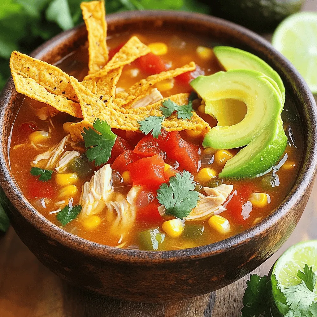 For a hearty bowl of Classic Chicken Tortilla Soup, gather the following: - 1 pound boneless, skinless chicken breasts - 1 tablespoon olive oil - 1 medium onion, chopped - 2 cloves garlic, minced - 1 red bell pepper, diced - 1 can (14.5 ounces) diced tomatoes - 4 cups chicken broth - 1 can (4 ounces) diced green chilies - 1 tablespoon ground cumin - 1 teaspoon smoked paprika - Salt and pepper to taste - 1 cup corn kernels (fresh, frozen, or canned) - 1 lime, juiced - Fresh cilantro, chopped for garnish - Tortilla strips (store-bought or homemade) - Avocado, sliced for serving (optional) - Shredded cheese (Mexican blend or cheddar, optional) Using fresh ingredients can really boost the flavor. I recommend choosing chicken breasts that are plump and firm. When picking your onion, look for one that feels heavy for its size. Opt for garlic with tight, dry skins for the best taste. For spices, always check the date on the label. Fresh spices make a big difference. When it comes to tomatoes, use diced ones in juice, not the ones in sauce. The broth should be low-sodium to control the salt level. If you prefer a richer flavor, use homemade chicken broth. You can elevate your soup with a few tasty garnishes. Fresh avocado adds creaminess. A sprinkle of shredded cheese gives a nice touch. Crispy tortilla strips add crunch and fun. Lastly, do not skip the cilantro; it brightens up the dish. You can also serve it with lime wedges for an extra zing! For a twist, consider adding sliced jalapeños for heat or black beans for more depth. Each addition creates a unique take on this classic dish. To see the full recipe, check out the complete instructions. To start, heat 1 tablespoon of olive oil in a large pot over medium heat. Once it warms, add 1 chopped onion. Sauté the onion for about 5 minutes until it softens. Then, stir in 2 minced garlic cloves and 1 diced red bell pepper. Cook for another 3 minutes until you smell the garlic. Next, add 1 pound of boneless, skinless chicken breasts to the pot. Season the chicken with salt, pepper, 1 tablespoon of ground cumin, and 1 teaspoon of smoked paprika. Cook the chicken for 2-3 minutes, stirring often. After that, pour in 1 can of diced tomatoes, 4 cups of chicken broth, and 1 can of diced green chilies. Stir well, and bring the mixture to a gentle boil. Once it boils, reduce the heat and let it simmer for 20 minutes. This cooks the chicken fully. Once done, take the chicken out of the pot. Let it cool for a bit. Use two forks to shred the chicken into bite-sized pieces. Return the shredded chicken back to the soup. Now, stir in 1 cup of corn kernels and the juice of 1 lime. Taste the soup and adjust the salt and pepper as needed. Let it simmer for 5 more minutes. Start by prepping ingredients first. Chop the onion and red bell pepper before cooking. This saves time and keeps you organized. While the chicken simmers, you can clean up your workspace. This makes cooking feel less chaotic. Also, use a timer for each step, so you stay on track. Lastly, make sure you have all your ingredients ready before you start. This way, you avoid last-minute searching. Shredding chicken can feel tricky, but I have a simple way. First, let the chicken cool after you take it out of the pot. This makes it easier to handle. Use two forks to pull the chicken apart. Hold one fork in each hand. Use the first fork to hold the chicken in place. With the second fork, pull the chicken apart into strips. If you have a stand mixer, you can use it too! Just place the cooked chicken in the bowl and use the paddle attachment. Turn it on low for a few seconds, and watch the chicken shred easily. This method saves time and gives you perfect shreds for your soup! To boost the taste of your soup, try these ideas: - Add a splash of lime juice. It brightens the flavors. - Use fresh herbs like cilantro or oregano. They add depth. - Consider roasted peppers for a smoky touch. They enhance the flavor. - Top your soup with crumbled queso fresco. It adds creaminess. - Spice it up with jalapeños or hot sauce. This adds heat. Many home cooks make a few common errors. Here’s how to avoid them: - Don’t skip the sauté step. It builds flavor in the base. - Be careful not to overcook the chicken. It should be juicy and tender. - Avoid using low-quality broth. Good broth makes a big difference. - Don’t forget to taste as you cook. Adjust seasonings early on. - Skip the tortilla strips at the end. They add a nice crunch. Having the right tools makes cooking easier. Here’s what you need: - A large pot or Dutch oven for cooking. - A sharp knife for chopping. - A cutting board for prep work. - Two forks for shredding chicken. - Ladles for serving soup. For more details, check the [Full Recipe]. {{image_2}} You can make a great vegetarian or vegan tortilla soup. Swap the chicken with hearty beans like black or pinto beans. Use vegetable broth instead of chicken broth for the base. Add more veggies, like zucchini or carrots, to boost flavor and texture. You can use tofu or tempeh for protein. Top your soup with avocado and tortilla strips for crunch. This version remains rich and satisfying. If you love heat, try my spicy version. Add sliced jalapeños or serrano peppers to the pot when you cook the onions. Use a spicier salsa instead of diced tomatoes. You can also add a few dashes of hot sauce right before serving. This will give a nice kick to your soup. Adjust the spice level to your liking, but remember to taste as you go! You can switch ingredients to create a regional twist. For a Southwest flair, add roasted corn or poblano peppers. If you want a Mexican touch, try using hominy instead of corn. Swap fresh cilantro for epazote for a unique flavor. Each change gives your soup a new taste. Let yourself explore and enjoy the cooking process. For the full recipe, check out the detailed instructions above! To keep your chicken tortilla soup fresh, store it in an airtight container. This helps lock in flavor and moisture. Allow the soup to cool to room temperature before sealing the container. It keeps well in the fridge for about 3 to 4 days. Make sure to label the container with the date. This way, you know when it was made. If you want to save your soup for later, freezing is a great option. First, allow the soup to cool completely. Pour the soup into freezer-safe bags or containers. Leave some space at the top, as liquids expand when frozen. The soup stays good for about 2 to 3 months in the freezer. When you’re ready to enjoy it again, simply thaw it overnight in the fridge. When reheating, do so gently to keep the soup tasty. Pour the soup into a pot over medium heat. Stir often to help it heat evenly. If it seems thick, add a bit of chicken broth or water to loosen it up. You can also reheat individual portions in the microwave. Just remember to stir halfway through for even heating. For more details on making this delicious dish, check out the Full Recipe. To make Classic Chicken Tortilla Soup gluten-free, you need to swap out the tortilla strips. Use gluten-free tortilla chips instead. You can also make homemade strips using gluten-free tortillas. Just cut them into strips and bake until crispy. Always check your canned ingredients, like broth and tomatoes, for gluten-free labels. For storing leftover soup, let it cool first. Then, place it in an airtight container. You can store it in the fridge for up to three days. If you want to keep it longer, freeze the soup. Use freezer-safe containers and leave some space for expansion. When you’re ready to eat, just thaw and reheat. Yes, using rotisserie chicken is a great shortcut! It saves time and adds flavor. Just shred the chicken and add it after the soup simmers. This method gives you a tasty dish without much effort. You can still follow the rest of the recipe as usual. For the full recipe, check the details above. This article covered all you need for making chicken tortilla soup. We talked about essential ingredients and their quality. You learned step-by-step instructions and helpful cooking tips. I shared tricks to avoid common mistakes and suggestions for equipment. We explored tasty variations and smart storage methods. Now, you can confidently create a flavorful soup. Enjoy your cooking journey and make it your own!