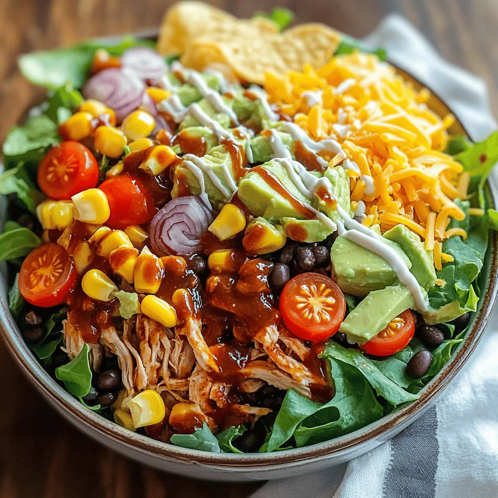 To make a BBQ Ranch Chicken Salad, you'll need fresh and tasty ingredients. Each one adds flavor and texture. Here’s a list to get you started: - Chicken - 2 cups cooked chicken breast, shredded - Vegetables - 4 cups mixed greens (spinach, romaine, arugula) - 1 cup cherry tomatoes, halved - 1/2 cup corn (canned or grilled) - 1/2 cup black beans, rinsed and drained - 1/2 red onion, thinly sliced - 1 avocado, diced - Dressings - 1/4 cup BBQ sauce (your favorite brand) - 1/4 cup ranch dressing - Seasonings - Salt and pepper to taste - Optional toppings - 1/2 cup shredded cheddar cheese - Tortilla chips for crunch These ingredients create a colorful and satisfying meal. Each one plays an important role in the overall taste. I love how the BBQ sauce mixes with ranch dressing. It brings a sweet and tangy flavor that makes this salad stand out. You can find the full recipe to make this delightful dish easily. Enjoy every bite! First, take your cooked chicken breast and shred it. I like to use a fork for this. In a bowl, mix the shredded chicken with your favorite BBQ sauce. Make sure every piece is coated well. This adds a nice flavor to the salad. Set the bowl aside while you prepare the rest. Grab a large salad bowl. Start by adding the mixed greens as your base. I love using a mix of spinach, romaine, and arugula. Next, add the halved cherry tomatoes, corn, black beans, and thinly sliced red onion on top. Finally, sprinkle the diced avocado over these layers. Now, it’s time to scatter the BBQ chicken evenly over your salad. Next, sprinkle shredded cheddar cheese all over the salad. This adds a delicious creaminess. Drizzle ranch dressing on top, adjusting the amount based on your taste. Gently toss the salad to mix everything well. Be careful not to bruise the greens. Season with salt and pepper to taste. For that extra crunch, you can add crushed tortilla chips on top or serve them on the side. Enjoy this colorful and tasty meal! For the entire process, you can check the Full Recipe for more details. Choosing the right BBQ sauce makes a big difference. Look for a sauce that you love. Sweet, tangy, or smoky—all add unique flavors. Try different brands until you find your favorite. For dressing, you can mix BBQ sauce with ranch. This adds depth and a nice kick. You can also try a honey mustard or a yogurt-based dressing. Each gives a fresh twist to the salad. Seasoning is key. I like to sprinkle salt and pepper on each layer. You can also add garlic powder or smoked paprika for extra flavor. Just a pinch can elevate the taste. Meal prep makes this salad easy. You can cook the chicken and chop the veggies ahead of time. Store them in separate containers. This keeps everything fresh. When you store components separately, the salad stays crisp. Keep the greens away from sauces until you're ready to eat. This helps avoid sogginess. You can mix everything just before serving. It’s that simple! For the full recipe, check out BBQ Ranch Chicken Salad. {{image_2}} You can switch up the protein in your BBQ Ranch Chicken Salad for fun. Grilled shrimp offers a sweet and smoky taste. They pair well with the BBQ sauce and ranch dressing. Just grill the shrimp until they turn pink. Toss them in with the other salad ingredients. Tofu or tempeh are great choices for a plant-based option. They soak up the flavors well. Press the tofu to remove excess water, then grill or sauté it for added texture. Cut the tempeh into slices or cubes for easy mixing. Adding veggies can make your salad more colorful and healthy. Try bell peppers, cucumber, or shredded carrots. They add crunch and freshness to the dish. You can also use roasted veggies for a warm contrast. For cheese, consider using feta or pepper jack. Feta adds a salty kick, while pepper jack gives a spicy twist. Both will enhance the flavor profile of your salad. For extra crunch, crushed tortilla chips are a fun option. You can also use nuts or seeds, like sunflower seeds or walnuts. They add texture and a satisfying bite. There are many ways to customize your BBQ Ranch Chicken Salad. Explore different flavors and textures to find your favorite mix! If you want the detailed recipe, check out the Full Recipe. To keep your BBQ Ranch Chicken Salad fresh, use airtight containers. This helps keep moisture in and air out. You can store it in the fridge for up to three days. Make sure to avoid adding the dressing until you are ready to eat. This keeps the greens crisp and tasty. When you want to serve leftovers, you can enjoy them cold or warm. If you prefer warm, heat the chicken in a pan. Do not heat the whole salad; it will make the greens soggy. You can also add fresh toppings or extra dressing to keep it exciting. Enjoy your meal! What is the best dressing for BBQ Ranch Chicken Salad? The best dressing for this salad is a mix of BBQ sauce and ranch dressing. This combination gives a sweet and tangy flavor. You can adjust the amounts to fit your taste. For a lighter option, use low-fat ranch or a yogurt-based dressing. Can I make this salad ahead of time? Yes, you can make this salad ahead of time. I recommend prepping the ingredients separately. Keep the dressing on the side until ready to serve. This keeps the greens fresh and crunchy. You can store the salad in the fridge for up to two days. What can I substitute for chicken in this recipe? You can use grilled shrimp, tofu, or tempeh as a substitute for chicken. These options give the salad a different twist. If you want a vegetarian meal, tofu or tempeh works well. They absorb flavors nicely and add protein. Calories and macronutrients One serving of BBQ Ranch Chicken Salad has about 400 calories. It contains protein from the chicken, healthy fats from the avocado, and fiber from the beans and veggies. This balance makes it a filling meal. Health benefits of ingredients The mixed greens add vitamins A and C. Cherry tomatoes boost antioxidants, while black beans provide protein and fiber. Avocado is full of healthy fats. Each ingredient contributes to a well-rounded meal. Gluten-free/dairy-free options This salad can be made gluten-free by checking your BBQ sauce and ranch dressing. For a dairy-free option, use dairy-free cheese or skip it altogether. You can also use a dairy-free ranch dressing for the same great taste. In this blog post, we covered the best ingredients for a BBQ Ranch Chicken Salad. You learned how to mix flavors and layer fresh veggies. I shared tips for enhancing taste and options for meal prep. You can choose from different proteins and salad add-ins to fit your needs. Storing and reheating leftovers were also discussed to keep your dish fresh. With these insights, you can create a tasty and satisfying salad. Enjoy making this dish your own!