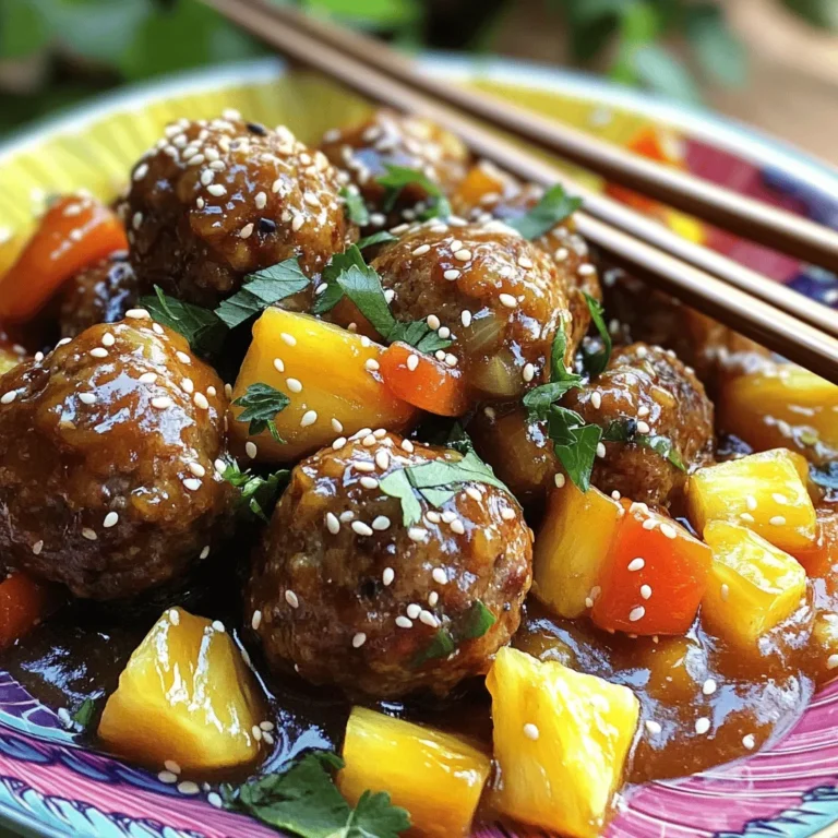 This recipe for sweet and sour meatballs uses simple ingredients that create a great taste. Here is what you will need: - 1 lb ground beef (or turkey for a lighter option) - 1/2 cup breadcrumbs - 1/4 cup grated Parmesan cheese - 1 large egg - 2 cloves garlic, minced - 1 tsp onion powder - 1 tsp black pepper - 1/2 tsp salt - 1/4 cup chopped fresh parsley - 1 cup pineapple chunks (fresh or canned) - 1 bell pepper (red or yellow), diced - 1/2 cup sweet and sour sauce (store-bought or homemade) - 1/4 cup soy sauce - 1 tbsp sesame oil - 1 tbsp cornstarch (for thickening) - Sesame seeds for garnish These ingredients mix well to create juicy, flavorful meatballs. The pineapple adds a sweet twist that pairs nicely with the tangy sauce. Fresh pineapple gives a bright, crisp taste to the meatballs. It also has a firmer texture. Canned pineapple is convenient and still tasty. It comes in juice, which adds sweetness to the sauce. Both options work well, but I prefer fresh for the best flavor. If you use canned, choose chunks packed in juice, not syrup, for a healthier choice. You can change the meat in this recipe to suit your taste. Ground turkey or chicken offers a lighter option. For a vegetarian twist, use plant-based meat or lentils. Each option changes the taste slightly but still keeps the dish delicious. Don’t hesitate to experiment! To start, gather your ingredients. In a large bowl, mix these items: - 1 lb ground beef (or turkey for a lighter option) - 1/2 cup breadcrumbs - 1/4 cup grated Parmesan cheese - 1 large egg - 2 cloves garlic, minced - 1 tsp onion powder - 1 tsp black pepper - 1/2 tsp salt - 1/4 cup chopped fresh parsley Combine all these well. Use your hands to blend them. This helps the flavors mix. Next, shape the mixture into 1-inch meatballs. Place them on a baking sheet lined with parchment paper. Set your oven to 400°F (200°C). Place the meatballs in the oven for 20 minutes. This will brown them nicely. Keep an eye on them to avoid overcooking. They should be firm and not pink inside. If you want extra flavor, you can brush them with a little oil before baking. While the meatballs bake, make your sweet and sour sauce. In a medium saucepan, mix: - 1/2 cup sweet and sour sauce (store-bought or homemade) - 1/4 cup soy sauce - 1 tbsp sesame oil - 1 cup pineapple chunks (fresh or canned) with juice Heat this mixture over medium heat. Stir gently to combine. In a small bowl, mix 1 tbsp cornstarch with 2 tablespoons of water. This creates a slurry. Slowly add the slurry to the saucepan, stirring constantly. This will thicken your sauce in about 2-3 minutes. Once the meatballs are done, add them to your sauce. Toss them well to coat. Then, add in one diced bell pepper and stir gently. Cook for an additional 2-3 minutes. This allows the peppers to soften slightly. Serve the meatballs over rice or noodles with extra sauce on top. Enjoy your tasty meal! For the complete recipe, check out the Full Recipe. To make your meatballs soft and juicy, use ground meat with some fat. A blend of beef and turkey works well. This extra fat keeps the meatballs moist. Avoid overmixing the meat mixture. Mix just enough to combine the ingredients. If you want to add moisture, include some grated onion or a splash of milk. This will help keep them tender. The key to great sweet and sour meatballs is balance. You want a mix of sweet and tangy. If your sauce is too sweet, add a splash of vinegar or lime juice. If it's too tangy, add a bit of sugar or honey. Taste the sauce as you make it. Adjust the flavors until it pleases your palate. You can also add more pineapple for extra sweetness or extra soy sauce for saltiness. Serve your sweet and sour meatballs over rice or noodles. This helps soak up the delicious sauce. You can also pair them with steamed vegetables like broccoli or snap peas for a colorful plate. For a fun twist, serve them as appetizers on toothpicks at parties. Don’t forget to sprinkle sesame seeds on top for a nice touch. For the full recipe, check out the delicious steps to make these meatballs! {{image_2}} You can easily swap meat for plant-based options. Use lentils or chickpeas for protein. Combine them with breadcrumbs, chopped veggies, and spices. For binding, use a flax egg or mashed banana. Shape these mixtures into meatballs just like the original recipe. Bake them until golden. This way, you keep the sweet and sour flavor while making it vegan-friendly. To give a twist, add some Asian flavors. Incorporate ginger and scallions into the meatball mix. You can also use hoisin sauce instead of sweet and sour sauce. For extra crunch, toss in water chestnuts or bamboo shoots. Serve with jasmine rice or noodles for an authentic touch. These additions will enhance the flavor and create a delightful meal. Want to make it lighter? Swap ground beef for turkey or chicken. Use whole wheat breadcrumbs instead of regular ones. This change boosts fiber and nutrients. You can also reduce the amount of sauce or use a low-sugar version. For a lower sodium option, try coconut aminos instead of soy sauce. These swaps keep the dish tasty while making it healthier for everyone. For the full recipe, check the earlier sections. Enjoy experimenting with these variations! To store leftover meatballs, let them cool first. Place them in an airtight container. They can stay in the fridge for about three to four days. Make sure to separate meatballs from the sauce if you want them to keep their texture. Freezing sweet and sour meatballs is simple. After they cool, put them in a freezer-safe bag. Remove as much air as possible. They can last in the freezer for up to three months. When you are ready to eat them, just thaw them in the fridge overnight. For the best results when reheating, use the oven. Preheat it to 350°F (175°C). Place the meatballs on a baking sheet and cover with foil. Heat for about 15-20 minutes until warm. You can also reheat them in a microwave for quick meals, but the oven keeps them tender. You can serve sweet and sour meatballs with many side dishes. Rice is a favorite choice. It absorbs the sauce well and adds a nice texture. Noodles also pair great with the meatballs. You can use egg noodles, rice noodles, or even spaghetti. For a fresh touch, add steamed veggies like broccoli or snap peas. They bring color and crunch to your plate. Lastly, some people enjoy these meatballs in a sub or over a salad. Don't be afraid to get creative! Yes, you can use ground chicken or pork for your meatballs. Ground chicken offers a lighter taste and lower fat. It works well with the sweet and sour sauce. Ground pork has a richer flavor and is juicier. Both options should still be seasoned well. Make sure to adjust cooking times if needed. The key is to ensure the meatballs cook through completely. Making homemade sweet and sour sauce is simple! Here’s how you can do it: 1. In a pan, combine 1 cup of sugar with 1/2 cup of vinegar. 2. Add 1/2 cup of ketchup for flavor and color. 3. Mix in 1 tablespoon of soy sauce for depth. 4. Stir over medium heat until the sugar dissolves. 5. To thicken, mix 1 tablespoon of cornstarch with 2 tablespoons of water. 6. Slowly add this to the sauce, stirring until it thickens. This sauce is great for dipping or drizzling over your meatballs. For a twist, add pineapple juice for more sweetness! You can find the full recipe in the article. Today, we explored how to create the perfect sweet and sour meatballs. We discussed the best ingredients, from fresh and canned pineapple to alternative meats. The step-by-step instructions made it easy to prepare, bake, and craft a tasty sauce. We shared tips to keep meatballs tender and ways to perfect the sauce's flavor. You can also try variations like vegan meatballs or Asian-inspired twists. Remember to store leftovers properly and reheat them for the best taste. Enjoy these meatballs with your favorite sides, and feel confident in your cooking skills!