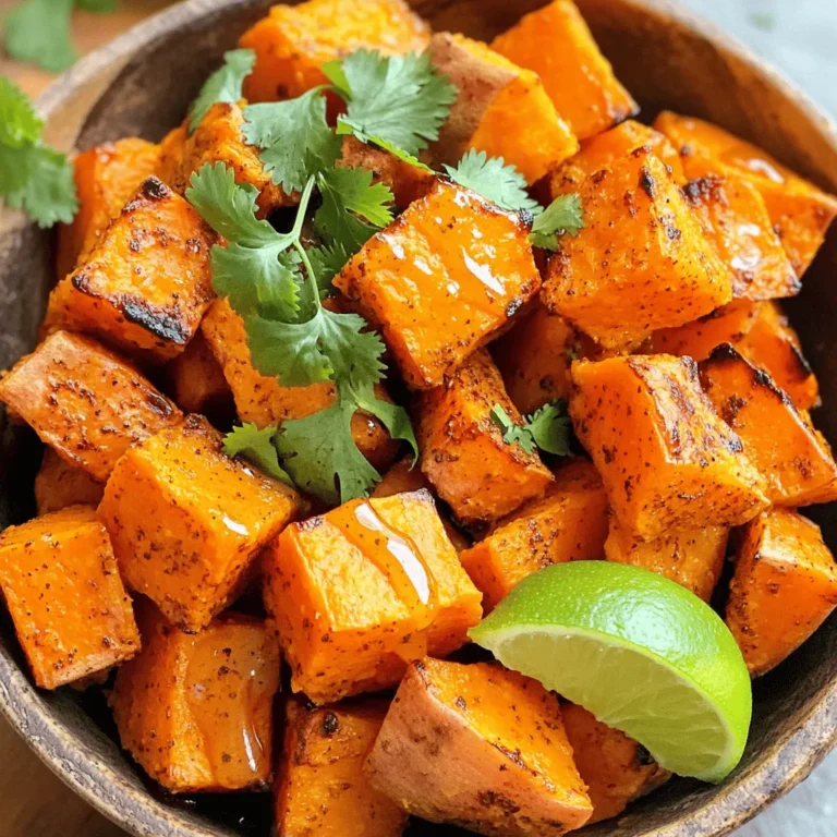 For spicy roasted sweet potatoes, you need simple and fresh ingredients. Here’s what you’ll need: - 3 medium sweet potatoes, peeled and cut into 1-inch cubes - 2 tablespoons olive oil - Spices: smoked paprika, cayenne pepper, garlic powder, onion powder - Additional seasonings: salt and black pepper - Sweetener options: honey or maple syrup - Garnish: fresh cilantro, chopped These ingredients come together to create a dish that is both tasty and easy to make. Sweet potatoes provide a natural sweetness, while the spices add a punch of flavor. Using honey or maple syrup gives the dish a delightful glaze. You can adjust the heat by changing the amount of cayenne pepper. Fresh cilantro brings a bright finish to your plate. If you want to see the full recipe, check out the section below. - Step 1: Preheat the oven and prepare baking sheet Start by preheating your oven to 425°F (220°C). This high heat helps the sweet potatoes become crispy. While the oven heats, line a baking sheet with parchment paper. This makes for easy cleanup later. - Step 2: Mix sweet potatoes with seasoning and oil In a large bowl, gather your cubed sweet potatoes. Pour in 2 tablespoons of olive oil. Add 1 teaspoon each of smoked paprika, cayenne pepper, garlic powder, and onion powder. Season with salt and black pepper to taste. Toss everything well until the sweet potatoes are fully coated in the mix. - Step 3: Spread sweet potatoes and roast in the oven Next, spread your seasoned sweet potatoes on the lined baking sheet. Make sure they are in a single layer. This spacing allows them to roast evenly. Place the baking sheet in the preheated oven and roast for 25 to 30 minutes. Stir the sweet potatoes halfway through to ensure all sides get crispy. - Step 4: Drizzle with honey/maple syrup and garnish Once the sweet potatoes are tender and crispy, take them out of the oven. Drizzle 2 tablespoons of honey or maple syrup over them. Toss again to coat. Finally, transfer the sweet potatoes to a serving dish and sprinkle with fresh cilantro for a tasty finish. For the complete recipe, check out the [Full Recipe]. To make the best spicy roasted sweet potatoes, pick firm and smooth sweet potatoes. Look for ones with no soft spots or blemishes. Choose medium-sized sweet potatoes for even cooking. When peeling, use a sharp peeler to remove the skin easily. Cut the sweet potatoes into 1-inch cubes. This size helps them cook at the same rate. Crispiness comes from roasting sweet potatoes at a high temperature. Preheat your oven to 425°F (220°C). Spread the sweet potatoes on the baking sheet in a single layer. Avoid crowding them. This gives them room to brown and crisp up. Stir halfway through cooking to ensure even roasting. You want them tender inside and crispy outside. For an extra kick, try adding cumin or chili powder. Fresh herbs also add flavor. Consider topping your sweet potatoes with avocado or a squeeze of lime. These toppings bring freshness to the dish. For a sweet finish, drizzle on honey or maple syrup after roasting. This contrast makes the flavors pop. You can find the full recipe in the earlier section. {{image_2}} For a vegan option, use maple syrup instead of honey. This sweetener adds depth and keeps the dish plant-based. It blends well with the spices and enhances the natural sweetness of the sweet potatoes. If you need gluten-free modifications, rest assured that this recipe is already gluten-free. All the spices and oils used are safe. Feel free to add your favorite gluten-free ingredients for extra flavor! To kick up the heat, try different hot spices. You can use chipotle powder or even a pinch of red pepper flakes. This gives a smoky flavor and makes the dish even more exciting. For a sweet and savory twist, add caramelized onions. Cook the onions slowly until they are golden brown. Toss them with the sweet potatoes before serving. This adds a lovely depth to the dish. Pair these spicy roasted sweet potatoes with proteins like grilled chicken or fish. They also taste great with a fresh salad. The sweetness balances the savory flavors of the proteins. For a creative presentation, serve the sweet potatoes in a colorful bowl. Add fresh cilantro on top for a nice touch. You could also add a wedge of lime on the side for a zesty kick. This makes the dish look more inviting and adds extra flavor. For the full recipe, check out the link above! To keep your spicy roasted sweet potatoes fresh, store them in an airtight container. This helps lock in moisture and flavor. You can use glass or plastic containers with tight lids. Avoid using bags, as they may not keep them as fresh. Make sure to let the sweet potatoes cool down before sealing them up. This prevents condensation, which can make them soggy. When reheating, the oven is my favorite method. Preheat it to 375°F (190°C). Spread the sweet potatoes on a baking sheet. Heat for about 10-15 minutes until warm. This helps them stay crispy. If you're in a hurry, you can use the microwave. Place sweet potatoes in a microwave-safe dish. Heat in short bursts of 30 seconds, stirring in between. This helps heat them evenly without making them mushy. For the best taste, go for the oven when you can! How long do spicy roasted sweet potatoes last in the fridge? Spicy roasted sweet potatoes can last 3 to 5 days in the fridge. Store them in an airtight container. This helps keep them fresh and tasty. Can I prepare the sweet potatoes in advance? Yes, you can prep the sweet potatoes ahead of time. Cut and season them, then store in the fridge for up to 24 hours. Just roast them when you're ready to eat. What can I serve with spicy roasted sweet potatoes? These sweet potatoes pair well with many dishes. Try serving them with grilled chicken, fish, or a fresh salad. You can add them to tacos for a fun twist too. How do I prevent the sweet potatoes from burning? To avoid burning, make sure to cut the sweet potatoes evenly. Spread them out on the baking sheet. Stir them halfway through cooking for even roasting. Can I substitute other vegetables for sweet potatoes? Yes, you can use other veggies like carrots or butternut squash. Just adjust the cooking time based on the vegetable you choose. Each will add its own tasty twist! You learned how to make tasty roasted sweet potatoes. We covered ingredients, step-by-step cooking, and tips. Remember to choose quality sweet potatoes for the best flavor. Use spices you enjoy to make it your own. Don't forget about storage and reheating so your leftovers stay great. With these ideas, you'll impress at any meal. Enjoy your cooking adventure!