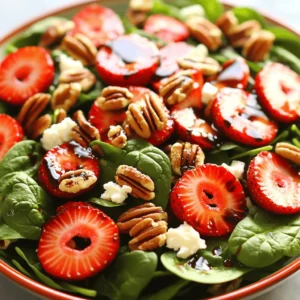 - 6 cups fresh baby spinach, washed and dried - 2 cups strawberries, hulled and sliced - 1/2 red onion, thinly sliced Fresh produce is key in this salad. Spinach gives a nice green base. Strawberries add sweetness and color. Red onion brings a bit of sharpness that balances the flavors. Together, they create a fresh and vibrant mix. - 1 cup pecans, chopped and toasted - 1/2 cup feta cheese, crumbled Nuts and cheese add texture and flavor. Pecans, when toasted, become crunchy and rich. Feta cheese adds a creamy, salty element. This mix makes every bite exciting and satisfying. - 1/4 cup balsamic vinegar - 2 tablespoons honey - 1/4 cup extra virgin olive oil - Salt and pepper to taste Dressings tie the salad together. Balsamic vinegar gives a tangy bite. Honey adds a touch of sweetness. Olive oil brings smoothness. Salt and pepper enhance all the flavors. You can find the Full Recipe for more details. Whisking the Dressing To start, you need to make the dressing. In a small bowl, mix the balsamic vinegar, honey, and olive oil. I like to use a whisk for this. Keep whisking until the mixture is smooth. This dressing adds a sweet and tangy flavor to the salad. After mixing, season it with salt and pepper to your taste. Set the dressing aside for later. Toasting the Pecans Next, let’s toast the pecans. Take a dry skillet and heat it over medium heat. Add the chopped pecans to the skillet. Stir them often. Toast for about 4 to 5 minutes, or until they smell fragrant and look golden brown. This step makes the pecans crunchy and brings out their rich flavor. Once done, remove them from the heat and let them cool. Combining Vegetables and Nuts Now, it’s time to assemble your salad. Grab a large mixing bowl. In the bowl, add the fresh baby spinach, sliced strawberries, and the toasted pecans. Gently mix everything together. This combination gives you a mix of textures and flavors. The spinach is crisp, while the strawberries add sweetness. Adding the Cheese After mixing the veggies and nuts, it’s time for cheese. Take the crumbled feta cheese and gently fold it into the salad. The feta adds a salty flavor that balances the sweetness of the strawberries. Be careful not to break the cheese too much; you want those nice, creamy chunks. Dressing the Salad With everything mixed, it’s time to dress the salad. Drizzle your prepared dressing over the salad. Toss everything gently to coat all the ingredients. Make sure every bite will have that delicious flavor. Serving Suggestions For serving, you can transfer the salad to a large platter or individual bowls. I like to garnish it with extra strawberry slices and a few whole pecans on top. This adds a lovely look. You can also drizzle a little extra balsamic glaze for a special touch. Enjoy your fresh and tasty Strawberry Spinach Pecan Salad! For the complete recipe, check out the [Full Recipe]. Toasting pecans brings out their rich flavor. The heat makes them crunchy and tasty. It only takes about 4-5 minutes. Keep stirring to avoid burning. If you don't have pecans, try walnuts or almonds. These nuts add good taste and texture too. You can change the dressing for new flavors. Try lemon juice or yogurt for a lighter taste. Both add a nice zing. If you want a sweet touch, use maple syrup instead of honey. Balancing the flavors is key. Mix sweet, tangy, and salty for a perfect bite. This salad pairs well with grilled chicken or fish. The fresh flavors work great together. For a nice look, serve it in a big bowl. Garnish with extra strawberries and whole pecans. A drizzle of balsamic glaze adds flair. Make it pretty for your guests! {{image_2}} You can change this salad with different fruits. Try adding blueberries for a sweet twist. Apples also work well, adding crunch and flavor. Seasonal fruits keep the salad fresh and exciting. You can also use different greens. If you want a stronger flavor, try arugula. Kale can add a hearty touch, too. Mixing greens gives your salad more color and texture. Need it gluten-free? This salad is naturally gluten-free, so no worries there. Just check any added dressings for gluten. If you're vegan, swap feta cheese for avocado. It adds creaminess and healthy fats. Use agave syrup instead of honey for the dressing. These simple swaps keep the salad tasty for everyone. For the full recipe, visit the [Full Recipe]. You can store your strawberry spinach pecan salad easily. - Refrigerator Storage: Place any leftover salad in an airtight container. This helps keep it fresh. The salad will stay good for about 1-2 days in the fridge. The strawberries may lose some crunch but will still taste great. - Freezing Considerations: Freezing this salad is not recommended. The spinach and strawberries do not freeze well. They become mushy once thawed. Enjoy this salad soon after making it for the best taste. - Freshness Tips: To keep your salad fresh, add the dressing just before serving. This prevents the greens from wilting. - Shelf Life of Ingredients: Spinach stays fresh for about 5-7 days in the fridge. Strawberries last about 3-7 days, depending on ripeness. Keep pecans in a cool, dry place for up to a month. For a full recipe, check out the complete details. You can prep this salad easily. Start by washing and drying the spinach. Slice the strawberries and red onion. Toast the pecans in advance and store them in an airtight container. For the dressing, mix balsamic vinegar, honey, and olive oil in a jar. Store it in the fridge. When you are ready to serve, combine all the ingredients in a bowl. Add the dressing right before serving to keep everything fresh. This way, you save time and enjoy a quick meal. If you don't like feta cheese, you have options. Try using goat cheese. It has a creamy texture and tangy flavor. Another great option is ricotta cheese, which is milder. You can also use shredded mozzarella for a different taste. For a dairy-free choice, try crumbled tofu. It soaks up the dressing well and adds protein. These swaps keep the salad tasty while fitting your dietary needs. To keep your salad fresh, store it properly. First, keep the spinach and dressing separate until serving. This prevents sogginess. Use a salad spinner to dry the greens well after washing. If you have leftovers, place them in an airtight container. Add a paper towel inside to absorb moisture. This helps maintain crispness. Eat the salad within a day or two for the best taste and texture. In this blog, I shared the key ingredients for a tasty salad, including fresh produce, nuts, and dressings. You learned how to prepare and assemble the salad step-by-step. I also provided tips for toasting pecans and modifying dressings. Variations allow for seasonal ingredients and dietary needs, while storage info helps keep leftovers fresh. Overall, this salad is easy to make and customize. Enjoy experimenting with flavors to create a dish you love!