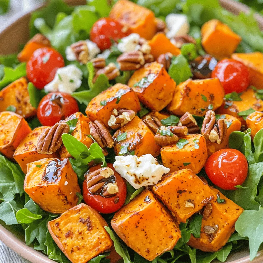 To make this tasty dish, gather the following ingredients: - 4 medium sweet potatoes, peeled and cubed - 3 tablespoons olive oil - 1 teaspoon smoked paprika - ½ teaspoon ground cumin - Salt and pepper to taste - 4 cups mixed greens (arugula, spinach, or kale) - 1 cup cherry tomatoes, halved - ½ cup feta cheese, crumbled - ¼ cup pecans, toasted and roughly chopped - 2 tablespoons balsamic vinegar - 1 tablespoon honey - Fresh parsley or cilantro for garnish You can add some extra ingredients to enhance the flavor: - Avocado for creaminess - Red onion for a sharp bite - Quinoa for added protein - Dried cranberries for sweetness This salad is not just delicious; it is also nutritious! Here’s a quick look at the benefits: - Sweet potatoes are rich in vitamins A and C. - Mixed greens provide fiber and iron. - Feta cheese adds protein and calcium. - Pecans are high in healthy fats and antioxidants. This dish is a great balance of flavors and nutrients. For the complete recipe, check out the Full Recipe. Start by peeling the sweet potatoes. I like to use medium-sized ones for this salad. Next, cut them into small cubes, about one inch. This size helps them cook evenly. Place the cubed sweet potatoes in a large mixing bowl. Preheat your oven to 425°F (220°C). Toss the sweet potatoes with olive oil, smoked paprika, ground cumin, salt, and pepper. Make sure every piece gets coated well. Spread the sweet potatoes on a baking sheet lined with parchment paper. Roast them for 25 to 30 minutes. Flip them halfway through to get an even roast. When they are tender and caramelized, they are done. While the sweet potatoes roast, prepare the salad. In a large salad bowl, mix the greens, cherry tomatoes, and crumbled feta cheese. Add the toasted pecans for a nice crunch. Once the sweet potatoes cool for a few minutes, add them to the salad bowl. Drizzle the balsamic dressing over the salad and toss gently. Taste and adjust the seasoning if needed. Garnish with fresh parsley or cilantro before serving. For the full details, see the Full Recipe. Roasting sweet potatoes brings out their natural sweetness. Here are some tips to get them just right: - Cut Evenly: Cube the sweet potatoes into similar sizes. This helps them cook evenly. - Use Parchment Paper: Line your baking sheet with parchment paper. It keeps the sweet potatoes from sticking. - Don’t Crowd the Pan: Spread the sweet potatoes in a single layer. This allows them to roast properly and become crispy. - Flip Halfway: Turn the sweet potatoes halfway through roasting. This helps them brown on all sides. The dressing elevates the salad and adds a burst of flavor. Here’s how to make it shine: - Balance Sweet and Tangy: Use equal parts balsamic vinegar and honey. This gives a nice balance. - Add Fresh Herbs: Mix in fresh herbs like parsley or cilantro. They add freshness and brightness to the dressing. - Season Well: Don’t forget salt and pepper. They enhance all the flavors in your dressing. A beautiful presentation makes your salad appealing. Here are a few ideas to wow your guests: - Use a Shallow Bowl: Serve the salad in a large, shallow bowl. This showcases the vibrant colors. - Add Extra Toppings: Sprinkle more feta and pecans on top. It adds texture and draws the eye. - Garnish with Herbs: Finish with fresh parsley or cilantro. It adds a pop of color and looks inviting. For the complete details, you can check the Full Recipe for Roasted Sweet Potato Salad. {{image_2}} You can switch up the greens in your salad. Use arugula for a peppery taste. Spinach adds a mild flavor. Try kale if you want a hearty base. Each green gives the dish a new twist. Feel free to add more toppings to your salad. Chopped apples or pears add sweetness and crunch. Dried cranberries give a burst of flavor. You can also add seeds, like pumpkin or sunflower. These little changes can make your salad shine. For a vegan option, skip the feta cheese. Use avocado for creaminess instead. Make sure to check labels for gluten-free ingredients. Most of the ingredients are naturally gluten-free, so it’s easy to adapt. These changes keep the salad tasty and meet all dietary needs. For the full recipe, check the section above. To store leftover salad, place it in an airtight container. This keeps the salad fresh. You can store it in the fridge for up to three days. Make sure to keep the dressing separate. This helps avoid soggy greens. If you have leftover roasted sweet potatoes, reheat them in the oven. Set the oven to 350°F (175°C). Spread the sweet potatoes on a baking sheet. Bake for about 10-15 minutes until warm. You can also use a microwave, but the oven keeps them crisp. To keep your salad ingredients fresh, store them separately. Keep greens in a damp paper towel inside a bag. This helps maintain moisture. Store cherry tomatoes at room temperature. Avoid refrigerating them, as cold can affect their taste. For feta cheese, wrap it in plastic wrap and store it in the fridge. Pecans should go in an airtight container to stay crunchy. Following these tips helps ensure your Roasted Sweet Potato Salad remains delicious and vibrant. For the full recipe, check out the instructions above. Yes, you can prepare the salad ahead of time. I recommend roasting the sweet potatoes and making the dressing first. You can store them in separate containers in the fridge. When ready to serve, mix them with the greens and other ingredients. This way, everything stays fresh. If you want to avoid feta, you have options. Goat cheese offers a tangy flavor. For a non-dairy choice, try tofu, mashed for creaminess. You can also use avocado for a rich taste. Each option adds its own unique flavor to your salad. Sweet potatoes are done when they are golden brown and soft. You can test them by poking with a fork. If it easily goes through, they are ready. The edges should be slightly caramelized for the best flavor. If you don’t have balsamic vinegar, try apple cider vinegar. It gives a nice tang. Lemon juice is another great choice, adding brightness. You can also mix soy sauce and a little honey for a different twist. Each option will still make the salad tasty. To make the salad more filling, add protein. Grilled chicken or chickpeas work well. You can also toss in quinoa or farro for extra substance. Nuts, like walnuts or almonds, can add crunch too. These additions will make your salad a complete meal. Roasted sweet potato salad shines with its blend of flavors and textures. We covered key ingredients and optional additions for extra taste. You learned how to roast sweet potatoes perfectly and mix them in a salad. Tips for serving and keeping it fresh enhance your meal prep. Try different greens and toppings to make it your own. This dish is easy to personalize and can fit any diet. Enjoy your colorful and healthy salad that is full of nutrients.