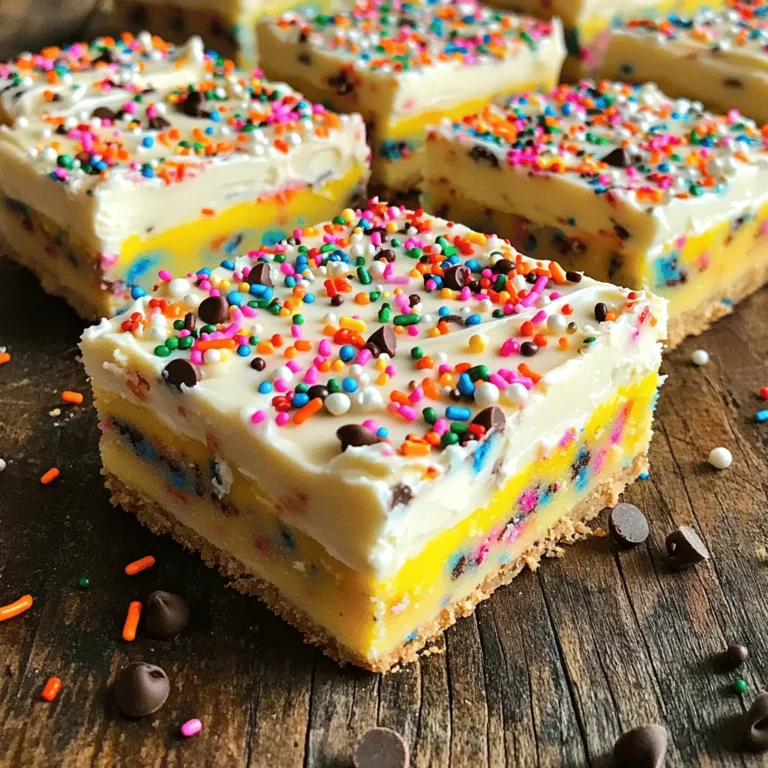 - 1 cup all-purpose flour (heat-treated) - 1/4 cup granulated sugar - 1/4 cup brown sugar, packed - 1/2 cup unsalted butter, melted - 1/4 teaspoon salt - 1 teaspoon vanilla extract - 1/2 cup rainbow sprinkles - 1/2 cup mini chocolate chips (optional) - 1 cup vanilla frosting Heat-treating flour is key for safety. Raw flour can have germs. To heat-treat, spread the flour on a baking sheet. Bake it at 350°F (175°C) for five minutes. This step kills any harmful bacteria, making it safe to eat without baking. If you want a gluten-free option, you can use a gluten-free flour blend. Look for one that is designed for baking. This makes it easy for everyone to enjoy these tasty bars. Feel free to mix it up with different sprinkles. You can use chocolate sprinkles, or even themed sprinkles for events. For frosting, try chocolate or cream cheese frosting instead. Each will give a new twist to the bars. You can always experiment to find your favorite combination! 1. Mixing the dry ingredients Start with a large mixing bowl. Add 1 cup of heat-treated flour, 1/4 cup of granulated sugar, 1/4 cup of brown sugar, and 1/4 teaspoon of salt. Use a whisk to blend them well. This mix forms the base of your bars. 2. Combining wet ingredients Next, pour in 1/2 cup of melted unsalted butter and 1 teaspoon of vanilla extract. Stir until everything combines into a dough. This part brings the sweetness and rich flavor to the bars. 1. Pressing mixture into the pan Line an 8x8-inch square baking pan with parchment paper. Leave some paper hanging over the edges. This makes it easy to lift the bars later. Press the dough evenly into the pan. Use a spatula to smooth the top. 2. Spreading the frosting evenly Grab 1 cup of vanilla frosting. Spread it over the pressed mixture. Use your spatula to create a nice, even layer. For fun, sprinkle some extra rainbow sprinkles on top for color and crunch. 1. Refrigeration time and tips for proper setting Place the pan in the fridge for at least 30 minutes. This helps the bars firm up. If you want them extra solid, leave them in longer. Once set, lift the bars out using the parchment paper. Cut into squares and enjoy! For the complete recipe, check out the Full Recipe section. - Overmixing the batter: Mixing too much can make your bars dense. Just mix until combined. - Skipping refrigeration: If you don’t chill the bars, they will stay too soft. Chill for at least 30 minutes. - Reducing sugar for less sweetness: You can cut down the granulated sugar. This will make the bars less sweet without losing flavor. - Adding flavor extracts: Try different extracts like almond or coconut. Just a little can change the taste. - Best mixing bowls and tools: Use a large mixing bowl for easy stirring. A sturdy spatula helps combine the batter well. - Recommended baking pan types: A metal or glass 8x8-inch pan works best. Line it with parchment paper for easy removal. For the full recipe, check out the No-Bake Funfetti Cake Batter Bars. {{image_2}} You can change the flavor of your No-Bake Funfetti Cake Batter Bars easily. Try making chocolate cake batter bars by swapping in chocolate cake mix for the flour. Just mix it in as you would the flour. This gives a rich, chocolatey taste that many love. Another fun twist is using peanut butter. Replace the butter with creamy peanut butter. This adds a nutty flavor that pairs well with sprinkles. You can also mix in mini chocolate chips for extra indulgence. Make your bars pop with seasonal decorations. Use holiday-themed sprinkles for Christmas, Halloween, or birthdays. You can find sprinkles shaped like stars, hearts, or seasonal colors. This makes the bars festive and fun for any occasion. You can also change the color of your sprinkles based on the season. For spring, use pastel colors. For summer, bright colors shine. This small touch makes your bars look special and inviting. Want a vegan version? It’s easy! For dairy-free substitutions, use coconut oil in place of butter. It gives a nice flavor and texture. You can also use plant-based milk for the frosting. For frosting, try a vegan buttercream made with powdered sugar and plant-based butter. This way, you keep the creamy texture without using dairy. These options make your delicious bars suitable for everyone! For the full recipe, check out the [Full Recipe]. To keep your No-Bake Funfetti Cake Batter Bars fresh, store them in the refrigerator. Place the bars in an airtight container. This helps keep them moist and tasty. You can also cover them tightly with plastic wrap. If you want to save them for later, you can freeze them. Cut the bars into squares first. Wrap each piece in plastic wrap and then put them in a freezer bag. They will stay fresh this way! When stored correctly, these bars can last about a week in the fridge. If you freeze them, expect them to stay fresh for up to three months. Always check for any signs of spoilage before eating them. Look for changes in color or smell. You don’t need to reheat these bars, as they are best served cold. If you want a warm treat, you can microwave them for a few seconds. Just be careful not to overheat. A few seconds is all you need to enjoy a soft, tasty treat! No, you should not use regular flour. Raw flour can contain harmful bacteria. Heat-treated flour kills these germs and makes the flour safe for no-bake recipes. You can easily heat-treat flour at home by baking it on a baking sheet. Spread it out and bake at 350°F for about five minutes. Let it cool before using. These bars stay fresh for about five days at room temperature. To keep them longer, store them in the fridge. You know they are spoiled if they smell bad or look dry. Check for any mold as well. If you see any signs of spoilage, toss them out. Yes, you can make these bars ahead of time. They are great for parties and special events. Just prepare them a day or two before. Store them in the fridge until you are ready to serve. To save time, you can also press the mixture into the pan and chill it. Frost just before serving for the best taste. You can easily swap ingredients if needed. If you lack rainbow sprinkles, use chocolate or other types. For the frosting, any flavor works well. Don’t have mini chocolate chips? You can skip them or use nuts instead. Just be creative and adjust the recipe to fit what you have at home. For the full recipe, check the original instructions. This blog post covered the key ingredients, steps, and tips for making delicious dessert bars. We discussed crucial details like heat-treating flour and gluten-free options. I shared variations and ideas for seasonal fun, plus how to store and reheat leftovers. In summary, these bars are easy to make and fun to customize. With simple ingredients and clear steps, you're ready to bake. Enjoy creating your own tasty treats!